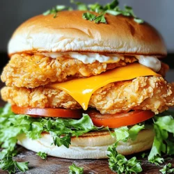 The key ingredients make this sandwich special. Here’s what you need: - 2 boneless, skinless chicken breasts - 1 cup buttermilk (or milk with 1 tablespoon vinegar added) - 1 cup all-purpose flour - 1 teaspoon garlic powder - 1 teaspoon onion powder - ½ teaspoon paprika - ½ teaspoon baking powder - Salt and pepper to taste - Vegetable oil for frying - 4 burger buns, lightly toasted - 4 slices of cheddar cheese - Fresh lettuce leaves - Tomato slices - Mayonnaise (optional) - 2 tablespoons fresh parsley, chopped (for garnish) These ingredients come together to create a crispy, flavorful chicken sandwich. The buttermilk helps tenderize the chicken. The spices give it a wonderful taste. You can customize your crispy garlic chicken sandwich in many ways. Here are some ideas: - Add crispy bacon for extra flavor. - Use different cheeses like pepper jack or Swiss. - Try spicy aioli instead of mayonnaise. - Top with pickles for a tangy crunch. - Add avocado slices for creaminess. These options let you make the sandwich your own. Mix and match to find your perfect flavor. Understanding the nutrition helps you make better choices. Here’s a general idea of what’s in each sandwich: - Calories: About 550 - Protein: 30g - Carbohydrates: 40g - Fat: 25g This sandwich is hearty and filling. It provides a good balance of protein and carbs. For a lighter meal, consider adding more veggies or using less oil when frying. For the full recipe, check out the recipe link. Start by marinating the chicken. Take the two boneless, skinless chicken breasts and place them in a bowl. Pour in one cup of buttermilk. The buttermilk makes the chicken juicy and tender. Let the chicken soak for at least 30 minutes. If you can, let it sit in the fridge for up to two hours. This extra time adds more flavor. Next, prepare the flour coating. In a separate bowl, mix one cup of all-purpose flour with one teaspoon of garlic powder, one teaspoon of onion powder, half a teaspoon of paprika, and half a teaspoon of baking powder. Add salt and pepper to taste. This mix gives the chicken a tasty crunch. Now, it's time to cook the chicken. Heat about half an inch of vegetable oil in a large skillet over medium-high heat. When the oil is hot, carefully add the coated chicken breasts. Fry each side for about 4-5 minutes. You want them golden brown and cooked through. Check the internal temperature; it should reach 165°F. Once done, remove the chicken and let it drain on paper towels. Finally, assemble your sandwich. Take a toasted burger bun and spread a layer of mayonnaise if you like. Place a crispy chicken breast on the bottom half. Add a slice of cheddar cheese, fresh lettuce leaves, and tomato slices on top. Cover it with the top half of the bun. Garnish with chopped parsley for extra flair. Enjoy your delicious creation! Marinating chicken is key for flavor and juiciness. Use buttermilk for the best results. Soak your chicken breasts for at least 30 minutes. You can marinate them for up to 2 hours in the fridge for more flavor. The acid in buttermilk helps tenderize the meat. This step makes your chicken soft and tasty. To fry your chicken just right, heat oil to medium-high. Use enough oil to cover the chicken halfway. If the oil is too cold, your chicken will be greasy. If it’s too hot, it will burn. Fry for 4-5 minutes on each side. Check the chicken’s internal temperature; it should reach 165°F. This ensures it’s cooked through. Let the chicken rest on paper towels to drain excess oil. To boost flavor, add spices to your flour mix. Garlic powder, onion powder, and paprika work great together. For extra crunch, consider double-coating the chicken. Coat it in the flour, then dip it back in buttermilk and coat it again. You can also use fresh herbs like thyme or rosemary in the flour mix. These little tweaks make a big difference in your crispy garlic chicken sandwich. For the full recipe, check out the details provided! {{image_2}} You can add heat to your crispy garlic chicken sandwich. Mix cayenne pepper into the flour. Use one teaspoon for a mild kick. For more spice, increase the amount. You can also add sliced jalapeños on top of the chicken. This gives it a fresh, spicy flavor. Another option is to use spicy mayo. Just mix mayo with sriracha or hot sauce. If you want a lighter meal, try baking the chicken. Instead of frying, coat the chicken in the flour mix. Then, place it on a baking sheet. Spray the chicken lightly with cooking oil. Bake at 400°F for 20-25 minutes. This method keeps the chicken crispy without all the oil. Serve it on a whole grain bun for added fiber. Don't worry if you want a meatless version! You can use portobello mushrooms instead of chicken. Marinate the mushrooms in buttermilk like you do with chicken. Then, coat them in the flour mix and bake or fry. Another tasty option is breaded eggplant slices. They provide a hearty texture. Top with your favorite veggies and sauces for a delicious bite. For more ideas, check out the full recipe! To keep your leftover crispy garlic chicken sandwiches fresh, wrap each one tightly in plastic wrap. Place them in an airtight container. Store them in the fridge for up to three days. If you want to keep them longer, freezing is a great option. When you are ready to eat your leftover sandwiches, use the oven or an air fryer. Preheat the oven to 350°F. Place the sandwiches on a baking sheet. Heat them for about 10 to 15 minutes, or until hot. This will help the bread stay crispy. Avoid the microwave, as it can make the bread soggy. You can freeze the individual chicken pieces. After frying, let them cool completely. Wrap each piece in plastic wrap and then foil. Store them in a freezer-safe bag. They can last for up to three months. When you want to eat, thaw them in the fridge overnight. Then, follow the reheating tips to enjoy that crispy goodness again. For the full recipe, check out the detailed instructions above. To keep your crispy chicken crunchy, drain it well after frying. Place it on a wire rack instead of paper towels. This allows air to circulate around the chicken. You can also fry it just before serving to keep it fresh and hot. Yes, you can use other types of cheese. Provolone or pepper jack add nice flavors. You can even try a creamy blue cheese for a bold taste. Just make sure it melts well on the hot chicken. Great sides include crispy fries, a fresh salad, or coleslaw. Pickles also work well, adding a nice tang. You can serve sweet potato fries for a fun twist. Pairing these sides brings balance to the meal. To make it gluten-free, swap the all-purpose flour for a gluten-free blend. Use gluten-free buns for the sandwich. Check that your buttermilk is gluten-free as well. This way, you can still enjoy the crispy goodness without gluten. You can find the full recipe for Crispy Garlic Chicken Sandwich in the recipe section. It includes all the ingredients and steps to make this tasty dish. You learned about the key ingredients and steps to make a great crispy garlic chicken sandwich. I shared tips to ensure perfect frying and ways to customize your meal. You can enjoy different variations and know how to store leftovers. With this knowledge, you can make a tasty sandwich for any occasion. Do not forget to experiment and find what you love! Happy cooking!
