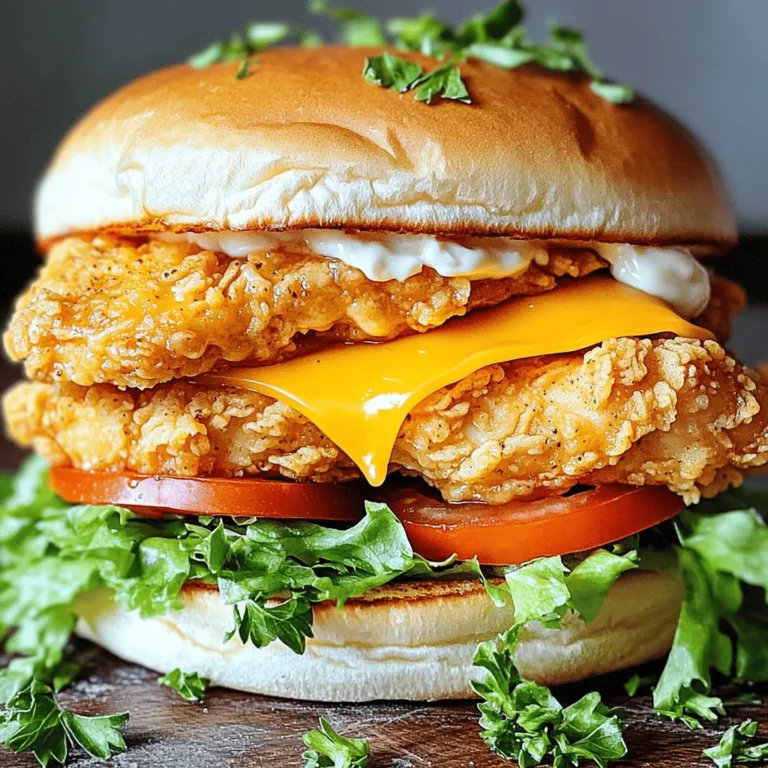 The key ingredients make this sandwich special. Here’s what you need: - 2 boneless, skinless chicken breasts - 1 cup buttermilk (or milk with 1 tablespoon vinegar added) - 1 cup all-purpose flour - 1 teaspoon garlic powder - 1 teaspoon onion powder - ½ teaspoon paprika - ½ teaspoon baking powder - Salt and pepper to taste - Vegetable oil for frying - 4 burger buns, lightly toasted - 4 slices of cheddar cheese - Fresh lettuce leaves - Tomato slices - Mayonnaise (optional) - 2 tablespoons fresh parsley, chopped (for garnish) These ingredients come together to create a crispy, flavorful chicken sandwich. The buttermilk helps tenderize the chicken. The spices give it a wonderful taste. You can customize your crispy garlic chicken sandwich in many ways. Here are some ideas: - Add crispy bacon for extra flavor. - Use different cheeses like pepper jack or Swiss. - Try spicy aioli instead of mayonnaise. - Top with pickles for a tangy crunch. - Add avocado slices for creaminess. These options let you make the sandwich your own. Mix and match to find your perfect flavor. Understanding the nutrition helps you make better choices. Here’s a general idea of what’s in each sandwich: - Calories: About 550 - Protein: 30g - Carbohydrates: 40g - Fat: 25g This sandwich is hearty and filling. It provides a good balance of protein and carbs. For a lighter meal, consider adding more veggies or using less oil when frying. For the full recipe, check out the recipe link. Start by marinating the chicken. Take the two boneless, skinless chicken breasts and place them in a bowl. Pour in one cup of buttermilk. The buttermilk makes the chicken juicy and tender. Let the chicken soak for at least 30 minutes. If you can, let it sit in the fridge for up to two hours. This extra time adds more flavor. Next, prepare the flour coating. In a separate bowl, mix one cup of all-purpose flour with one teaspoon of garlic powder, one teaspoon of onion powder, half a teaspoon of paprika, and half a teaspoon of baking powder. Add salt and pepper to taste. This mix gives the chicken a tasty crunch. Now, it's time to cook the chicken. Heat about half an inch of vegetable oil in a large skillet over medium-high heat. When the oil is hot, carefully add the coated chicken breasts. Fry each side for about 4-5 minutes. You want them golden brown and cooked through. Check the internal temperature; it should reach 165°F. Once done, remove the chicken and let it drain on paper towels. Finally, assemble your sandwich. Take a toasted burger bun and spread a layer of mayonnaise if you like. Place a crispy chicken breast on the bottom half. Add a slice of cheddar cheese, fresh lettuce leaves, and tomato slices on top. Cover it with the top half of the bun. Garnish with chopped parsley for extra flair. Enjoy your delicious creation! Marinating chicken is key for flavor and juiciness. Use buttermilk for the best results. Soak your chicken breasts for at least 30 minutes. You can marinate them for up to 2 hours in the fridge for more flavor. The acid in buttermilk helps tenderize the meat. This step makes your chicken soft and tasty. To fry your chicken just right, heat oil to medium-high. Use enough oil to cover the chicken halfway. If the oil is too cold, your chicken will be greasy. If it’s too hot, it will burn. Fry for 4-5 minutes on each side. Check the chicken’s internal temperature; it should reach 165°F. This ensures it’s cooked through. Let the chicken rest on paper towels to drain excess oil. To boost flavor, add spices to your flour mix. Garlic powder, onion powder, and paprika work great together. For extra crunch, consider double-coating the chicken. Coat it in the flour, then dip it back in buttermilk and coat it again. You can also use fresh herbs like thyme or rosemary in the flour mix. These little tweaks make a big difference in your crispy garlic chicken sandwich. For the full recipe, check out the details provided! {{image_2}} You can add heat to your crispy garlic chicken sandwich. Mix cayenne pepper into the flour. Use one teaspoon for a mild kick. For more spice, increase the amount. You can also add sliced jalapeños on top of the chicken. This gives it a fresh, spicy flavor. Another option is to use spicy mayo. Just mix mayo with sriracha or hot sauce. If you want a lighter meal, try baking the chicken. Instead of frying, coat the chicken in the flour mix. Then, place it on a baking sheet. Spray the chicken lightly with cooking oil. Bake at 400°F for 20-25 minutes. This method keeps the chicken crispy without all the oil. Serve it on a whole grain bun for added fiber. Don't worry if you want a meatless version! You can use portobello mushrooms instead of chicken. Marinate the mushrooms in buttermilk like you do with chicken. Then, coat them in the flour mix and bake or fry. Another tasty option is breaded eggplant slices. They provide a hearty texture. Top with your favorite veggies and sauces for a delicious bite. For more ideas, check out the full recipe! To keep your leftover crispy garlic chicken sandwiches fresh, wrap each one tightly in plastic wrap. Place them in an airtight container. Store them in the fridge for up to three days. If you want to keep them longer, freezing is a great option. When you are ready to eat your leftover sandwiches, use the oven or an air fryer. Preheat the oven to 350°F. Place the sandwiches on a baking sheet. Heat them for about 10 to 15 minutes, or until hot. This will help the bread stay crispy. Avoid the microwave, as it can make the bread soggy. You can freeze the individual chicken pieces. After frying, let them cool completely. Wrap each piece in plastic wrap and then foil. Store them in a freezer-safe bag. They can last for up to three months. When you want to eat, thaw them in the fridge overnight. Then, follow the reheating tips to enjoy that crispy goodness again. For the full recipe, check out the detailed instructions above. To keep your crispy chicken crunchy, drain it well after frying. Place it on a wire rack instead of paper towels. This allows air to circulate around the chicken. You can also fry it just before serving to keep it fresh and hot. Yes, you can use other types of cheese. Provolone or pepper jack add nice flavors. You can even try a creamy blue cheese for a bold taste. Just make sure it melts well on the hot chicken. Great sides include crispy fries, a fresh salad, or coleslaw. Pickles also work well, adding a nice tang. You can serve sweet potato fries for a fun twist. Pairing these sides brings balance to the meal. To make it gluten-free, swap the all-purpose flour for a gluten-free blend. Use gluten-free buns for the sandwich. Check that your buttermilk is gluten-free as well. This way, you can still enjoy the crispy goodness without gluten. You can find the full recipe for Crispy Garlic Chicken Sandwich in the recipe section. It includes all the ingredients and steps to make this tasty dish. You learned about the key ingredients and steps to make a great crispy garlic chicken sandwich. I shared tips to ensure perfect frying and ways to customize your meal. You can enjoy different variations and know how to store leftovers. With this knowledge, you can make a tasty sandwich for any occasion. Do not forget to experiment and find what you love! Happy cooking!