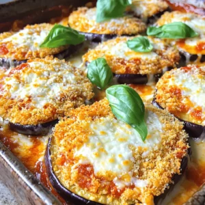 When making Baked Eggplant Parmesan, you will need simple ingredients that create rich flavors. Here’s what you’ll gather: - 2 large eggplants, sliced into 1/2 inch rounds - 1 ½ cups marinara sauce - 2 cups shredded mozzarella cheese - 1 cup grated Parmesan cheese - 1 cup all-purpose flour - 3 large eggs, beaten - 2 cups panko breadcrumbs - Seasonings: salt, black pepper, dried oregano - Fresh basil (for garnish) - Olive oil spray These ingredients work together to make this dish a savory delight. The eggplant forms the base, while the cheeses create a creamy, cheesy layer. Marinara sauce adds a tangy touch. Using panko gives the eggplant a great crunch. Each ingredient plays a role in making this recipe special. Get ready to enjoy a comforting meal that feels like a restaurant dish at home. You can find the full recipe to guide you through the cooking process. Start by prepping the eggplant. Slice the two large eggplants into 1/2 inch rounds. This thickness helps them cook evenly. Place the slices in a colander and sprinkle them with salt. This step draws out moisture and bitterness. Let them sit for about 30 minutes. After that, rinse the slices under cold water. Pat them dry with paper towels to remove excess moisture. Next, set up your breading station. Use three shallow dishes. In the first dish, add 1 cup of all-purpose flour. The second dish should hold three beaten large eggs. In the third dish, mix 2 cups of panko breadcrumbs with one teaspoon of salt, one teaspoon of black pepper, and one tablespoon of dried oregano. Now it’s time to start breading the eggplant slices. Dip each slice first in the flour. This helps the egg stick better. Next, place it into the beaten eggs. Make sure the egg covers the entire slice. Finally, coat each slice in the breadcrumb mixture. Press the breadcrumbs onto the eggplant to ensure they stick well. Once breaded, arrange the slices in a single layer on a greased baking sheet. Lightly spray the tops with olive oil for a crispy finish. Bake the eggplant in your preheated oven at 375°F (190°C) for about 25 minutes. Flip the slices halfway through to ensure they brown evenly. They should come out golden and crispy. Next, it's time to layer the ingredients in a baking dish. Start by spreading a layer of marinara sauce at the bottom. Place the baked eggplant slices on top of the sauce. Then, sprinkle a layer of shredded mozzarella and grated Parmesan cheese. Repeat these layers until you use all the ingredients, finishing with a layer of cheese on top. For the final baking session, place the assembled Eggplant Parmesan in the oven. Bake for an additional 25-30 minutes. Look for the cheese to be bubbly and golden. You can find the full recipe here and enjoy your delicious creation! How to choose the best eggplants Look for firm, shiny skin. The eggplant should feel heavy for its size. Avoid any with soft spots or wrinkles. Smaller eggplants tend to be sweeter. Choose medium-sized ones for the best flavor and texture. Importance of salting the eggplant Salting eggplants is key. It pulls out moisture and bitterness. This means a better texture and taste. After salting, rinse the slices and pat them dry. This step makes your dish much better. Ensuring even browning To get even browning, space the eggplant slices well. Don’t overcrowd the baking sheet. Use a light spray of olive oil on each side. Flip them halfway through baking for a nice golden color. Tips for achieving crispy texture Use panko breadcrumbs for extra crunch. They are lighter and crispier than regular ones. Make sure to coat each slice well. A light spray of oil helps achieve that crunchy finish. Best side dishes to accompany Eggplant Parmesan Serve your Eggplant Parmesan with a fresh salad. Garlic bread or a side of pasta works well, too. For a lighter option, a simple vegetable medley can be great. Presentation ideas for serving Garnish with fresh basil for a pop of color. Serve in a nice dish to show off the layers. Cut into squares for easy serving. A sprinkle of extra cheese on top adds a nice touch. For the full recipe, check out the instructions above. Enjoy your cooking! {{image_2}} You can make Baked Eggplant Parmesan even healthier. For gluten-free options, swap regular breadcrumbs with gluten-free ones. You can find many brands that taste great. They help keep your dish crispy without the gluten. If you're looking for low-fat cheese, try part-skim mozzarella or reduced-fat Parmesan. These cheeses melt well and cut down on calories. You still get that cheesy goodness without the guilt! Want to take your Eggplant Parmesan to the next level? Try adding spices or vegetables to the layers. Fresh garlic or crushed red pepper can add a nice kick. You can also layer in spinach or mushrooms for extra flavor and nutrition. Using homemade marinara sauce can boost the taste even more. A simple sauce made with fresh tomatoes and herbs will shine. However, if you’re short on time, a good-quality store-bought sauce works too. For a great meal, pair your Eggplant Parmesan with a fresh salad. A simple salad with mixed greens and vinaigrette is perfect. You can also serve it with garlic bread for a classic touch. If you want more protein, add grilled chicken or shrimp on the side. This will make your meal more filling and balanced. Enjoy your delicious dish with friends or family! To keep your Baked Eggplant Parmesan fresh, store it in the fridge. Use an airtight container. This helps keep the flavors intact. You can enjoy the leftovers for up to three days. If you want to save it for later, you can freeze it. Wrap it tightly in plastic wrap and then in aluminum foil. This method prevents freezer burn. You can keep it frozen for up to three months. When you’re ready to eat your leftovers, reheating them right is key. The best method is to use the oven. Preheat your oven to 350°F (175°C). Place the Eggplant Parmesan in a baking dish. Cover it with foil to keep moisture in. Bake for about 20 minutes, or until heated through. If you prefer using a microwave, be careful. Use a microwave-safe dish. Heat it in short bursts, around 30 seconds. Check often to avoid sogginess. To keep the texture nice, try reheating in the oven whenever you can. Enjoy your delicious meal anytime! For the full recipe, check out the entire guide. Can I make Baked Eggplant Parmesan ahead of time? Yes, you can prepare it in advance. Just layer the eggplant and sauce in a baking dish. Cover it and store it in the fridge for up to 24 hours. When you're ready, bake it as usual. This helps the flavors marry nicely. What can I substitute for Parmesan cheese? If you need a substitute, try nutritional yeast for a vegan option. You can also use pecorino romano for a similar taste. Grated cheddar works well too, but it will change the flavor a bit. How can I make Eggplant Parmesan vegan-friendly? To make it vegan, use a flax egg or a commercial egg replacer instead of eggs. Choose non-dairy cheese for the layers, and make sure your marinara sauce is vegan. This way, you keep the dish tasty and plant-based. What is the total cooking time? The total cooking time is about one hour. This includes 25 minutes for baking the eggplant and an additional 25-30 minutes for the assembled dish. How long does it take to cool before serving? Let it cool for about 10 minutes before serving. This helps the layers set and makes it easier to slice. Caloric content per serving Each serving has around 350 calories. This can vary depending on the cheese and sauce you use. Common allergens in the recipe This recipe contains dairy, eggs, and gluten. If you have allergies, consider alternatives like gluten-free breadcrumbs and dairy-free cheese. In this article, we explored how to make Baked Eggplant Parmesan. We covered ingredients, preparation steps, and tips for perfecting your dish. I shared variations for healthier options and ways to store leftovers. Enjoying this rich meal can be simple and fun. With practice, you can create a delicious Eggplant Parmesan that everyone will love. Keep experimenting with flavors and techniques. Your kitchen will become a place of creativity and joy.