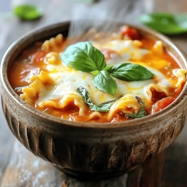 To create a rich and flavorful One Pot Lasagna Soup, you will need the following ingredients: - 1 tablespoon olive oil - 1 medium onion, chopped - 3 cloves garlic, minced - 1 pound ground beef or Italian sausage (or a plant-based alternative) - 1 teaspoon Italian seasoning - 1/2 teaspoon red pepper flakes (optional) - 1 can (28 ounces) crushed tomatoes - 4 cups beef broth (or vegetable broth) - 8 ounces lasagna noodles, broken into bite-sized pieces - 1 cup ricotta cheese - 1 cup shredded mozzarella cheese - 1/2 cup grated Parmesan cheese - Fresh basil, for garnish - Salt and pepper to taste Each ingredient adds its own charm to the soup. The olive oil gives a nice base flavor. Onions and garlic bring out the savory notes. Ground beef or sausage adds heartiness. Italian seasoning and red pepper flakes boost the flavor profile. Crushed tomatoes and broth provide the soup's body. Lasagna noodles make it filling and fun. Ricotta, mozzarella, and Parmesan add creaminess and richness. Fresh basil gives a bright finish. Finally, salt and pepper tie it all together. For the full recipe, check out the One Pot Lasagna Soup section. 1. First, heat 1 tablespoon of olive oil in a large pot over medium heat. 2. Add 1 medium chopped onion and sauté it until it turns golden, about 5 minutes. 3. Stir in 3 minced garlic cloves and cook for another 1-2 minutes. This step adds great flavor. 4. Next, add 1 pound of ground beef or Italian sausage to the pot. Cook it until browned. 5. Season with 1 teaspoon of Italian seasoning, and a dash of salt and pepper. If you like heat, add 1/2 teaspoon of red pepper flakes. 6. Pour in 1 can (28 ounces) of crushed tomatoes and 4 cups of beef broth. Stir well to combine. 7. Bring this mixture to a gentle simmer. Once it bubbles, it's time to add the noodles. 8. Break 8 ounces of lasagna noodles into bite-sized pieces. Add them to the pot and cook for 10-12 minutes. They should be al dente when done. 9. Reduce the heat to low. Stir in 1 cup of ricotta cheese until it mixes in well. 10. Now, add 1 cup of shredded mozzarella cheese and 1/2 cup of grated Parmesan cheese. Mix until all the cheese melts. 11. Taste your soup and adjust the seasoning if needed. Let it sit for another 5 minutes to enhance the flavors. 12. Serve hot, garnished with fresh basil leaves on top. For the full recipe, check the [Full Recipe]. You can switch up the meat in your One Pot Lasagna Soup. If you eat meat, use ground beef or Italian sausage. For those who prefer plant-based options, lentils or mushrooms work well. They add nice texture and flavor. Using fresh ingredients can elevate your soup. Fresh garlic and onion add a bold taste. However, canned tomatoes can save time. They still provide great flavor. Choose what fits your cooking style. Spices and herbs can take your soup to the next level. Italian seasoning is a must for that classic taste. You can also add basil or oregano for a fresh twist. Red pepper flakes give a nice kick. Adjust the amount based on your heat preference. If you like more heat, try cayenne pepper. Start with a pinch and taste as you go. You can always add more, but you can't take it out! How you serve your soup matters. Use wide bowls for a nice look. Garnish with fresh basil leaves on top. This adds color and a fresh aroma. Pair your soup with crusty bread or a side salad. A simple green salad balances the hearty soup well. You can even use garlic bread for a fun twist. Enjoy your delicious meal! {{image_2}} You can easily make a vegetarian version of this soup. Just switch the meat for veggies or lentils. I like to use mushrooms, zucchini, and bell peppers. They add great flavor and texture. Lentils give you protein and make the dish filling. Cook them the same way as the meat. The great spices will make it just as tasty! If you need a gluten-free meal, use gluten-free pasta. Many brands offer great options. I recommend choosing a gluten-free lasagna noodle. Cook them until they are al dente. This way, you still enjoy a hearty soup without gluten. Check your local store for these options. For a dairy-free soup, swap out the cheese. There are many plant-based cheese options now. Look for a creamy cashew or almond cheese. These add a nice richness to the soup. You can also use nutritional yeast for a cheesy flavor. It’s a great way to enjoy this dish without dairy. If you want the full recipe, check it out in detail. Once you finish the One Pot Lasagna Soup, let it cool. Pour any leftovers into a container. Seal it tightly. Store it in the fridge. This soup stays fresh for up to four days. To keep it extra tasty, avoid adding cheese until you serve it. Cheese can get soggy when stored. You can freeze this soup for later. First, let it cool completely. Then, pour the soup into freezer-safe bags or containers. Leave some space at the top for expansion. This soup can freeze well for up to three months. When you want to eat it, thaw it overnight in the fridge. Heat it on the stove or in the microwave. Stir it well to ensure even heating. In the fridge, One Pot Lasagna Soup lasts about four days. If you freeze it, the soup can stay good for three months. Always check for signs of spoilage, like off smells or changes in color. Enjoy your soup while it's fresh for the best flavor! Making One Pot Lasagna Soup is quick and easy. The prep time is about 10 minutes. Cooking the soup takes around 20 minutes. In total, you can have this dish ready in just 30 minutes. This makes it perfect for busy weeknights or a cozy weekend meal. Yes, you can make this soup ahead of time! To do this, cook the soup as directed. Let it cool before storing it in an airtight container. It will stay fresh in the fridge for up to three days. You can also freeze it for longer storage. Just remember, when reheating, you may need to add a bit of broth to restore the soup's texture. One Pot Lasagna Soup pairs well with many sides. Garlic bread is a classic choice. A fresh salad with a light vinaigrette adds a nice touch too. You could also enjoy it with a side of roasted vegetables for added nutrition. These sides complement the rich flavors of the soup and make your meal even more satisfying. This blog post covers all you need to make One Pot Lasagna Soup. We discussed the key ingredients, from olive oil to fresh basil. I shared step-by-step cooking methods, like sautéing onion and garlic and browning meat. You learned ways to tweak the soup for your taste while enhancing its flavor. In my final thoughts, this soup is simple, flexible, and perfect for everyone. Whether you want vegetarian, gluten-free, or dairy-free options, there's a version for you. With these tips, you can create a warm meal that delights any crowd. Enjoy your cooking journey!