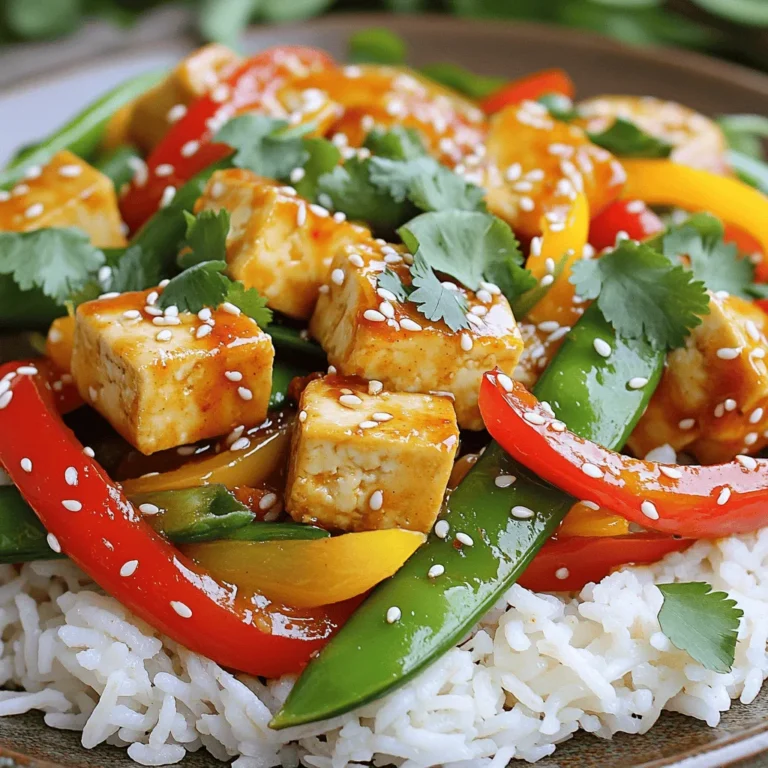 For this dish, you need key ingredients that make it tasty and colorful. Here’s what you'll use: - 1 block (14 oz) firm tofu, pressed and cubed - 2 tablespoons cornstarch - 2 tablespoons vegetable oil - 1 red bell pepper, sliced - 1 yellow bell pepper, sliced - 1 cup snap peas, trimmed - 2 green onions, chopped - 3 cloves garlic, minced - 1 tablespoon fresh ginger, minced - 1/3 cup sweet chili sauce - 2 tablespoons soy sauce - 1 tablespoon sesame oil These ingredients work well together. The tofu gives protein. The sweet chili sauce adds a nice kick. You’ll need some basic items from your pantry. These are common and easy to find: - Cornstarch - Vegetable oil - Soy sauce - Sesame oil These staples help to enhance the flavors. They also help with texture and cooking. Garnishes add a beautiful touch. They make your dish look fresh and inviting. Here are some good choices: - Sesame seeds - Fresh cilantro These garnishes add color and a hint of flavor. They make your Sweet Chili Tofu Stir Fry stand out on the plate. For the full recipe, check the details above. Enjoy the cooking process! First, we need to prep the tofu. Start by pressing it to remove water. Wrap the block of tofu in a clean kitchen towel. Place a heavy object on top for about 15 minutes. This helps the tofu stay firm when you cook it. After that, cut the tofu into 1-inch cubes. Toss these cubes gently in cornstarch until they are well coated. This gives them a nice crunch. Now, heat a large skillet or wok over medium-high heat. Add 2 tablespoons of vegetable oil to the skillet. Once the oil is hot, carefully add the tofu cubes. Cook them for about 8 to 10 minutes. Turn them occasionally so they cook evenly. You want them golden and crispy on all sides. When done, remove the tofu and set it aside on a plate. In the same skillet, it's time for the veggies! Add the sliced red and yellow bell peppers, along with the snap peas. Stir-fry these for about 3 to 4 minutes. You want them to be bright and tender-crisp. Next, add the minced garlic and ginger. Stir-fry for another minute until you smell their great aroma. Now, return the cooked tofu to the skillet. Pour in 1/3 cup of sweet chili sauce and 2 tablespoons of soy sauce. Stir well so that everything is coated. Drizzle 1 tablespoon of sesame oil over the mix. Stir for another 1 to 2 minutes until everything is heated through. Finally, remove from heat and garnish with chopped green onions, sesame seeds, and fresh cilantro. Serve hot for a delicious meal! For the complete details, check out the Full Recipe. Tofu can be soft. To make it crispy, press it well. Here’s how: wrap the tofu in a clean towel. Place a heavy object on top for 15 minutes. This removes moisture. After pressing, cut the tofu into cubes. Coat each piece in cornstarch. This helps achieve that delightful crunch when frying. Use medium-high heat in your pan. Cook the tofu until golden on all sides, about 8-10 minutes. Choosing the right veggies is key. I love using bell peppers for color and crunch. Snap peas add a nice snap too. Other great options are broccoli, carrots, or bok choy. These veggies cook quickly, keeping their bright colors. Aim for a mix of textures and colors. This makes your dish appealing and tasty. Flavor is everything in cooking. Sweet chili sauce is the star here. It's sweet and slightly spicy. Soy sauce adds depth. For a hint of nuttiness, drizzle sesame oil at the end. You can also add garlic and ginger. These bring warmth and zest. Don’t forget to taste as you cook! Adjust the flavors to your liking. For more excitement, try adding a splash of lime juice or some chili flakes. For the complete method, check out the Full Recipe. {{image_2}} You can add protein to your Sweet Chili Tofu Stir Fry for more texture. Chicken, shrimp, or beef work well. Just cut the protein into small pieces. Cook them first, then add veggies and tofu. You can also use tempeh or seitan for a plant-based option. These choices make the dish filling and fun. Feel free to swap out vegetables in the stir fry. Broccoli, carrots, or mushrooms can bring new flavors. You can even add zucchini or eggplant for a different taste. Just make sure to cut them into small pieces for even cooking. This way, you can use what you have at home. It keeps the dish fresh and exciting. You can adjust the spice level of your stir fry. For a spicy kick, add red pepper flakes or sliced jalapeños. If you prefer it sweeter, add more sweet chili sauce. You can also mix in honey or maple syrup for added sweetness. Play with the flavors until it suits your taste. This way, you can create your perfect dish every time. To store leftover Sweet Chili Tofu Stir Fry, wait for it to cool. Place it in an airtight container. Keep it in the fridge. It will stay fresh for up to three days. I recommend using glass containers for best results. They help keep the flavors intact. To reheat your stir fry, use a skillet or microwave. If using a skillet, add a splash of water. Heat over medium heat until warm. This keeps the tofu from drying out. If you use a microwave, cover the bowl with a lid or damp paper towel. Heat in short bursts, stirring in between. You can freeze Sweet Chili Tofu Stir Fry, but texture may change. To freeze, place the cooled stir fry in a freezer-safe bag. Remove as much air as possible. It can last for up to two months in the freezer. When ready to eat, thaw it in the fridge overnight. Reheat in a skillet for the best taste. For more details, check out the Full Recipe. Yes, you can use different types of tofu. Firm or extra-firm tofu works best. Soft tofu may break apart during cooking. Silken tofu is not ideal for stir-fry. You can serve this dish with rice or quinoa. Steamed jasmine rice is a great option. Noodles also pair well. Add a side salad for extra crunch. This recipe is already vegan! All the ingredients are plant-based. Just ensure your sweet chili sauce is vegan. Some brands add fish sauce, so check the label. Avoid rushing the pressing of the tofu. This step is key for crispiness. Also, do not overcrowd the pan while cooking tofu. This can lead to steaming instead of frying. Lastly, adjust sauce amounts to your taste. Less sauce can keep the dish from being too wet. For a full recipe, check the details above. Sweet Chili Tofu Stir Fry is easy to make and full of flavor. We covered the main ingredients, like tofu and pantry staples, to create this dish. I shared tips for cooking crispy tofu and choosing the best veggies. You can even change it up with different proteins or spice levels. When storing leftovers, you can freeze or reheat them easily. Remember, cooking is fun and creative. Enjoy your Sweet Chili Tofu Stir Fry and share it with others!