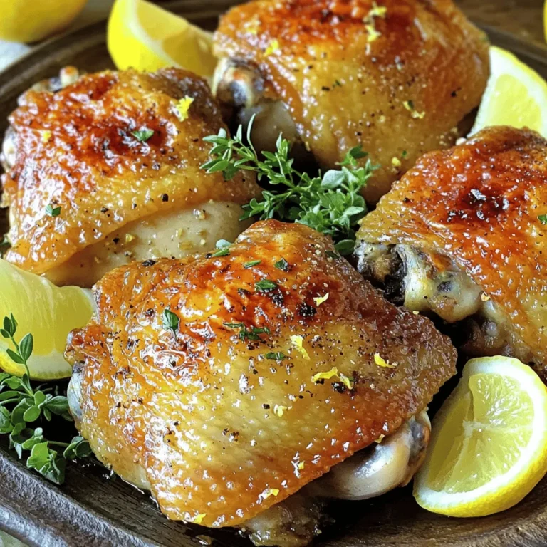 For this recipe, you need: - 6 chicken thighs, skin-on and bone-in Chicken thighs are juicy and full of flavor. The skin helps keep them moist as they roast. The marinade gives the chicken its great taste. You will need: - 4 cloves garlic, minced - 2 lemons (zested and juiced) - 1 tablespoon fresh thyme leaves (or 1 teaspoon dried thyme) - 1 tablespoon olive oil - 1 teaspoon salt - 1/2 teaspoon black pepper - 1 teaspoon paprika The garlic adds a rich flavor. The lemon gives it a bright, fresh twist. Thyme adds earthiness, while olive oil helps the marinade stick. To make your dish look nice, use: - Fresh parsley, chopped (for garnish) Parsley adds color and a fresh taste. You can sprinkle it on just before serving to brighten up the plate. For the complete process, refer to the Full Recipe. First, you need to preheat the oven. Set it to 425°F (220°C). This high heat helps the chicken get crispy and golden. Next, let's make the marinade. In a big bowl, mix together: - 4 cloves garlic, minced - 2 lemons (zested and juiced) - 1 tablespoon fresh thyme leaves (or 1 teaspoon dried thyme) - 1 tablespoon olive oil - 1 teaspoon salt - 1/2 teaspoon black pepper - 1 teaspoon paprika Stir until everything is well combined. The bright flavors of lemon and garlic will shine through. Now, add the chicken thighs to the bowl. Make sure each thigh is coated with the marinade. If you can, let the chicken sit in the fridge for at least 30 minutes. For more flavor, marinate for up to 4 hours. When you’re ready, place the marinated thighs in a single layer on a baking dish, skin-side up. Pour any leftover marinade over the top. Put the dish in the oven. Roast for about 35-40 minutes. The chicken should reach an internal temperature of 165°F (75°C). The skin will be crispy and golden. Once the chicken is done, take it out of the oven. Let it rest for 5 minutes. This helps keep the juices inside. Before serving, sprinkle chopped fresh parsley on top. For the full recipe, check out Lemon Garlic Roasted Chicken Thighs 🧄. Enjoy your meal! To get that perfect crispy skin, you need high heat. Set your oven to 425°F (220°C). Make sure the chicken thighs are dry before marinating. Pat them with a paper towel. This helps the skin crisp up. When roasting, place the chicken skin-side up. This way, the fat renders off, making the skin golden and crunchy. Marination is key for flavor. I suggest marinating the chicken for at least 30 minutes. If you can, go for 4 hours. The longer they sit in the marinade, the better the taste. Use a mix of lemon juice, garlic, and herbs. It penetrates the meat, making every bite juicy and tasty. Check the chicken's doneness with a meat thermometer. Aim for an internal temperature of 165°F (75°C). This ensures your chicken is safe to eat. If you don’t have a thermometer, check that the juices run clear when pierced. The skin should be golden brown. This shows that your chicken is cooked perfectly. Enjoy the delicious results of your hard work with this Full Recipe! {{image_2}} You can change the flavor by using different herbs. Try rosemary for a woodsy taste. Oregano works well for a Mediterranean twist. Basil adds a sweet touch. Just swap out thyme for any of these herbs in your marinade. Fresh herbs bring bright flavors, but dried herbs are great too. If you like heat, add red pepper flakes to your marinade. A pinch gives a nice kick. You can also use cayenne pepper for more spice. If you prefer mild dishes, skip the heat. Adjust the salt and pepper to suit your taste. This recipe is flexible for all spice lovers. You can cook chicken thighs in many ways. For a grill option, marinate as usual and grill over medium heat. This gives a smoky flavor. You can also use a slow cooker. Cook on low for 6-8 hours for super tender chicken. Each method changes the taste, so try them all. For the complete recipe, check out the Full Recipe. After you enjoy your meal, cool the chicken first. Place leftovers in an airtight container. The chicken will stay fresh for up to four days in the fridge. Be sure to keep the skin on for better flavor when you reheat. If you want to save some for later, freezing is a great option. Wrap each chicken thigh tightly in plastic wrap. Then, put them in a freezer-safe bag. This method prevents freezer burn. You can freeze them for up to three months. When you're ready to eat your leftovers, there are a few ways to reheat them. For the best taste, use the oven. Preheat it to 350°F (175°C). Place the chicken on a baking sheet. Heat for about 20 minutes or until warmed through. You can also use the microwave, but the skin may not be as crispy. Enjoy your tasty chicken! For the complete recipe, check out the Full Recipe. You can serve this dish with many sides. Roasted vegetables pair well. Try carrots, broccoli, or Brussels sprouts. A fresh green salad also works great. You might enjoy adding a side of rice or quinoa. These add a nice texture and soak up the sauce. Lemon wedges can brighten the plate, too. This recipe is already gluten-free! The ingredients do not contain gluten. Just ensure any side dishes you serve are also gluten-free. Many grains and vegetables are naturally gluten-free. Always check labels if you use pre-made items, like broth or sauces. Yes, you can use chicken breasts. They will cook faster than thighs. Adjust the cooking time to about 25-30 minutes. Check for an internal temperature of 165°F (75°C). The flavor will still be delicious, but the breasts may be less juicy. You can marinate the chicken for 30 minutes to 4 hours. For the best flavor, aim for at least 2 hours. Longer marinating time lets the flavors soak in more. Just be careful not to exceed 4 hours, as the acid from the lemon can change the texture. This article covered tasty lemon garlic roasted chicken thighs. You learned about key ingredients, a simple recipe, and helpful tips for perfect results. I shared variations to keep meals exciting and storage tips for leftovers. Cooking can be fun and rewarding. With these steps, anyone can enjoy this dish. Remember, the right marinade and cooking method make all the difference. Embrace your kitchen skills and experiment. You’ll find meals can be both easy and delicious.