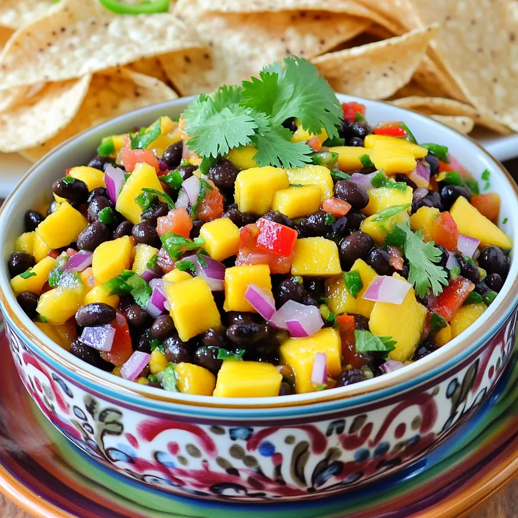 - 1 ripe mango, finely diced - 1 can (15 oz) black beans, rinsed and drained - 1 red bell pepper, diced - 1 small red onion, finely chopped - 1 jalapeño, seeded and minced (adjust for spice preference) - 1 tablespoon fresh cilantro, chopped - 2 tablespoons lime juice - 1 tablespoon olive oil - Salt and pepper to taste Gathering the right ingredients is key to making Mango Black Bean Salsa. Start with a ripe mango. The mango should be firm but slightly soft when you press it. This gives the best flavor and sweetness. You will also need a can of black beans. Rinsing and draining them helps remove excess sodium. Next, the red bell pepper adds a nice crunch and sweetness. Chop it into small pieces. The small red onion adds a sharp taste. Finely chop it to mix well. For heat, use jalapeño. Seed it first if you want less spice. You will also need fresh cilantro for a fresh herb taste. Chop it finely. Lime juice adds brightness to the salsa. Olive oil helps blend everything together. Lastly, season with salt and pepper to taste. This is a simple mix of fresh and canned items, perfect for a quick dish. For the full recipe, check out the detailed steps. - In a large mixing bowl, combine the diced mango, black beans, diced red bell pepper, chopped red onion, and minced jalapeño. - Add the chopped cilantro to the bowl and gently mix to combine the ingredients without mashing the beans or mango. - Drizzle the lime juice and olive oil over the mixture. Season with salt and pepper to your taste. - Toss everything together lightly until the salsa is well mixed. - Let the salsa sit for about 15-20 minutes to allow the flavors to meld together before serving. - Allow the salsa to rest for 15-20 minutes for flavors to meld. - Adjust seasoning to taste before serving. - Use fresh lime juice for best flavor. It brightens up all the other tastes. - Consider adding a pinch of sugar if the mango is tart. This can balance the flavors. - Best served with tortilla chips or as a topping for grilled meats. It adds a fresh twist to any dish. - Garnish with extra cilantro for visual appeal. This makes the salsa pop on your plate. For the complete recipe, check the Full Recipe section. {{image_2}} You can switch things up with simple swaps. For a different protein source, try chickpeas instead of black beans. They add a nutty flavor and a nice texture. If you want a milder taste, use red onion instead of green onion. This change keeps the dish fresh but softens the bite. This salsa is very flexible in how you serve it. You can enjoy it as a dip with chips, or mix it into a salad for added flair. For a unique twist, try topping your fish tacos with this salsa. It brings a bright flavor that pairs well with the fish. For the full recipe, check the details above! - Store in an airtight container in the fridge for up to 3 days. - Good to use within 24 hours for optimal freshness. Keeping your mango black bean salsa fresh is simple. After making it, grab a clean, airtight container. This helps keep out air and moisture, which can spoil the salsa. I recommend eating it within a day for the best taste. The flavors shine best when fresh. - Freezing is not recommended due to ingredient texture changes. - If needed, use within one month after freezing. Freezing salsa is tricky. The mango and beans can become mushy when thawed. If you must freeze it, use an airtight container and keep it for no more than a month. When you thaw it, expect a change in texture. You might want to serve it in a soup or blend it into a sauce instead. For the best experience, enjoy your salsa fresh! To see how to make it, check the Full Recipe. Yes, but for the best flavor and texture, it's recommended to prepare it fresh or no more than 1-2 hours in advance. This salsa tastes best right after you mix it. The longer it sits, the softer the mango and beans become. You lose the fresh crunch that makes it so good. Try using diced peaches or pineapples for a different fruit twist. Both options add sweetness and a nice texture. Peaches give a soft bite, while pineapples bring a bit of tang. Each choice adds a fun twist to the salsa. Yes, it’s full of vitamins, fiber, and low in calories, making it a nutritious choice. The mango brings vitamin C, while black beans add protein and fiber. This salsa gives you a tasty way to enjoy healthy ingredients. You can feel good about adding it to your meals. Check the full recipe for more details! This blog post shared a simple, tasty recipe for Mango Black Bean Salsa. You learned the key ingredients and easy steps to make it. I also offered tips to boost flavor and serving suggestions to enjoy it. This salsa is fresh, healthy, and perfect for any meal. You can customize it and store it easily. Enjoy trying this recipe and experimenting with new variations!