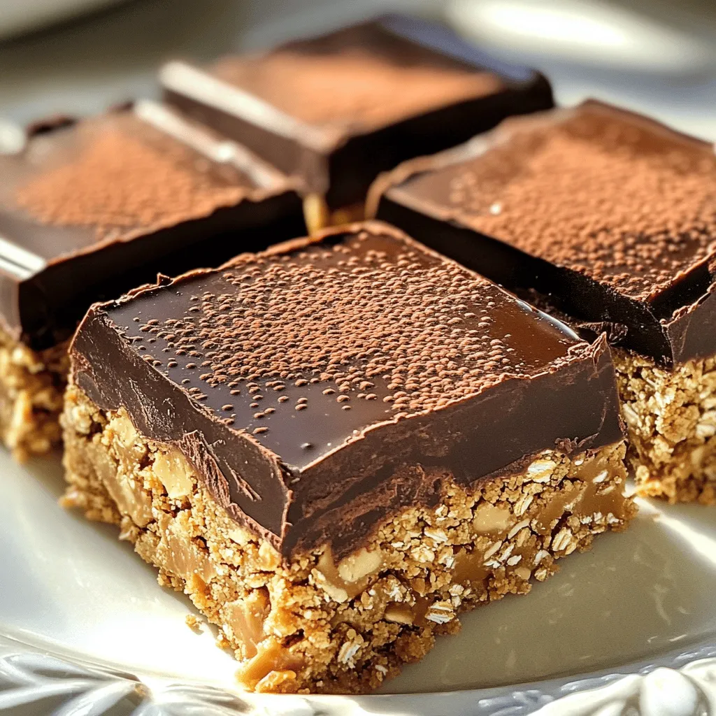 To make these tasty bars, you will need: - 1 cup rolled oats - 1 cup almond flour - 1/2 cup natural peanut butter - 1/4 cup honey or maple syrup - 1/4 cup cocoa powder - 1/2 teaspoon vanilla extract - 1/4 teaspoon salt - 1/2 cup dark chocolate chips - 2 tablespoons coconut oil Converting measures can help if you need different amounts or want a precise recipe. Here are some quick conversions for the ingredients: - 1 cup rolled oats = 90 grams - 1 cup almond flour = 96 grams - 1/2 cup peanut butter = 125 grams - 1/4 cup honey = 85 grams - 1/4 cup cocoa powder = 25 grams - 1/2 cup dark chocolate chips = 90 grams - 2 tablespoons coconut oil = 28 grams If you need to adjust the recipe, here are some easy swaps: - Use gluten-free oats if you want the bars gluten-free. - Swap almond flour with oat flour for a nut-free option. - Replace honey with agave syrup for a vegan choice. - If you have a nut allergy, try sunbutter instead of peanut butter. These swaps let you enjoy the bars while fitting your diet. For the full recipe, check out the complete guide. To start, gather your ingredients. You will need rolled oats, almond flour, cocoa powder, and salt. In a large bowl, mix the oats, almond flour, cocoa powder, and salt. Stir well to combine everything evenly. Next, take another bowl and mix the peanut butter, honey, and vanilla extract. Blend until smooth. Pour this mixture over the dry ingredients. Stir until the dry mix is fully coated. You should have a sticky dough now. Line an 8x8 inch baking dish with parchment paper. Leave some paper hanging over the edges. This helps you lift out the bars later. Press the mixture firmly into the bottom of the dish. Make sure it is even across the bottom. Now it's time to melt the chocolate. In a small saucepan, add dark chocolate chips and coconut oil. Set the heat to low. Stir the mixture as it melts. Keep stirring until it is smooth and shiny. Once melted, pour the chocolate over the pressed oat mixture. Spread the chocolate evenly across the top. If needed, tap the dish gently on the counter. This helps smooth the chocolate layer. Now, place the dish in the refrigerator. Let it chill for at least 2 hours. This helps the bars set properly. After the bars have set, lift them out using the parchment paper. Cut them into squares or rectangles. You can serve them chilled for the best taste. For a nice touch, sprinkle some cocoa powder on top. For the full recipe, please refer to [Full Recipe]. To get the right texture, use natural peanut butter. It binds well and adds creaminess. Choose almond flour for a nice crumb. Rolled oats provide texture and chew. If you want a firmer bar, add more almond flour. For a softer bar, use a little less. Press the mixture firmly into the dish. This helps the bars hold their shape after cutting. One common mistake is not mixing well. Ensure the peanut butter and dry ingredients blend smoothly. Another mistake is not pressing the mixture enough. If it’s loose, the bars will break apart. Don’t skip chilling them in the fridge. This step is key for setting the bars. Lastly, watch the chocolate while melting. Stir often to prevent burning. For serving, cut the bars into even squares. Place them on a pretty plate to impress friends. You can sprinkle extra cocoa powder on top for flair. Consider adding crushed nuts or coconut flakes for a crunchy touch. These bars pair well with a glass of milk or coffee. Enjoy them chilled for the best taste and texture. For the complete recipe, check out the Full Recipe section. {{image_2}} Adding nuts or dried fruit can enhance your bars. Try using chopped walnuts, almonds, or pecans. Each nut gives a unique taste and crunch. Dried fruits like raisins or cranberries add a sweet, chewy texture. Mix and match these options to find your favorite blend. You can also swap in different nut butters. Almond or cashew butter works well too. Just keep the same amount for balance. You can use different sweeteners in this recipe. Maple syrup is a great choice. It adds a nice flavor and is a bit lighter. Agave nectar is another option. It has a lower glycemic index than honey. If you want to skip sweeteners altogether, try mashed bananas. They add sweetness and moisture without added sugar. Just remember, the texture might change based on what you choose. Want a vegan version? Use maple syrup instead of honey and choose dark chocolate chips that are dairy-free. For gluten-free bars, ensure the oats and almond flour are certified gluten-free. This way, you can enjoy these tasty treats without worry. If you want to make them grain-free, consider using coconut flour instead of almond flour. Just adjust the liquid since coconut flour absorbs more moisture. For the full recipe, check out the section above! To keep your no bake chocolate peanut butter bars fresh, store them in an airtight container. This helps maintain their texture and taste. If you cut the bars, make sure to separate layers with parchment paper. This keeps them from sticking together. You can also wrap individual bars in plastic wrap for easy grab-and-go snacks. When stored properly in the fridge, these bars can last for up to a week. If you notice any change in smell or texture, it’s best to toss them. For longer storage, freezing is a great option. To freeze the bars, cut them into squares first. Wrap each square in plastic wrap and then place them in a freezer-safe bag. They can last up to three months in the freezer. When you want to enjoy them, take out a bar and let it thaw in the fridge for a few hours. You can also leave it at room temperature for about 30 minutes. Enjoy the deliciousness of your no bake chocolate peanut butter bars anytime! For the full recipe, check out the detailed instructions above. Yes, you can use crunchy peanut butter. This change adds texture. The bars will still hold together well. Some people love the extra crunch. It gives a fun twist to the classic recipe. To make the bars firmer, try these tips: - Use less honey or maple syrup. - Add more almond flour. - Chill the bars longer in the fridge. - You can also freeze them for a firmer texture. These tricks help create a denser, more satisfying bite. If you want an alternative to honey, use maple syrup or agave nectar. Both options work well. They keep the bars sweet and sticky. You can also try brown rice syrup for a different flavor. Each option brings its own taste while keeping the bars tasty. For more details, check the Full Recipe. In this post, I shared how to make No Bake Chocolate Peanut Butter Bars. We covered ingredients, measurements, and good substitutes for diets. You learned step-by-step how to prepare, melt, and cut the bars. I also shared tips for the right texture and common mistakes. We explored flavor variations and storage best practices. These bars are tasty, easy, and perfect for many diets. Now, you can create delicious treats that suit your needs and taste. Enjoy making and sharing them!