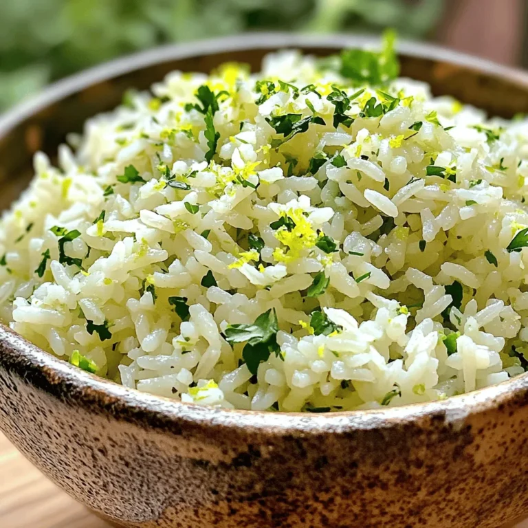 To make a tasty cilantro lime rice, you need a few key items: - 1 cup long-grain white rice - 2 cups vegetable broth or water - 1/4 cup fresh cilantro, chopped - Zest of 1 lime - Juice of 1 lime - 1 tablespoon olive oil - 1 clove garlic, minced - 1/2 teaspoon cumin - Salt to taste These ingredients come together to create a bright and fresh flavor. The rice acts as the base, while lime and cilantro give it a zesty kick. You can boost the taste of your cilantro lime rice with some optional items. Consider these: - 1/4 cup diced red onion - 1/4 cup corn, frozen or fresh - 1/2 jalapeño, finely chopped These add-ins can enhance texture and flavor. Diced onion gives a sweet crunch, while corn adds sweetness. If you like heat, jalapeño will spice things up. Each serving of cilantro lime rice has: - Calories: 200 - Protein: 4g - Carbohydrates: 42g - Fat: 4g - Fiber: 1g - Vitamin C: 7% of daily value This dish offers a good balance of carbs and a bit of protein. It’s a healthy side that pairs well with many meals. Enjoy this vibrant and nutritious dish at your next gathering! For the complete instructions, check the Full Recipe. Start by rinsing the rice in cold water. Use a fine mesh strainer for this. Rinse until the water runs clear. This step helps remove extra starch. Less starch means fluffier rice. Trust me, it makes a big difference! In a medium saucepan, heat olive oil over medium heat. Add minced garlic and sauté for about 30 seconds. You want it fragrant but not burnt. Next, add the rinsed rice and sauté for another 2 minutes. This lightly toasts the rice for extra flavor. Now, pour in vegetable broth or water, and sprinkle in cumin and salt. Bring this mixture to a boil. Then, reduce the heat to low and cover the pot. Let it simmer for 15 to 18 minutes, until the rice is tender. Once done, remove the pot from heat and let it sit for 5 minutes. Garlic adds a warm, rich note to the rice. Cumin gives a bit of earthiness. Both together create a lovely base flavor. Once your rice has rested, it’s time for the fun part! Fluff the rice with a fork. Gently mix in chopped cilantro, lime zest, and lime juice. This brightens up the dish and gives it a fresh taste. Always taste your rice! You might want to add more salt or a splash more lime juice. Adjust according to your palate. Finally, fluff the rice again with a fork. This ensures all the flavors are mixed well. Your cilantro lime rice is now ready to serve warm! You can find the full recipe above. Enjoy! To get fluffy cilantro lime rice, rinse the rice first. Use cold water and a fine mesh strainer. Rinsing removes extra starch. This step helps the rice cook evenly. Next, toast the rice in the pan. Cook it with olive oil and garlic for two minutes. This adds flavor and helps the grains stay separate. One common mistake is not rinsing the rice. This leads to gummy rice. Also, avoid cooking on high heat. This can burn the rice. Always use a lid when simmering. This keeps steam inside for even cooking. Finally, let the rice sit after cooking. This helps it become fluffy and absorb flavors. You can make your cilantro lime rice unique. Add beans for protein. Black beans work well and add color. For spice lovers, mix in chopped jalapeños. You can also switch the lime for lemon. This gives a fresh twist. Finally, try adding different herbs. Mint or parsley can also be delicious. For a complete guide, check the Full Recipe for Cilantro Lime Rice Fiesta . {{image_2}} You can use various rice types for your cilantro lime rice. Long-grain rice works great, but jasmine or basmati rice adds a unique touch. These rice types have lovely aromas and flavors. For a healthier option, try brown rice. It may take longer to cook, but it adds a nutty taste. Adding protein can turn your cilantro lime rice into a complete meal. Chicken, shrimp, or tofu are excellent choices. Cook the protein separately and mix it in after the rice is done. You can also stir in black beans or chickpeas for a hearty vegetarian option. This keeps the dish filling and nutritious. If you love spice, add some heat to your rice. Try mixing in diced jalapeños or serrano peppers while cooking. You can also sprinkle in some red pepper flakes or cayenne pepper. Adjust the spice level based on your taste. This adds a new layer of flavor that pairs well with the lime and cilantro. To keep your cilantro lime rice fresh, store it in an airtight container. Make sure to cool the rice to room temperature before sealing it. This helps prevent excess moisture. You can keep it in the fridge for up to four days. Label your container with the date for easy reference. When you're ready to enjoy your leftover rice, heat it on the stove or in the microwave. If using the stove, add a splash of water to prevent sticking. Stir it often until it's hot. If using a microwave, cover the bowl with a lid or damp paper towel. Heat it in short bursts, checking often. This helps it warm evenly. You can freeze cilantro lime rice for later use. Place cooled rice in freezer-safe bags or containers. Press out as much air as you can before sealing. Frozen rice can last up to three months. When you want to use it, thaw it in the fridge overnight. Reheat it as described above for a quick meal. Enjoy your tasty side dish anytime! Yes, you can make this rice ahead of time. Just cook it and let it cool. Store it in an airtight container in the fridge. It keeps well for up to three days. When ready to serve, simply reheat it. Cilantro lime rice pairs well with many dishes. You can serve it with grilled chicken, fish tacos, or veggie stir-fry. It also goes great with beans or a fresh salad. This rice adds a burst of flavor to any meal. This recipe is easily vegan. Just use vegetable broth instead of chicken broth. All other ingredients are already plant-based. Enjoy this zesty rice without any animal products! To reheat leftover rice, add a splash of water to it in a pot. Cover it with a lid and heat on low. This method helps steam the rice, keeping it moist. You can also use the microwave. Just cover it with a damp paper towel. Yes, if you’re not a fan of cilantro, you can skip it. You can add fresh parsley or green onions instead for some flavor. Lemon zest can also brighten the dish. Feel free to customize it to your taste! For the full recipe, check out the Cilantro Lime Rice Fiesta . You’ll find all the steps to create this tasty side dish! Cilantro lime rice is simple and delicious. We covered key ingredients, cooking steps, and storage tips. I shared ways to customize your rice and avoid common mistakes. Now you can enjoy fluffy, flavorful rice with ease. Remember to experiment with different rice types or add protein for variety. This dish pairs well with many meals, so get creative! Stay confident in your cooking skills and make it your own.
