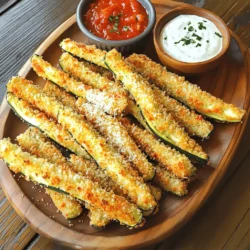 For these tasty zucchini fries, you need: - 2 medium zucchini, cut into fry shapes - 1 cup breadcrumbs (preferably panko for extra crunch) - 1/2 cup grated Parmesan cheese - 1 teaspoon garlic powder - 1 teaspoon Italian seasoning - 2 large eggs - Salt and pepper to taste - Olive oil spray or 2 tablespoons of olive oil These ingredients create a crunchy and flavorful snack. The zucchini gives a fresh taste, while the Parmesan brings a rich flavor. Panko breadcrumbs add that extra crunch you want. You can mix it up with different seasonings. Here are some ideas: - Paprika for a smoky flavor - Cayenne pepper for heat - Lemon zest for brightness - Herbs like thyme or rosemary for a fresh touch Feel free to get creative! You can also swap Parmesan for other cheeses like cheddar or mozzarella. Each choice changes the taste and keeps things interesting. To make this dish easy, gather these tools: - A sharp knife for cutting zucchini - Two shallow bowls for coating - A baking sheet lined with parchment paper - A whisk for beating the eggs - A spatula for flipping fries Having the right tools makes cooking fun and simple. You’ll enjoy making these crispy fries with ease! For the full recipe, check out the details above. To start, wash your zucchini well. Then, cut each zucchini into fry shapes. Aim for uniform sizes. This helps them cook evenly. You want them about a half-inch thick. Thinner fries may burn, while thicker ones may not cook through. Next, gather your ingredients for coating. In a shallow bowl, mix breadcrumbs, grated Parmesan, garlic powder, Italian seasoning, salt, and pepper. This blend gives great flavor. In a separate bowl, beat two large eggs. Dip each zucchini fry into the egg first. Make sure it’s well-coated. Then, roll it in the breadcrumb mix. Press gently to ensure full coverage. This method helps create that irresistible crunch. Now, preheat your oven to 425°F (220°C). Line a baking sheet with parchment paper. Place the coated zucchini fries on the sheet. Make sure they are not touching. This allows hot air to circulate. For added crunch, lightly spray them with olive oil. Bake for 20 to 25 minutes. Flip them halfway through for even browning. Look for a golden brown color. Once done, let them cool for a few minutes. Serve them warm for the best taste. For a full recipe, check the earlier section. To get that amazing crunch, use panko breadcrumbs. They create a light, airy texture. Make sure the zucchini is dry before coating. Excess moisture can make them soggy. Spray the fries lightly with olive oil spray. This helps them brown evenly without adding too much fat. Bake them on parchment paper to avoid sticking and promote crisping. Flip them halfway through baking for even cooking. One common mistake is overcrowding the baking sheet. If the fries touch, they won’t crisp up. Another mistake is skipping the egg wash. The egg helps the coating stick better. Don’t skip seasoning either. A little salt and pepper can make a big difference. Lastly, avoid opening the oven too soon. This lets heat escape and can affect the fry's crunch. Crispy Parmesan Zucchini Fries pair well with many dips. Marinara sauce adds a nice tangy flavor. Ranch dressing gives a creamy touch that many love. You can also try garlic aioli for a gourmet twist. For a spicy kick, serve with sriracha mayo. Each dip brings out the flavor of the fries, making them even more enjoyable. For the full recipe, check out the details above. {{image_2}} You can make crispy Parmesan zucchini fries in an air fryer. This method gives a great crunch. First, follow the same prep steps. After coating the zucchini, place them in your air fryer basket. Set the air fryer to 400°F (200°C) for about 10-12 minutes. Shake the basket halfway through. This method uses less oil and still gives you that crispy texture. If you need a gluten-free option, you can swap out the breadcrumbs. Use crushed gluten-free cornflakes or almond flour instead. These options will still give you a nice crunch. Just mix them with Parmesan and seasonings like garlic powder and Italian herbs. You will still enjoy that tasty flavor without gluten. You can change up the cheese and spices to suit your taste. Try using cheddar or mozzarella for a different flavor. Add spices like paprika or cayenne for a kick. Mixing in some Italian herbs can also make your fries even more delicious. Experiment with these ideas to make your fries your own. Check out the full recipe to get started on these tasty variations! To keep your leftover zucchini fries fresh, let them cool first. Then, place them in an airtight container. Make sure to layer them with parchment paper to avoid sticking. Store the container in the fridge. They stay good for about 2-3 days. When you want to enjoy your leftover fries, reheating is key. Preheat your oven to 375°F (190°C). Spread the fries on a baking sheet. Bake them for 10-15 minutes until they are hot and crispy again. You can also use an air fryer for this. It makes them crispy in just 5-7 minutes. If you want to save zucchini fries for later, freezing works well. After baking, let the fries cool completely. Place them on a baking sheet in a single layer and freeze for 1-2 hours. Once frozen, transfer them to a freezer-safe bag. They can last up to 3 months in the freezer. When ready to eat, bake them directly from the freezer until crispy. For more details, check the Full Recipe. Crispy Parmesan Zucchini Fries stay fresh in the fridge for about 3-4 days. Store them in an airtight container. This helps keep them from getting soggy. When you’re ready to eat them, you can reheat them in the oven for the best crispiness. Yes, you can make these zucchini fries in advance! You can prep them and coat them ahead of time. Just store them in the fridge until you’re ready to bake. This saves time and still gives you that tasty crunch when baked. Zucchini fries taste great with many dips. Some popular options include: - Marinara sauce - Ranch dressing - Garlic aioli - Spicy ketchup - Honey mustard Try different dips to find your favorite! Each sauce adds its unique flavor to the crispy zucchini fries. For the full recipe and more tips, check out the details above. Crispy Parmesan zucchini fries are fun and easy to make. We covered main ingredients, step-by-step instructions, and helpful tips. With right tools and techniques, you can create perfect fries every time. Think about trying different cooking methods or flavors. Store any leftovers correctly for later. Enjoy them with your favorite dips for a tasty snack. You now have everything you need to impress friends and family with your zucchini fries!