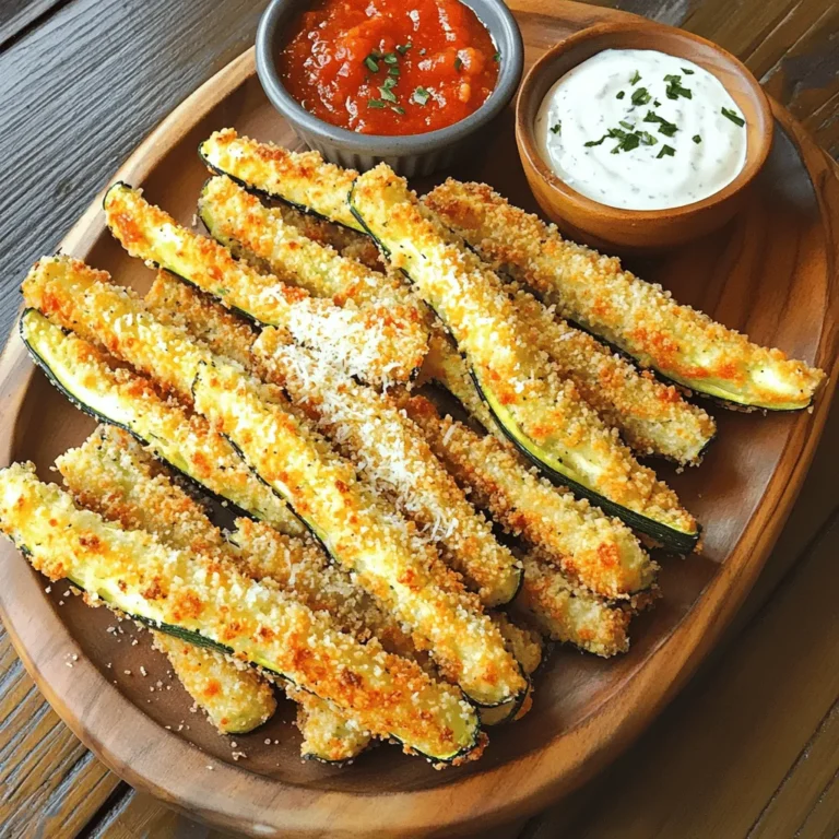 For these tasty zucchini fries, you need: - 2 medium zucchini, cut into fry shapes - 1 cup breadcrumbs (preferably panko for extra crunch) - 1/2 cup grated Parmesan cheese - 1 teaspoon garlic powder - 1 teaspoon Italian seasoning - 2 large eggs - Salt and pepper to taste - Olive oil spray or 2 tablespoons of olive oil These ingredients create a crunchy and flavorful snack. The zucchini gives a fresh taste, while the Parmesan brings a rich flavor. Panko breadcrumbs add that extra crunch you want. You can mix it up with different seasonings. Here are some ideas: - Paprika for a smoky flavor - Cayenne pepper for heat - Lemon zest for brightness - Herbs like thyme or rosemary for a fresh touch Feel free to get creative! You can also swap Parmesan for other cheeses like cheddar or mozzarella. Each choice changes the taste and keeps things interesting. To make this dish easy, gather these tools: - A sharp knife for cutting zucchini - Two shallow bowls for coating - A baking sheet lined with parchment paper - A whisk for beating the eggs - A spatula for flipping fries Having the right tools makes cooking fun and simple. You’ll enjoy making these crispy fries with ease! For the full recipe, check out the details above. To start, wash your zucchini well. Then, cut each zucchini into fry shapes. Aim for uniform sizes. This helps them cook evenly. You want them about a half-inch thick. Thinner fries may burn, while thicker ones may not cook through. Next, gather your ingredients for coating. In a shallow bowl, mix breadcrumbs, grated Parmesan, garlic powder, Italian seasoning, salt, and pepper. This blend gives great flavor. In a separate bowl, beat two large eggs. Dip each zucchini fry into the egg first. Make sure it’s well-coated. Then, roll it in the breadcrumb mix. Press gently to ensure full coverage. This method helps create that irresistible crunch. Now, preheat your oven to 425°F (220°C). Line a baking sheet with parchment paper. Place the coated zucchini fries on the sheet. Make sure they are not touching. This allows hot air to circulate. For added crunch, lightly spray them with olive oil. Bake for 20 to 25 minutes. Flip them halfway through for even browning. Look for a golden brown color. Once done, let them cool for a few minutes. Serve them warm for the best taste. For a full recipe, check the earlier section. To get that amazing crunch, use panko breadcrumbs. They create a light, airy texture. Make sure the zucchini is dry before coating. Excess moisture can make them soggy. Spray the fries lightly with olive oil spray. This helps them brown evenly without adding too much fat. Bake them on parchment paper to avoid sticking and promote crisping. Flip them halfway through baking for even cooking. One common mistake is overcrowding the baking sheet. If the fries touch, they won’t crisp up. Another mistake is skipping the egg wash. The egg helps the coating stick better. Don’t skip seasoning either. A little salt and pepper can make a big difference. Lastly, avoid opening the oven too soon. This lets heat escape and can affect the fry's crunch. Crispy Parmesan Zucchini Fries pair well with many dips. Marinara sauce adds a nice tangy flavor. Ranch dressing gives a creamy touch that many love. You can also try garlic aioli for a gourmet twist. For a spicy kick, serve with sriracha mayo. Each dip brings out the flavor of the fries, making them even more enjoyable. For the full recipe, check out the details above. {{image_2}} You can make crispy Parmesan zucchini fries in an air fryer. This method gives a great crunch. First, follow the same prep steps. After coating the zucchini, place them in your air fryer basket. Set the air fryer to 400°F (200°C) for about 10-12 minutes. Shake the basket halfway through. This method uses less oil and still gives you that crispy texture. If you need a gluten-free option, you can swap out the breadcrumbs. Use crushed gluten-free cornflakes or almond flour instead. These options will still give you a nice crunch. Just mix them with Parmesan and seasonings like garlic powder and Italian herbs. You will still enjoy that tasty flavor without gluten. You can change up the cheese and spices to suit your taste. Try using cheddar or mozzarella for a different flavor. Add spices like paprika or cayenne for a kick. Mixing in some Italian herbs can also make your fries even more delicious. Experiment with these ideas to make your fries your own. Check out the full recipe to get started on these tasty variations! To keep your leftover zucchini fries fresh, let them cool first. Then, place them in an airtight container. Make sure to layer them with parchment paper to avoid sticking. Store the container in the fridge. They stay good for about 2-3 days. When you want to enjoy your leftover fries, reheating is key. Preheat your oven to 375°F (190°C). Spread the fries on a baking sheet. Bake them for 10-15 minutes until they are hot and crispy again. You can also use an air fryer for this. It makes them crispy in just 5-7 minutes. If you want to save zucchini fries for later, freezing works well. After baking, let the fries cool completely. Place them on a baking sheet in a single layer and freeze for 1-2 hours. Once frozen, transfer them to a freezer-safe bag. They can last up to 3 months in the freezer. When ready to eat, bake them directly from the freezer until crispy. For more details, check the Full Recipe. Crispy Parmesan Zucchini Fries stay fresh in the fridge for about 3-4 days. Store them in an airtight container. This helps keep them from getting soggy. When you’re ready to eat them, you can reheat them in the oven for the best crispiness. Yes, you can make these zucchini fries in advance! You can prep them and coat them ahead of time. Just store them in the fridge until you’re ready to bake. This saves time and still gives you that tasty crunch when baked. Zucchini fries taste great with many dips. Some popular options include: - Marinara sauce - Ranch dressing - Garlic aioli - Spicy ketchup - Honey mustard Try different dips to find your favorite! Each sauce adds its unique flavor to the crispy zucchini fries. For the full recipe and more tips, check out the details above. Crispy Parmesan zucchini fries are fun and easy to make. We covered main ingredients, step-by-step instructions, and helpful tips. With right tools and techniques, you can create perfect fries every time. Think about trying different cooking methods or flavors. Store any leftovers correctly for later. Enjoy them with your favorite dips for a tasty snack. You now have everything you need to impress friends and family with your zucchini fries!