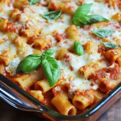 Easy baked ziti is a fun and tasty dish. It uses simple ingredients to create a rich, cheesy meal. You can make it for a weeknight dinner or a special gathering. The blend of pasta, cheese, and sauce will please everyone. To make this delightful dish, gather these ingredients: - 12 oz ziti pasta - 2 tablespoons olive oil - 1 onion, chopped - 3 cloves garlic, minced - 1 bell pepper, diced - 1 teaspoon Italian seasoning - 1 jar (24 oz) marinara sauce - 2 cups ricotta cheese - 1 egg - 2 cups shredded mozzarella cheese - 1/2 cup grated Parmesan cheese - Salt and pepper to taste - Fresh basil for garnish (optional) These ingredients blend well together. Each one adds flavor and texture to the dish. To prepare your baked ziti, you will need some handy tools: - Large pot for boiling pasta - Skillet for sautéing - Mixing bowl for the ricotta - Baking dish for assembling - Aluminum foil for covering With these tools, you can easily make the recipe. Each tool helps in creating a great baked ziti. Enjoy cooking it! 1. Preheat the oven. Set your oven to 375°F (190°C). This step is key to a great bake. 2. Cook the pasta. Boil the ziti pasta in a large pot. Follow the package instructions until it's al dente. Drain it well and let it sit. 3. Prep the veggies. In a large skillet, pour the olive oil and heat it over medium. Add the chopped onion and sauté until it turns soft, about 3-4 minutes. 4. Add garlic and pepper. Mix in the minced garlic and diced bell pepper. Cook for another 3 minutes until they soften. 5. Season the sauce. Stir in the Italian seasoning and marinara sauce. Add salt and pepper to taste. Let it simmer for about 5 minutes to blend the flavors. 6. Mix the cheese. In a bowl, combine the ricotta cheese, egg, and a pinch of salt and pepper. Stir until it is smooth and creamy. 7. Combine pasta and sauce. Take a large baking dish. Mix the cooked ziti with the marinara sauce mixture. Make sure it is well combined. 8. Add ricotta. Drop spoonfuls of the ricotta mix over the pasta. Gently fold it in, but do not mix it too much. 9. Top it off. Sprinkle the shredded mozzarella and grated Parmesan cheese on top. This will melt beautifully while baking. 10. Cover and bake. Use aluminum foil to cover the dish. Bake for 25 minutes. This helps the pasta absorb the sauce. 11. Finish baking. Remove the foil and bake for another 10-15 minutes. Look for bubbly, golden cheese on top. 12. Serve it up. Let it cool for a few minutes. Garnish with fresh basil if you like. Enjoy your delicious creation! For the complete recipe details, check the Full Recipe section. To cook ziti just right, follow the package guide. Boil your water first. Salt it well to add flavor. Add the ziti and stir to prevent sticking. Check for al dente, which means it should be firm but not hard. This usually takes about 8-10 minutes. Drain it well before mixing it with sauce. If you have dietary needs, you can make easy swaps. For gluten-free ziti, use gluten-free pasta. Instead of ricotta, try cottage cheese or tofu for a vegan option. You can also use almond milk or coconut milk to replace dairy. This way, everyone can enjoy the meal without worry. Having the right tools helps make cooking easier. Use a large pot for boiling the pasta. A 12-inch skillet works well for sautéing veggies. A large mixing bowl is great for combining the cheese. Finally, a baking dish is key for the oven. Using these tools will make your ziti prep smooth and fun. For the full recipe, check out the complete list above. {{image_2}} For a tasty vegetarian baked ziti, swap the meat for veggies. Use mushrooms, zucchini, or spinach. These add great flavor and nutrients. You can also add roasted eggplant or artichokes for more variety. Just sauté the veggies with the onion and garlic. This will make your dish colorful and healthy. If you love meat, add ground beef, sausage, or turkey. Brown the meat in your skillet before adding the onion and garlic. Mix it into the sauce for a hearty meal. This version is rich and filling. You can even layer in some pepperoni or bacon for extra flavor. Cheese lovers will enjoy adding different cheeses. Try using feta, goat cheese, or even cheddar. You can mix these in with the ricotta for a creamy texture. Adding extra mozzarella on top gives a nice, gooey finish. For a fun twist, throw in some cream cheese or a splash of pesto. These add a burst of flavor that everyone will love. For the full recipe, check out the steps above! To keep your baked ziti fresh, place it in an airtight container. Let it cool down before sealing. You can store it in the fridge for up to four days. If you want to keep it longer, freezing is a great option. When you're ready to eat your leftovers, reheat them in the oven. Set it to 350°F (175°C). Cover the dish with foil to keep the moisture in. Heat for about 20 minutes or until it is warm throughout. You can also use the microwave for a quick meal. Just use a microwave-safe dish and cover it. To freeze baked ziti, portion it into meal-sized servings. Wrap each portion tightly in plastic wrap, then place it in a freezer bag. Label the bags with the date. It should last about three months in the freezer. When you want to eat it, thaw it in the fridge overnight before reheating. This keeps the flavors fresh and delicious. For the full recipe, check the earlier section. To make baked ziti from scratch, start by cooking the ziti pasta. Boil water in a pot and add the pasta. Cook it until it is al dente, then drain. In a skillet, heat olive oil, and add chopped onion. Sauté until it turns soft. Add minced garlic and diced bell pepper. Cook for a few more minutes. Then, stir in Italian seasoning and marinara sauce. Let it simmer for a bit. In a bowl, mix ricotta cheese, an egg, and a pinch of salt. In a baking dish, combine the pasta with the sauce. Add the ricotta mix and gently stir. Top with mozzarella and Parmesan cheeses. Bake at 375°F for about 35-40 minutes. Yes, you can prepare baked ziti ahead of time. To do this, follow the recipe but do not bake it. Once you mix the pasta and sauce, cover the dish tightly with foil. You can store it in the fridge for up to 24 hours. When ready to eat, just bake it in the oven. If it’s cold from the fridge, add an extra 10 minutes to the baking time. If you need a substitute for ricotta cheese, you have some great options. Cottage cheese is a common choice. Just blend it until smooth. Cream cheese can also work well. Mix it with a bit of milk to get the right texture. Greek yogurt is another healthy option. It adds creaminess and a nice tang to the dish. In this post, we explored making baked ziti from scratch. We covered the full recipe, essential ingredients, and cooking tools. I shared step-by-step instructions to guide you through preparation, cooking, and baking. You also found handy tips for cooking ziti perfectly and options for dietary needs. I discussed variations, including vegetarian and meat-lover ideas, plus storage tips for leftovers. Now you have everything you need to create a delicious baked ziti at home! Enjoy cooking and sharing this meal with others.