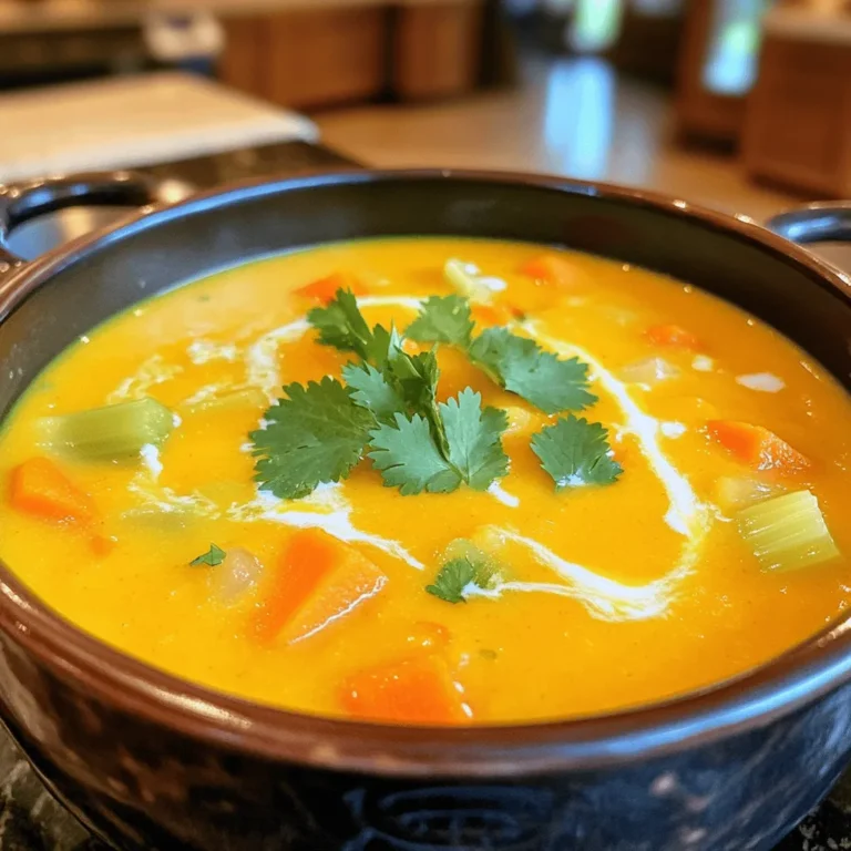 To make a delicious savory pumpkin soup, gather these fresh ingredients: - 1 medium pumpkin (3 to 4 pounds), peeled, seeded, and cubed - 1 medium onion, chopped - 2 cloves garlic, minced - 1 carrot, diced - 1 stalk celery, diced - 4 cups vegetable broth - 1 teaspoon ground cumin - 1 teaspoon ground coriander - ½ teaspoon ground ginger - Salt and pepper to taste - 2 tablespoons olive oil - ¼ cup coconut milk (for creaminess) - Fresh cilantro or parsley for garnish These ingredients come together to create a warm, hearty bowl of comfort. When choosing your pumpkin, look for one that feels heavy and has a rich color. This soup is easy to prepare and perfect for chilly days. You can find the full recipe at the end. - Heat 2 tablespoons of olive oil in a pot over medium heat. - Add 1 chopped onion and sauté for about 5 minutes. The onion should turn translucent. - Next, add 2 minced garlic cloves, 1 diced carrot, and 1 diced celery stalk. Cook for 3 to 4 minutes until tender. - Mix in the cubed pumpkin, about 3 to 4 pounds, along with 1 teaspoon of ground cumin, 1 teaspoon of ground coriander, and ½ teaspoon of ground ginger. Cook for 5 minutes to boost the flavor. - Pour in 4 cups of vegetable broth. Bring it to a boil. - Once boiling, reduce the heat and let it simmer. Cook until the pumpkin is tender, about 20 to 25 minutes. - Use an immersion blender to puree the soup until it is smooth. You can also blend it in batches if needed. - Stir in ¼ cup of coconut milk for added creaminess. - Season with salt and pepper to taste. Adjust as needed. - Serve the soup hot, garnished with fresh cilantro or parsley. This adds both color and flavor. For more details, check the Full Recipe. - Selecting the perfect pumpkin: Choose a pumpkin that feels heavy and firm. Look for smooth skin without blemishes. Smaller pumpkins often have sweeter flesh, making them great for soup. Sugar pumpkins work well for this dish. - Avoiding stringy texture: To prevent a stringy soup, cook the pumpkin until it is very soft. Blend thoroughly until smooth. Strain the mixture through a fine sieve if needed for extra creaminess. - Additional spices and herbs: Consider adding a pinch of nutmeg for warmth. A dash of cayenne pepper can bring some heat. Fresh herbs like thyme or sage can also brighten the flavor profile. - Alternative garnishes: Instead of just cilantro or parsley, try roasted pumpkin seeds for a crunch. A swirl of yogurt or cream can add richness and visual appeal. - Options for dairy substitutes: If you want a vegan option, coconut milk is perfect. Almond or cashew cream can also add a nice touch. Silken tofu blended in can give thickness and creaminess. - Using different types of oils: While olive oil is great, try using coconut oil for a subtle flavor. Avocado oil can also work well and adds a healthy fat. {{image_2}} You can swap pumpkin for butternut squash. Butternut squash gives a similar taste. It also has a nice sweetness. If you want more flavor, try adding chicken broth instead of vegetable broth. Chicken broth adds depth and richness to the soup. For a vegan option, just stick with vegetable broth and skip the coconut milk. You can replace it with almond milk or soy cream. This soup can also be gluten-free if you check your broth. For a low-carb version, skip the carrot and use fewer potatoes. This keeps the soup lighter but still tasty. If you crave a spicy kick, add curry powder. It gives your soup warmth and a nice depth. You can also introduce roasted garlic for a sweet and rich flavor. Smoked paprika adds a delightful smoky taste. Both options make your soup pop with flavor. Feel free to experiment with these variations. Each one can bring a new twist to your savory pumpkin soup. For the full recipe, check the details above. To keep your savory pumpkin soup fresh, refrigerate it. Always use airtight containers for storage. This will help to lock in flavors and keep the soup safe to eat. Make sure the soup cools down before sealing the container. Leftovers can last for about 3 to 5 days in the fridge. If you want to keep the soup longer, freezing is a great option. First, let the soup cool completely. Next, pour it into freezer-safe containers or bags. Remove as much air as possible to prevent freezer burn. You can freeze the soup for up to three months. To thaw, place it in the fridge overnight or use the microwave for a quick option. To reheat your soup, warm it slowly over medium heat. Stir the soup often to keep it from sticking. If the soup seems too thick, add a splash of vegetable broth or water. This will help keep the texture smooth and creamy. For best results, enjoy it right after reheating for the freshest taste. Can I use canned pumpkin instead of fresh? Yes, you can use canned pumpkin. It saves time and is great for quick meals. Just choose pure pumpkin, not pie filling. Use about 1 ½ cups for the recipe. How do I make my soup thicker? To thicken your soup, blend it more. You can also add a little more pumpkin or a small potato. Another option is to cook it longer to reduce the liquid. Can I add protein to the soup? Yes! You can add cooked chicken, turkey, or beans for a protein boost. Stir them in during the last few minutes of cooking. Savory pumpkin soup has about 150 calories per serving. It provides fiber, vitamins A and C, and potassium. Pumpkin is low in calories but high in nutrients. The coconut milk adds healthy fats that help you feel full. Pair your savory pumpkin soup with crusty bread for a hearty meal. A fresh salad adds great crunch and flavor. For drinks, try a light white wine or sparkling water with lemon. These drinks complement the soup's rich taste. This blog post covered a complete recipe for savory pumpkin soup. We explored the ingredients, preparation steps, and cooking tips, ensuring your soup turns out perfect every time. We also discussed variations to suit different diets and tastes, plus storage tips to keep leftovers fresh. Making savory pumpkin soup is simple and fun. Experiment with spices and garnishes for your own twist. Enjoy your cooking and share this delicious dish with others!
