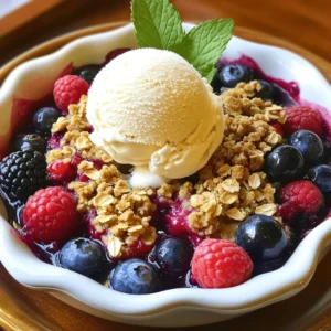 For this Summer Berry Crisp, I love using a mix of fresh berries. Blueberries, raspberries, strawberries, and blackberries all work well together. Each berry brings a unique flavor. When selecting berries, look for ones that are firm, plump, and bright in color. Avoid berries with mushy spots or mold. Fresh berries make your crisp taste best. Here’s a detailed list of ingredients for the Summer Berry Crisp: - 2 cups mixed berries (blueberries, raspberries, strawberries, blackberries) - 1 cup granulated sugar, divided - 1 tablespoon lemon juice - 1 tablespoon cornstarch - 1 teaspoon vanilla extract - 1 cup rolled oats - 1 cup all-purpose flour - 1/2 cup brown sugar - 1/2 teaspoon ground cinnamon - 1/2 cup cold unsalted butter, cubed - Pinch of salt Using fresh and high-quality ingredients is key. Fresh berries bring vibrant flavor. Good butter makes the topping rich. Always choose the best you can find. You can enhance the flavor with optional ingredients. Chopped nuts, like almonds or walnuts, add crunch. Shredded coconut can give a tropical twist. A sprinkle of spices, like nutmeg or ginger, can add warmth. If you're aiming for gluten-free, substitute oats and flour with almond flour or coconut flour. For a vegan option, replace butter with coconut oil or vegan butter. These tweaks keep the crisp delicious for everyone. Start by prepping your berries. I like to use a mix of blueberries, raspberries, strawberries, and blackberries for the best flavor. You will need 2 cups of mixed berries. Wash them gently under cold water and let them drain. This keeps the berries fresh and juicy. Next, grab a large mixing bowl. Add the washed berries along with 1/2 cup of granulated sugar, 1 tablespoon of lemon juice, 1 tablespoon of cornstarch, and 1 teaspoon of vanilla extract. Gently toss everything together. This helps coat the berries and adds natural sweetness. Once mixed, transfer the berry mixture to a greased 9x9-inch baking dish. Now, let’s make the topping. In a separate bowl, mix together 1 cup of rolled oats, 1 cup of all-purpose flour, another 1/2 cup of granulated sugar, 1/2 cup of brown sugar, 1/2 teaspoon of ground cinnamon, and a pinch of salt. Stir until well combined. Add 1/2 cup of cold, cubed unsalted butter to the dry mixture. Use your fingers or a pastry cutter to blend the butter until the mixture looks like coarse crumbs. This creates a nice, crumbly topping. Preheat your oven to 350°F (175°C). Once it's ready, sprinkle the oat mixture evenly over the berry filling in the baking dish. Bake for about 30-35 minutes. You will know it's done when the topping is golden brown and the berry filling is bubbly. The aroma will fill your kitchen, making it hard to wait. Serving this crisp is a delight. I recommend serving it warm for the best experience. Top it with a scoop of vanilla ice cream for a creamy contrast. A sprinkle of fresh mint adds a lovely touch. When plating, be sure to serve generous portions that show off the colorful berries and crunchy topping. For the full recipe, check the section above. Enjoy your delicious Summer Berry Crisp! To get a crunchy topping, use cold butter. Cold butter blends better. It helps create that nice, crumbly texture. Mix the butter into the dry ingredients until it looks like coarse crumbs. This step is key for the right texture. If your filling is too watery, don't worry! You can fix this by adding a bit more cornstarch. This thickens the juices from the berries. It keeps your filling from being runny. Remember, a little goes a long way! When choosing berries, look for ones that are ripe and colorful. Berries should smell sweet and fresh. If you can, buy them from local farms. They often taste better. Store fresh berries in the fridge but don’t wash them until you’re ready. Washing can make them mushy and spoil faster. Keep them in a container with air holes. This helps them stay fresh longer. You can prepare the crisp in advance. Just mix the berry filling and topping separately. Layer them in a baking dish, cover, and chill. When you are ready, bake it straight from the fridge. For leftovers, store the crisp in an airtight container. Reheat in the oven at 350°F (175°C) for about 10-15 minutes. This keeps it crispy. If you use a microwave, the topping may get soggy. So, the oven is best! {{image_2}} You can mix and match different berries. Try using strawberries, blueberries, or raspberries. Here are some ideas: - Strawberries and Blueberries: Sweet and juicy, great for summer. - Raspberries and Blackberries: Tart and bold, they add a punch. - Peaches and Berries: Mix peach slices with berries for a sweet twist. Mixing fruits gives your Summer Berry Crisp a unique flavor. Experiment with ratios to find your favorite blend. You can add extra flavor to your crisp. Here are a few easy ways: - Citrus Zest: Lemon or orange zest brightens the taste. Just a teaspoon adds zing. - Herbs: Consider adding fresh mint or basil for a fresh twist. - Sweeteners: Swap granulated sugar for honey or maple syrup. These can add depth to the sweetness. These enhancements will elevate your dessert and make it even more exciting. You can adapt the Summer Berry Crisp to fit different diets. Here are some options: - Gluten-free: Use almond flour instead of all-purpose flour. It works well with oats. - Vegan: Replace butter with coconut oil or vegan butter. This keeps the crisp delicious and plant-based. These dietary variations ensure everyone can enjoy this tasty treat. For the full recipe, check out the details above. To keep your Summer Berry Crisp fresh, follow these tips: - Cool completely: Allow the crisp to cool before storing. - Use an airtight container: Store leftovers in a sealed container. - Refrigerate: Place the container in the fridge for up to 3 days. - Freezing: To freeze, wrap the crisp tightly in plastic wrap and then foil. It can stay frozen for up to 3 months. When you're ready to enjoy your crisp again, here’s how to reheat it: - Oven method: Preheat your oven to 350°F (175°C). Bake the crisp for about 15-20 minutes until warm. - Microwave method: Heat individual servings in the microwave for 30-60 seconds. - Avoid sogginess: Reheat uncovered to keep the topping crunchy. Understanding how long your crisp lasts is key: - Refrigerated: It stays good for about 3 days. - Frozen: The crisp lasts up to 3 months in the freezer. - Signs of spoilage: If you see mold or if it smells bad, it’s time to toss it. How do I make a double batch? To make a double batch, simply double all the ingredients. Use a larger baking dish, like 9x13 inches. This way, you can serve more people. Just watch the baking time; it might need a bit more time. Can I use frozen berries instead of fresh? Yes, you can use frozen berries. Just thaw them first and drain excess liquid. This helps keep your filling from being too watery. Frozen berries can be just as tasty! What if I don’t have all the ingredients? No worries! You can substitute granulated sugar with brown sugar. If you lack cornstarch, try using flour instead. Get creative with what you have. Can I substitute oats with another grain? Absolutely! You can use quinoa flakes or crushed nuts. Just ensure the texture suits your taste. Each option gives a different crunch and flavor. Why did my topping turn out mushy? If the topping is mushy, you may have added too much butter. Make sure you use the right amount. Baking at the correct temperature also helps create a nice crunch. How can I fix a watery filling? To fix a watery filling, add a bit more cornstarch or flour. Mix it in with the berries before baking. This will help thicken the juices as it cooks. In this article, I covered how to make a delicious Summer Berry Crisp. You learned about choosing ripe berries, using fresh ingredients, and adding flavor with simple tips. I included easy step-by-step instructions and helpful storage advice. You now know how to serve it up right and even tweak recipes to fit your needs. Remember, enjoying fresh, delicious desserts can be simple. Get creative with your berries and enjoy the crisp, warm flavors this summer!