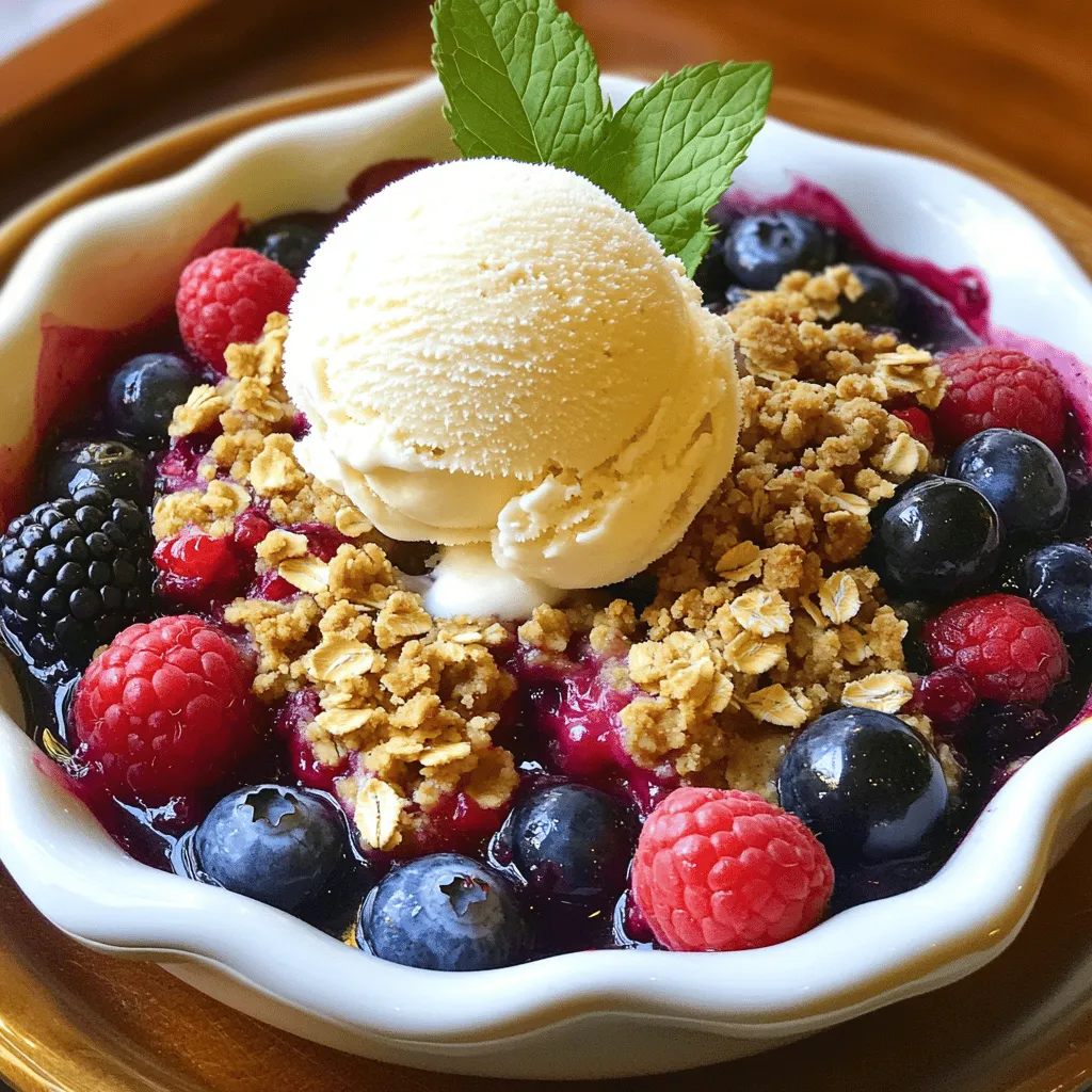 For this Summer Berry Crisp, I love using a mix of fresh berries. Blueberries, raspberries, strawberries, and blackberries all work well together. Each berry brings a unique flavor. When selecting berries, look for ones that are firm, plump, and bright in color. Avoid berries with mushy spots or mold. Fresh berries make your crisp taste best. Here’s a detailed list of ingredients for the Summer Berry Crisp: - 2 cups mixed berries (blueberries, raspberries, strawberries, blackberries) - 1 cup granulated sugar, divided - 1 tablespoon lemon juice - 1 tablespoon cornstarch - 1 teaspoon vanilla extract - 1 cup rolled oats - 1 cup all-purpose flour - 1/2 cup brown sugar - 1/2 teaspoon ground cinnamon - 1/2 cup cold unsalted butter, cubed - Pinch of salt Using fresh and high-quality ingredients is key. Fresh berries bring vibrant flavor. Good butter makes the topping rich. Always choose the best you can find. You can enhance the flavor with optional ingredients. Chopped nuts, like almonds or walnuts, add crunch. Shredded coconut can give a tropical twist. A sprinkle of spices, like nutmeg or ginger, can add warmth. If you're aiming for gluten-free, substitute oats and flour with almond flour or coconut flour. For a vegan option, replace butter with coconut oil or vegan butter. These tweaks keep the crisp delicious for everyone. Start by prepping your berries. I like to use a mix of blueberries, raspberries, strawberries, and blackberries for the best flavor. You will need 2 cups of mixed berries. Wash them gently under cold water and let them drain. This keeps the berries fresh and juicy. Next, grab a large mixing bowl. Add the washed berries along with 1/2 cup of granulated sugar, 1 tablespoon of lemon juice, 1 tablespoon of cornstarch, and 1 teaspoon of vanilla extract. Gently toss everything together. This helps coat the berries and adds natural sweetness. Once mixed, transfer the berry mixture to a greased 9x9-inch baking dish. Now, let’s make the topping. In a separate bowl, mix together 1 cup of rolled oats, 1 cup of all-purpose flour, another 1/2 cup of granulated sugar, 1/2 cup of brown sugar, 1/2 teaspoon of ground cinnamon, and a pinch of salt. Stir until well combined. Add 1/2 cup of cold, cubed unsalted butter to the dry mixture. Use your fingers or a pastry cutter to blend the butter until the mixture looks like coarse crumbs. This creates a nice, crumbly topping. Preheat your oven to 350°F (175°C). Once it's ready, sprinkle the oat mixture evenly over the berry filling in the baking dish. Bake for about 30-35 minutes. You will know it's done when the topping is golden brown and the berry filling is bubbly. The aroma will fill your kitchen, making it hard to wait. Serving this crisp is a delight. I recommend serving it warm for the best experience. Top it with a scoop of vanilla ice cream for a creamy contrast. A sprinkle of fresh mint adds a lovely touch. When plating, be sure to serve generous portions that show off the colorful berries and crunchy topping. For the full recipe, check the section above. Enjoy your delicious Summer Berry Crisp! To get a crunchy topping, use cold butter. Cold butter blends better. It helps create that nice, crumbly texture. Mix the butter into the dry ingredients until it looks like coarse crumbs. This step is key for the right texture. If your filling is too watery, don't worry! You can fix this by adding a bit more cornstarch. This thickens the juices from the berries. It keeps your filling from being runny. Remember, a little goes a long way! When choosing berries, look for ones that are ripe and colorful. Berries should smell sweet and fresh. If you can, buy them from local farms. They often taste better. Store fresh berries in the fridge but don’t wash them until you’re ready. Washing can make them mushy and spoil faster. Keep them in a container with air holes. This helps them stay fresh longer. You can prepare the crisp in advance. Just mix the berry filling and topping separately. Layer them in a baking dish, cover, and chill. When you are ready, bake it straight from the fridge. For leftovers, store the crisp in an airtight container. Reheat in the oven at 350°F (175°C) for about 10-15 minutes. This keeps it crispy. If you use a microwave, the topping may get soggy. So, the oven is best! {{image_2}} You can mix and match different berries. Try using strawberries, blueberries, or raspberries. Here are some ideas: - Strawberries and Blueberries: Sweet and juicy, great for summer. - Raspberries and Blackberries: Tart and bold, they add a punch. - Peaches and Berries: Mix peach slices with berries for a sweet twist. Mixing fruits gives your Summer Berry Crisp a unique flavor. Experiment with ratios to find your favorite blend. You can add extra flavor to your crisp. Here are a few easy ways: - Citrus Zest: Lemon or orange zest brightens the taste. Just a teaspoon adds zing. - Herbs: Consider adding fresh mint or basil for a fresh twist. - Sweeteners: Swap granulated sugar for honey or maple syrup. These can add depth to the sweetness. These enhancements will elevate your dessert and make it even more exciting. You can adapt the Summer Berry Crisp to fit different diets. Here are some options: - Gluten-free: Use almond flour instead of all-purpose flour. It works well with oats. - Vegan: Replace butter with coconut oil or vegan butter. This keeps the crisp delicious and plant-based. These dietary variations ensure everyone can enjoy this tasty treat. For the full recipe, check out the details above. To keep your Summer Berry Crisp fresh, follow these tips: - Cool completely: Allow the crisp to cool before storing. - Use an airtight container: Store leftovers in a sealed container. - Refrigerate: Place the container in the fridge for up to 3 days. - Freezing: To freeze, wrap the crisp tightly in plastic wrap and then foil. It can stay frozen for up to 3 months. When you're ready to enjoy your crisp again, here’s how to reheat it: - Oven method: Preheat your oven to 350°F (175°C). Bake the crisp for about 15-20 minutes until warm. - Microwave method: Heat individual servings in the microwave for 30-60 seconds. - Avoid sogginess: Reheat uncovered to keep the topping crunchy. Understanding how long your crisp lasts is key: - Refrigerated: It stays good for about 3 days. - Frozen: The crisp lasts up to 3 months in the freezer. - Signs of spoilage: If you see mold or if it smells bad, it’s time to toss it. How do I make a double batch? To make a double batch, simply double all the ingredients. Use a larger baking dish, like 9x13 inches. This way, you can serve more people. Just watch the baking time; it might need a bit more time. Can I use frozen berries instead of fresh? Yes, you can use frozen berries. Just thaw them first and drain excess liquid. This helps keep your filling from being too watery. Frozen berries can be just as tasty! What if I don’t have all the ingredients? No worries! You can substitute granulated sugar with brown sugar. If you lack cornstarch, try using flour instead. Get creative with what you have. Can I substitute oats with another grain? Absolutely! You can use quinoa flakes or crushed nuts. Just ensure the texture suits your taste. Each option gives a different crunch and flavor. Why did my topping turn out mushy? If the topping is mushy, you may have added too much butter. Make sure you use the right amount. Baking at the correct temperature also helps create a nice crunch. How can I fix a watery filling? To fix a watery filling, add a bit more cornstarch or flour. Mix it in with the berries before baking. This will help thicken the juices as it cooks. In this article, I covered how to make a delicious Summer Berry Crisp. You learned about choosing ripe berries, using fresh ingredients, and adding flavor with simple tips. I included easy step-by-step instructions and helpful storage advice. You now know how to serve it up right and even tweak recipes to fit your needs. Remember, enjoying fresh, delicious desserts can be simple. Get creative with your berries and enjoy the crisp, warm flavors this summer!