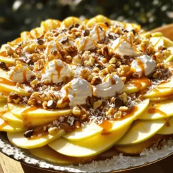 - Apples: I love using Granny Smith or Honeycrisp apples. Both are crisp and sweet, perfect for nachos. Granny Smith gives a tart crunch, while Honeycrisp adds sweetness. Choose what suits your taste! - Caramel Sauce: You can use store-bought caramel for ease. Just warm it a bit in the microwave. If you want to try homemade, it’s a fun and rewarding option. Just make sure it’s smooth and pourable. - Toppings: You can really customize your nachos here. I recommend ½ cup of chopped nuts like pecans, walnuts, or peanuts for crunch. Mini chocolate chips add sweetness, while shredded coconut gives a tropical twist. - Optional Ingredients: For a little extra flavor, try adding ½ teaspoon of cinnamon. A drizzle of whipped cream on top makes it an indulgent treat. These options are great for adding your personal touch. Follow this Full Recipe for the best results, and enjoy your tasty creation! First, wash the apples under cool water. This removes dirt and wax. Next, core the apples to remove the seeds. I like to use an apple corer for this job. Then, slice the apples into thin wedges. Aim for slices about a quarter-inch thick. This size ensures they stay crunchy and hold up well with the toppings. Arrange the apple slices in a single layer on a large serving platter or baking sheet. This layout makes it easy to drizzle the caramel later. If you use store-bought caramel, warm it in the microwave. Heat it for about 15 to 20 seconds. This makes it easy to drizzle. Stir it gently after heating. If you decide to make homemade caramel, follow your recipe carefully. Use medium heat and stir often. This helps prevent burning. Wait until it is smooth and glossy before using it on the apples. Start layering the nachos by drizzling caramel over the sliced apples. Pour a generous amount to coat them evenly. Next, add your toppings. Sprinkle chopped nuts, mini chocolate chips, and shredded coconut if you like. For a tasty twist, add a dash of cinnamon. Finally, finish with a light sprinkle of sea salt on top. This enhances the sweetness of the caramel. For extra fun, drizzle whipped cream just before serving. Enjoy your delicious creation right away! For the full recipe, check out the details above. For caramel apple nachos, I love using Granny Smith or Honeycrisp apples. Granny Smith apples add a nice tartness that balances the sweet caramel. Honeycrisp apples offer a juicy crunch. Both types hold their shape well when sliced. You want the apples to be crisp and fresh for the best taste. Avoid soft apples; they won't hold up as well. Getting the right caramel consistency is key. If you use store-bought caramel, microwave it for just 15 to 20 seconds. This will make it easy to drizzle. Stir it gently after warming. If you make homemade caramel, make sure it is smooth and not too thick. Thin caramel coats the apples better, giving them a nice shine. When serving your nachos, arrange the apple slices in a beautiful pattern. Spread them out in a single layer for a nice look. Drizzle the caramel in a zigzag pattern to create a fun design. Then, sprinkle nuts and chocolate chips evenly over the top. For a final touch, add a dollop of whipped cream or a sprinkle of sea salt. This makes the dish pop! {{image_2}} You can have fun with your caramel apple nachos by mixing flavors. A chocolate drizzle adds a sweet touch. Simply melt chocolate and pour it over the nachos. You can use milk, dark, or white chocolate, depending on your taste. You can also try different toppings. Dried fruit, like raisins or cranberries, can add a nice chewy texture. Sprinkles can add a pop of color and fun. Experiment and find your favorite combo! If you need gluten-free options, this recipe is easy to adjust. Just make sure the caramel sauce is gluten-free. Most store-bought sauces fit this bill. For a vegan version, swap the caramel sauce for a plant-based option. You can make your own using coconut milk and brown sugar. This way, everyone can enjoy the sweet treat without worry. Caramel apple nachos are great for fall! You can add spices like nutmeg or ginger to the caramel. These spices warm up the flavors and give a cozy vibe. You might also want to top your nachos with seasonal fruits, like pomegranate seeds. They add a burst of color and a sweet-tart taste. Enjoy these fun and tasty treats all year round, with fresh ideas for each season! For the complete recipe, check out the [Full Recipe]. To keep your caramel apple nachos fresh, store them in an airtight container. Place a layer of parchment paper between the apples and the lid. This helps prevent moisture from making the apples soggy. If you make the nachos ahead of time, keep the caramel sauce and toppings separate. This keeps each ingredient fresh and tasty. If you have leftovers, gently reheat the caramel sauce to keep it smooth. Place the sauce in a microwave-safe bowl. Heat it in 15-second bursts, stirring in between. This warms the caramel without burning it. For the apples, eat them cold. Reheating can change their crispness and texture. Leftover caramel apple nachos last about one day in the fridge. After that, the apples may start to brown and lose their crunch. If you want to keep them longer, store the apple slices in water with a bit of lemon juice. This can help keep them fresh for another day. Always look for changes in texture or smell before eating any leftovers. Yes, you can prepare parts of the nachos ahead of time. - Slice the apples: Cut the apples and soak them in a mix of water and lemon juice. This will keep them fresh and bright. - Prepare the toppings: Chop the nuts and measure the chocolate chips. Store them in separate containers. - Make the caramel: If making homemade caramel, prepare it a day before. Store it in an airtight container in the fridge. When ready to serve, simply assemble the nachos. This keeps them fresh and tasty! Granny Smith and Honeycrisp apples are my top picks. - Granny Smith: These apples are tart and crunchy. Their flavor balances the sweet caramel. - Honeycrisp: They are sweet and juicy. Their crisp texture adds great bite to the nachos. Mixing these apples gives a fun flavor twist and a great crunch! Making homemade caramel is easy with just a few steps. 1. Gather ingredients: You need sugar, butter, and cream. 2. Melt the sugar: In a pan, heat sugar over medium heat. Stir until it melts and turns amber. 3. Add butter: Once melted, add butter and stir until smooth. 4. Pour in cream: Slowly add cream while stirring. Remove from heat and let it cool. This homemade caramel adds a special touch to your nachos! Yes, caramel apple nachos can be gluten-free! - Apples: Naturally gluten-free, apples are safe to eat. - Caramel sauce: Check the label on store-bought caramel. Most are gluten-free. - Toppings: Nuts and chocolate chips are usually gluten-free. Just ensure they don’t have gluten-containing additives. With careful ingredient checks, you can enjoy these nachos without worry! In this post, I explored how to create delicious caramel apple nachos. We discussed ingredients, preparation steps, and ways to personalize your dish. You learned about the best apples, caramel melting tips, and presentation ideas. Don't forget to try different toppings and variations to keep it exciting. Follow these steps for a tasty treat that everyone can enjoy. With some simple tips, you can make nachos that look great and taste even better. Enjoy your caramel apple nachos, and happy snacking!