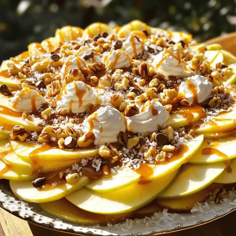 - Apples: I love using Granny Smith or Honeycrisp apples. Both are crisp and sweet, perfect for nachos. Granny Smith gives a tart crunch, while Honeycrisp adds sweetness. Choose what suits your taste! - Caramel Sauce: You can use store-bought caramel for ease. Just warm it a bit in the microwave. If you want to try homemade, it’s a fun and rewarding option. Just make sure it’s smooth and pourable. - Toppings: You can really customize your nachos here. I recommend ½ cup of chopped nuts like pecans, walnuts, or peanuts for crunch. Mini chocolate chips add sweetness, while shredded coconut gives a tropical twist. - Optional Ingredients: For a little extra flavor, try adding ½ teaspoon of cinnamon. A drizzle of whipped cream on top makes it an indulgent treat. These options are great for adding your personal touch. Follow this Full Recipe for the best results, and enjoy your tasty creation! First, wash the apples under cool water. This removes dirt and wax. Next, core the apples to remove the seeds. I like to use an apple corer for this job. Then, slice the apples into thin wedges. Aim for slices about a quarter-inch thick. This size ensures they stay crunchy and hold up well with the toppings. Arrange the apple slices in a single layer on a large serving platter or baking sheet. This layout makes it easy to drizzle the caramel later. If you use store-bought caramel, warm it in the microwave. Heat it for about 15 to 20 seconds. This makes it easy to drizzle. Stir it gently after heating. If you decide to make homemade caramel, follow your recipe carefully. Use medium heat and stir often. This helps prevent burning. Wait until it is smooth and glossy before using it on the apples. Start layering the nachos by drizzling caramel over the sliced apples. Pour a generous amount to coat them evenly. Next, add your toppings. Sprinkle chopped nuts, mini chocolate chips, and shredded coconut if you like. For a tasty twist, add a dash of cinnamon. Finally, finish with a light sprinkle of sea salt on top. This enhances the sweetness of the caramel. For extra fun, drizzle whipped cream just before serving. Enjoy your delicious creation right away! For the full recipe, check out the details above. For caramel apple nachos, I love using Granny Smith or Honeycrisp apples. Granny Smith apples add a nice tartness that balances the sweet caramel. Honeycrisp apples offer a juicy crunch. Both types hold their shape well when sliced. You want the apples to be crisp and fresh for the best taste. Avoid soft apples; they won't hold up as well. Getting the right caramel consistency is key. If you use store-bought caramel, microwave it for just 15 to 20 seconds. This will make it easy to drizzle. Stir it gently after warming. If you make homemade caramel, make sure it is smooth and not too thick. Thin caramel coats the apples better, giving them a nice shine. When serving your nachos, arrange the apple slices in a beautiful pattern. Spread them out in a single layer for a nice look. Drizzle the caramel in a zigzag pattern to create a fun design. Then, sprinkle nuts and chocolate chips evenly over the top. For a final touch, add a dollop of whipped cream or a sprinkle of sea salt. This makes the dish pop! {{image_2}} You can have fun with your caramel apple nachos by mixing flavors. A chocolate drizzle adds a sweet touch. Simply melt chocolate and pour it over the nachos. You can use milk, dark, or white chocolate, depending on your taste. You can also try different toppings. Dried fruit, like raisins or cranberries, can add a nice chewy texture. Sprinkles can add a pop of color and fun. Experiment and find your favorite combo! If you need gluten-free options, this recipe is easy to adjust. Just make sure the caramel sauce is gluten-free. Most store-bought sauces fit this bill. For a vegan version, swap the caramel sauce for a plant-based option. You can make your own using coconut milk and brown sugar. This way, everyone can enjoy the sweet treat without worry. Caramel apple nachos are great for fall! You can add spices like nutmeg or ginger to the caramel. These spices warm up the flavors and give a cozy vibe. You might also want to top your nachos with seasonal fruits, like pomegranate seeds. They add a burst of color and a sweet-tart taste. Enjoy these fun and tasty treats all year round, with fresh ideas for each season! For the complete recipe, check out the [Full Recipe]. To keep your caramel apple nachos fresh, store them in an airtight container. Place a layer of parchment paper between the apples and the lid. This helps prevent moisture from making the apples soggy. If you make the nachos ahead of time, keep the caramel sauce and toppings separate. This keeps each ingredient fresh and tasty. If you have leftovers, gently reheat the caramel sauce to keep it smooth. Place the sauce in a microwave-safe bowl. Heat it in 15-second bursts, stirring in between. This warms the caramel without burning it. For the apples, eat them cold. Reheating can change their crispness and texture. Leftover caramel apple nachos last about one day in the fridge. After that, the apples may start to brown and lose their crunch. If you want to keep them longer, store the apple slices in water with a bit of lemon juice. This can help keep them fresh for another day. Always look for changes in texture or smell before eating any leftovers. Yes, you can prepare parts of the nachos ahead of time. - Slice the apples: Cut the apples and soak them in a mix of water and lemon juice. This will keep them fresh and bright. - Prepare the toppings: Chop the nuts and measure the chocolate chips. Store them in separate containers. - Make the caramel: If making homemade caramel, prepare it a day before. Store it in an airtight container in the fridge. When ready to serve, simply assemble the nachos. This keeps them fresh and tasty! Granny Smith and Honeycrisp apples are my top picks. - Granny Smith: These apples are tart and crunchy. Their flavor balances the sweet caramel. - Honeycrisp: They are sweet and juicy. Their crisp texture adds great bite to the nachos. Mixing these apples gives a fun flavor twist and a great crunch! Making homemade caramel is easy with just a few steps. 1. Gather ingredients: You need sugar, butter, and cream. 2. Melt the sugar: In a pan, heat sugar over medium heat. Stir until it melts and turns amber. 3. Add butter: Once melted, add butter and stir until smooth. 4. Pour in cream: Slowly add cream while stirring. Remove from heat and let it cool. This homemade caramel adds a special touch to your nachos! Yes, caramel apple nachos can be gluten-free! - Apples: Naturally gluten-free, apples are safe to eat. - Caramel sauce: Check the label on store-bought caramel. Most are gluten-free. - Toppings: Nuts and chocolate chips are usually gluten-free. Just ensure they don’t have gluten-containing additives. With careful ingredient checks, you can enjoy these nachos without worry! In this post, I explored how to create delicious caramel apple nachos. We discussed ingredients, preparation steps, and ways to personalize your dish. You learned about the best apples, caramel melting tips, and presentation ideas. Don't forget to try different toppings and variations to keep it exciting. Follow these steps for a tasty treat that everyone can enjoy. With some simple tips, you can make nachos that look great and taste even better. Enjoy your caramel apple nachos, and happy snacking!