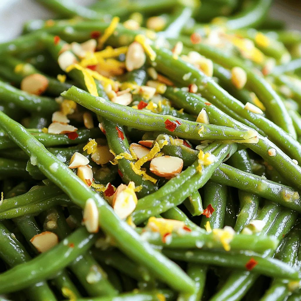 To make garlic butter green beans, you need a few simple ingredients. Here’s what you will need: - 1 lb fresh green beans, trimmed - 4 tablespoons unsalted butter - 4 cloves garlic, minced - 1 teaspoon lemon zest - 1 tablespoon fresh lemon juice - 1/2 teaspoon red pepper flakes (optional) - Salt and pepper to taste - 1/4 cup toasted almond slivers (for garnish) These ingredients come together to make a tasty side dish. Fresh green beans are crisp and bright. The unsalted butter gives a rich flavor. Garlic adds a nice kick, while lemon zest and juice brighten the dish. Red pepper flakes add a touch of heat if you like spice. Finally, almond slivers add a nice crunch. You can find the full recipe in the section above. Blanching the green beans Start by bringing a large pot of salted water to a boil. This step is key to keeping the green beans bright and crisp. Once the water boils, carefully add the trimmed green beans. Blanch them for about 3 to 4 minutes. You want them tender but still firm. Ice bath method After blanching, drain the beans quickly. Transfer them to a bowl filled with ice water. This ice bath stops the cooking process and helps keep their vibrant color. Let the beans cool for a few minutes, then drain them again. Set the beans aside for later. Melting the butter Next, grab a large skillet. Place it over medium heat and add the unsalted butter. Watch it closely as it melts. It should foam and become slightly bubbly. This is when you know it’s ready for the garlic. Sautéing garlic Add the minced garlic to the hot butter. Stir it gently and cook for about 2 minutes. You want the garlic to be fragrant and lightly golden. Be careful not to burn it, as burnt garlic can taste bitter. Tossing in green beans Now, it’s time to add those blanched green beans to the skillet. Toss them in the garlic butter, ensuring they get coated evenly. Cook for another 3 to 4 minutes, stirring often. This step allows the beans to absorb all that rich flavor. Adding lemon zest and juice Finally, add the lemon zest and fresh lemon juice. If you like a little heat, sprinkle in some red pepper flakes. Toss everything well to combine. Season with salt and pepper to taste. For the final touch, garnish with toasted almond slivers before serving. For a complete guide, check the Full Recipe. To get the best green beans, timing is key. Blanching them for 3-4 minutes gives a tender-crisp feel. The beans should be bright green. If you overcook them, they will turn mushy. To keep the crunch, plunge them into ice water right after blanching. This stops the cooking process and locks in that vibrant color. Want to add a twist? Try spices like smoked paprika or cumin. These can give your beans a unique kick. You can also explore garlic variations. Instead of fresh, use roasted garlic for a sweeter taste. For a bolder flavor, try adding garlic powder or garlic oil. Garnishing can turn your dish into a feast for the eyes. Sprinkle toasted almond slivers on top for a nutty touch. You can also add a few lemon wedges for color. For serving sizes, aim for 1/4 of the dish per person. Pair these beans with grilled chicken or fish for a complete meal. For the full recipe, check the earlier section! {{image_2}} You can change the green beans for other veggies. Try using asparagus or broccoli. Both add a nice crunch. You can also use snap peas for a sweet twist. Each veggie gives its own taste and texture. If you want to add a nutty flavor, swap almonds for walnuts or pecans. These nuts bring a different taste. You can even use sunflower seeds for a nut-free option. They add great crunch and flavor too. To change the flavor, think about adding cheese or herbs. A sprinkle of parmesan cheese adds richness. Fresh herbs like thyme or basil can brighten the dish. Just chop them and mix in at the end. If you want more heat, add more red pepper flakes. You can also try cayenne pepper for a kick. Adjust to your taste, and make it as spicy as you like. Making this dish vegan is easy. Just replace butter with olive oil or vegan butter. It keeps the rich flavor without dairy. For a dairy-free option, skip the cheese and use plant-based toppings. If you are following a low-carb plan, skip the nuts. You can add more green beans or other low-carb veggies. This keeps the dish light and healthy without losing flavor. For the full recipe, check out the steps to make these garlic butter green beans. To store leftover garlic butter green beans, place them in an airtight container. Make sure to cool them down first. This helps keep them fresh. Store them in the fridge for up to three days. Always check for any off smells before you eat them. This is key for food safety. If you see any signs of mold, throw them away. Freezing garlic butter green beans is a great way to save them for later. First, let them cool completely. Then, place them in a freezer-safe bag or container. Remove as much air as possible. This prevents freezer burn. You can freeze them for up to three months. To reheat, thaw them in the fridge overnight. Then, heat them in a skillet over low heat until warm. Garlic butter green beans last about three days in the fridge. If you freeze them, they can last up to three months. Always label your containers with the date. This helps you keep track of freshness. Enjoy your delicious green beans while they are still at their best! To make garlic butter green beans, follow these simple steps: 1. Boil a large pot of salted water. 2. Add 1 lb of trimmed green beans and blanch for 3-4 minutes. 3. Drain the beans and place them in ice water to cool. 4. In a skillet, melt 4 tablespoons of unsalted butter over medium heat. 5. Add 4 minced garlic cloves and sauté for 2 minutes. 6. Toss in the green beans and cook for another 3-4 minutes. 7. Stir in 1 teaspoon of lemon zest and 1 tablespoon of lemon juice. 8. Season with salt and pepper to taste, and top with toasted almond slivers. This recipe is quick, easy, and full of flavor. You can find the full recipe above. Yes, you can use frozen green beans! However, fresh green beans have a better texture and flavor. Frozen beans may become mushy if overcooked. If using frozen beans, skip the blanching step. Just sauté them directly in the garlic butter. This saves time but may change the taste slightly. Fresh beans are crispier and have a brighter flavor. Garlic butter green beans pair well with many dishes. Here are some ideas: - Grilled chicken or fish - Roast beef or pork - Quinoa or rice dishes - Mashed potatoes or sweet potatoes These sides enhance the meal and add nutrition. Feel free to mix and match as you like! Garlic butter can be part of a healthy diet. Butter adds flavor but also calories. A tablespoon has about 100 calories. Garlic offers health benefits, like boosting your immune system. Lemon adds vitamin C, which is great for you. Use butter in moderation for a balanced diet. You can also substitute with olive oil for a healthier option. In this post, we explored how to make delicious garlic butter green beans. We covered the ingredients, preparation, and cooking steps. I shared tips for perfect texture and flavor, along with variations for special diets. Remember, you can make this dish your own by changing ingredients or spices. Follow the storage tips to keep leftovers fresh. Garlic butter green beans are easy, flavorful, and a great addition to any meal. Enjoy creating your own version!