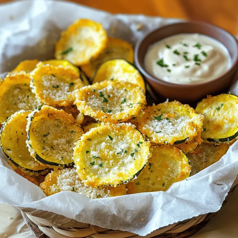 - 2 medium zucchinis - 1 cup breadcrumbs - 1/2 cup grated Parmesan cheese - 1 teaspoon garlic powder - 1 teaspoon onion powder - 1 teaspoon dried oregano - 1/2 teaspoon paprika - Salt and black pepper to taste - 1 large egg - Cooking spray or olive oil Zucchini chips are not just tasty; they are also a healthy snack. Zucchini is low in calories, making it a great choice for anyone looking to snack smart. Each serving has about 50 calories. You get fiber, vitamins, and minerals when you munch on zucchini. - Calories per serving: Approximately 50 calories - Key nutrients in zucchini: Fiber, Vitamin C, Potassium, and Vitamin A When you enjoy these chips, you're not just treating yourself. You're giving your body good stuff too! You can find the full recipe above to make these flavorful snacks. First, preheat your oven to 425°F (220°C). This step is key for crisp chips. While the oven warms up, prepare your baking sheet. Line it with parchment paper to prevent sticking. Next, wash the zucchinis under cool water. Dry them well with a towel. Slice each zucchini into thin rounds, about 1/8 inch thick. A mandoline works best for even slices. This helps them cook at the same rate. In a shallow bowl, mix the breadcrumbs, grated Parmesan, garlic powder, onion powder, dried oregano, paprika, salt, and black pepper. Stir well to combine. This mix gives the chips a great flavor. In another bowl, crack the egg and beat it until it is well mixed. This egg wash helps the breadcrumbs stick to the zucchini. Now, dip each zucchini slice into the egg mix. Let any extra egg drip off. Then, coat the slice in the breadcrumb mixture. Press gently to make sure the crumbs stick. Place the coated zucchini chips on your prepared baking sheet. Make sure they are in a single layer and do not overlap. This space helps them crisp up. If you want extra crunch, lightly spray the tops with cooking spray or drizzle a little olive oil. Bake in your preheated oven for 20-25 minutes. Flip the chips halfway through for even browning. Keep an eye on them to avoid burning. When they are golden brown and crispy, take them out. Let the chips cool on the baking sheet for a few minutes before moving them to a serving dish. Enjoy your crispy and flavorful snack! For more details, check out the Full Recipe. To get the best crunch from your baked zucchini chips, pay attention to your oil choice. Cooking spray is great for a light touch, while olive oil adds flavor. Both work, but use them wisely. Also, the key to crispiness is slicing the zucchini evenly. Aim for 1/8 inch thick slices. This helps them cook at the same rate. You can boost the taste of your zucchini chips with different seasonings. Try adding cayenne for heat or lemon zest for a fresh kick. If you want to dip your chips, go for ranch dressing or hummus. These dips pair well and take your snack to the next level. One mistake I see often is overcrowding the baking sheet. Leave space between your chips to let air circulate. This helps them crisp up nicely. Also, remember that each oven is different. Keep an eye on your chips and adjust the baking time if needed. Check them around the 20-minute mark to avoid overcooking. {{image_2}} You can have fun with different flavors. Try adding herbs like thyme or basil. For a spicy kick, toss in some cayenne pepper or chili powder. You can also use nutritional yeast for a cheesy flavor without dairy. If you want a vegan option, skip the egg. Use a mixture of ground flaxseed and water instead. This works great as a binder and keeps your chips plant-based. For gluten-free chips, choose gluten-free breadcrumbs. They will still turn out crispy and tasty. If you have an air fryer, you can make zucchini chips quickly. Set the air fryer to 375°F (190°C). Cook them for about 15 minutes, shaking the basket halfway through. This method gives you extra crunch without using much oil. You can also use a dehydrator for a different texture. Slice the zucchini thinly and season as you like. Place them in the dehydrator for 6-8 hours at 135°F (57°C). This way, you'll get crispy chips that retain more nutrients. For the complete method, check the Full Recipe. To keep your baked zucchini chips fresh, place them in an airtight container. This method prevents moisture from making them soggy. Store them in the fridge for up to three days. If you want to keep them longer, consider freezing. To freeze, spread the chips on a baking sheet in a single layer. Once frozen solid, transfer them to a freezer-safe bag. They can last for about two months this way. When it comes to reheating, the goal is to keep your chips crispy. The best method is to use an oven or an air fryer. Preheat the oven to 350°F (175°C) and spread the chips on a baking tray. Heat them for about 5-10 minutes. If using an air fryer, cook at 300°F (150°C) for about 3-5 minutes. Avoid the microwave, as it can make them soggy. Enjoy your crispy baked zucchini chips just like when they were fresh! Yes, you can! Other great options are: - Sweet potatoes - Eggplants - Carrots - Kale These veggies also turn crispy and tasty when baked. Just slice them thin, like zucchini. To add some heat, try these seasonings: - Cayenne pepper - Chili powder - Red pepper flakes Mix these with your breadcrumbs. Adjust the amount to match your spice level. These chips pair well with many dips like: - Hummus - Guacamole - Salsa - Ranch dressing You can also use them as a crunchy side with sandwiches or burgers. A mandoline works best for even slices. If you don’t have one, you can use a sharp knife. Aim for 1/8 inch thick slices. Thin slices help them cook evenly and get crispy. These baked zucchini chips are healthy and tasty. We covered the ingredients, instructions, and tips for perfecting the recipe. You can customize the flavors and cooking methods to fit your style. Whether you want to make them crispy or spicy, the options are endless. Store any leftovers properly to enjoy later. Now, grab your zucchinis and start your cooking adventure! Enjoy these chips as a fun snack or side dish.