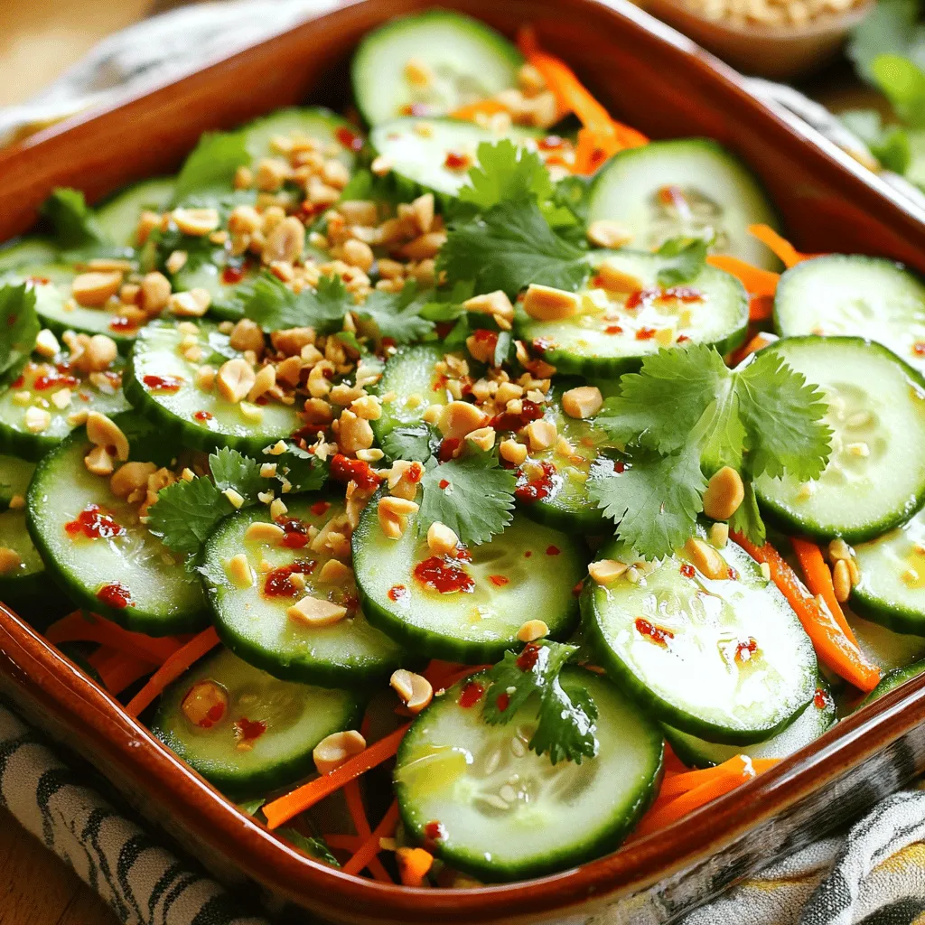 To make Spicy Thai Cucumber Salad, gather these fresh ingredients. - 2 large cucumbers, thinly sliced - 1 red bell pepper, julienned - 1/2 cup shredded carrots - 1/4 cup fresh cilantro, chopped - 1/4 cup roasted peanuts, crushed - 2 tablespoons fresh lime juice - 1 tablespoon fish sauce - 1 tablespoon sugar - 1 teaspoon chili flakes (adjust to taste) - Salt to taste These fresh vegetables bring crunch and color. The dressing components balance sweet, sour, and spicy. Optional garnishes like cilantro and peanuts add flavor and texture. For the full recipe, check out the details above! First, wash your cucumbers under cold water. This removes any dirt. Next, slice the cucumbers thinly. You want them to be crisp and refreshing. Now, cut the red bell pepper into thin strips. This adds color and crunch. Also, shred the carrots finely. They bring sweetness to the salad. For the dressing, take a small bowl. Mix lime juice, fish sauce, sugar, chili flakes, and salt. Whisk it well until the sugar dissolves. The dressing should be balanced and flavorful. In a large mixing bowl, combine the sliced cucumbers, bell pepper, and shredded carrots. Use a spatula to mix them gently. This helps blend the flavors. Once mixed, pour the dressing over the vegetables. Toss everything together until the salad is coated. Make sure each piece gets some dressing for the best taste. Let the salad sit for about 10 minutes. This allows the flavors to blend well. Before serving, sprinkle chopped cilantro and crushed peanuts on top. The peanuts add a nice crunch, while cilantro gives it a fresh kick. Serve the salad in a shallow dish to show off its bright colors. Enjoy this fresh and flavorful delight! For the full recipe, check the details provided above. To make the best Spicy Thai Cucumber Salad, balance sweetness and spiciness. Start by adding sugar. It helps to calm the heat from the chili flakes. Use fresh lime juice for a bright flavor. Remember, fresh ingredients make a big difference. They add crispness and vibrant taste. Always pick firm cucumbers and bright bell peppers. Fresh cilantro also lifts the dish. Add crunchy items for fun textures. Consider adding sliced radishes or shredded cabbage. These will make your salad even more exciting. You can also try crispy rice noodles for a twist. For toppings, roasted peanuts bring a great crunch. If you want, use sesame seeds instead. They add a nutty flavor that complements the salad well. {{image_2}} You can easily change this salad to fit your tastes. If you want to swap ingredients, feel free! Use green bell peppers instead of red. You can also add jicama for a crunch. For a vegan version, skip the fish sauce. Instead, try soy sauce or coconut aminos. This keeps the flavor but makes it plant-based. For a gluten-free option, use tamari instead of soy sauce. Want to mix things up? Add fruits like mango or pineapple for sweetness. These fruits pair well with the spicy dressing. You can also add other veggies, like radishes or snap peas. They give extra color and crunch. If you like heat, increase the chili flakes. Start with a little, then taste and add more. This way, you find the spice level that suits you best. For the full recipe, check out the Spicy Thai Cucumber Salad section. To keep your Spicy Thai Cucumber Salad fresh, store leftovers in the fridge. Place the salad in an airtight container. This prevents moisture loss and keeps it crunchy. Avoid using metal containers, as they can react with the dressing. Glass or plastic containers work best for keeping flavors intact. In the refrigerator, your salad lasts about 2 to 3 days. Make sure to check for signs of spoilage. If the cucumbers become mushy or the dressing smells sour, it’s time to toss it. Freshness is key to enjoying this vibrant dish. For the best taste, eat it within a day or two. Don't forget to enjoy the full recipe for the best results! Can I make Spicy Thai Cucumber Salad in advance? Yes, you can make this salad ahead of time. Just prepare it and store it in the fridge. For the best taste, eat it within a day. The longer it sits, the softer the cucumbers get. How do I adjust the recipe for larger servings? To serve more people, simply double or triple the ingredients. Keep the same ratios for the dressing. Mix all veggies in a larger bowl to ensure even coating. This salad is easy to scale up for parties or gatherings. What dishes pair well with this salad? This salad goes well with grilled meats and seafood. It also complements spicy dishes, like Thai curry or satay. Serve it alongside rice for a full meal. The fresh and zesty flavors brighten any plate. For the full recipe, check the Spicy Thai Cucumber Salad section above. In this blog post, we explored how to make a Spicy Thai Cucumber Salad. We covered the key ingredients, from fresh vegetables to dressing components. I shared step-by-step instructions to prepare and combine the flavors. Tips to enhance taste and texture helped refine your dish. You learned how to store leftovers for later enjoyment and variations to suit your needs. In conclusion, this salad offers big taste with simple steps. Enjoy your fresh and zesty creation!
