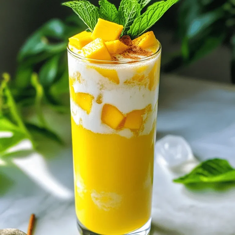 To make the Mango Coconut Chai Cooler, gather all ingredients before you start blending. - 1 ripe mango, peeled and diced - 1 cup coconut milk - 1 cup brewed chai tea, cooled - 2 tablespoons honey (or maple syrup for a vegan option) - 1 tablespoon fresh lime juice - 1/4 teaspoon ground cinnamon - 1/4 teaspoon ground ginger - Ice cubes - Fresh mint leaves for garnish If you don't have coconut milk, try almond milk or oat milk. You can swap honey for agave syrup or leave it out for a sugar-free drink. For a stronger spice flavor, add a pinch of nutmeg or cardamom. If mango isn't in season, use ripe peaches or pineapple instead. Each option brings a new twist to this refreshing drink! First, gather all your ingredients. You’ll need: - 1 ripe mango, peeled and diced - 1 cup coconut milk - 1 cup brewed chai tea, cooled - 2 tablespoons honey (or maple syrup for a vegan option) - 1 tablespoon fresh lime juice - 1/4 teaspoon ground cinnamon - 1/4 teaspoon ground ginger - Ice cubes - Fresh mint leaves for garnish Make sure your mango is ripe. This gives the drink a sweet flavor. Dice the mango into small pieces for easy blending. Brew your chai tea ahead of time and let it cool. This step is key for a refreshing drink. Now, it’s time to blend. In your blender, combine the diced mango, coconut milk, cooled chai tea, honey, lime juice, ground cinnamon, and ground ginger. Blend on high for about 30 seconds. You want a smooth and creamy mix. If it’s too thick, add a little more coconut milk to help it blend better. After blending, taste the mixture. If you want it sweeter, add more honey. Blend again briefly to mix it in. Grab a glass and fill it with ice cubes. Pour the mango coconut mix over the ice. Stir gently to help chill it. For a beautiful touch, garnish with fresh mint leaves on top. This not only looks nice but also adds a fresh scent. Enjoy your Mango Coconut Chai Cooler right away! You can find the Full Recipe for more details. To make your Mango Coconut Chai Cooler smooth, start with ripe mango. The riper the fruit, the creamier the drink. When blending, add coconut milk first. This helps the mango blend easier. If your mix is too thick, add more coconut milk a little at a time. Blend until it’s silky and light. Taste your drink before serving. If you find it needs more sweetness, add honey or maple syrup. Start with a little. You can always add more. Remember, the sweetness can change based on the mango's ripeness. Adjust it to match your taste. The chai tea you choose can change your drink's flavor. Use a bold chai for a stronger taste. If you want a milder flavor, use less chai tea or a lighter blend. Let the tea cool before mixing. This keeps your cooler refreshing. For a fun twist, try flavored chai, like vanilla or spiced chai. For the full recipe, refer back to the main section. Enjoy making this delightful drink! {{image_2}} If you want a dairy-free drink, coconut milk is your best friend. It gives a rich taste. You can use almond milk or oat milk as well. These options keep it creamy and light. Just check that your milk is unsweetened. This way, you control the sweetness in the cooler. Adding more fruit makes this drink even better. You can blend in pineapple or banana for a tropical twist. Both fruits add natural sweetness and flavor. If you like berries, try adding strawberries or blueberries. They give a nice color and tartness to the drink. You can even mix in a handful of spinach for added nutrition. This keeps the drink fresh and colorful. Want to spice it up? Try adding a dash of vanilla extract. This gives a warm, sweet note that pairs well with the mango. You can also include a pinch of nutmeg or cardamom for a unique taste. If you prefer a drink with a kick, add a bit of fresh ginger. This brightens the flavor and adds a zing. Each of these tweaks makes your Mango Coconut Chai Cooler truly your own. After you make your Mango Coconut Chai Cooler, you might have some left. You can store it in an airtight container in the fridge. It stays fresh for up to two days. If you see separation, just shake it well before drinking. This drink tastes best when chilled, so keep it cold! You can freeze this cooler for a hot day. Pour the mixture into ice cube trays or freezer-safe bags. This way, you can enjoy it later. When you want a cold treat, blend the frozen cubes with a little coconut milk. It will be like a smoothie! To keep your drink tasty, use ripe mangoes and fresh coconut milk. Check for any signs of spoilage before use. If your mango is overripe or brown, it won't taste as good. Always look for bright, colorful ingredients. They make your cooler delicious and refreshing. You can use almond milk for a lighter drink. Oat milk also works well. If you want a creamy texture, try cashew milk. These options provide a nice flavor without coconut. Yes, you can make this drink ahead. Blend all the ingredients and store in the fridge. Just remember to stir before serving. The flavors will blend well overnight. Serve it chilled over ice for the best taste. To lower the sweetness, reduce the honey or maple syrup. You can also add more lime juice for a tart flavor. Experiment with the spices too. A pinch of salt can balance the sweetness nicely. We covered the essential ingredients and steps to create a delicious drink. You can customize it with various substitutions and tips for the best texture. Storing your leftovers properly ensures freshness, and we provided simple answers to your questions. Experimenting with flavors or dairy-free options makes this drink your own. Each step helps you enjoy this recipe to the fullest. Enjoy making your own unique version!