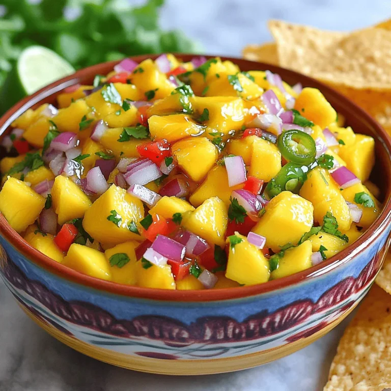 - 2 ripe mangoes, diced - 1 red bell pepper, finely chopped - 1 small red onion, finely chopped - 1 jalapeño, seeds removed and minced - 3 tablespoons fresh lime juice - 1/4 cup fresh cilantro, chopped - Salt and pepper to taste - 1 tablespoon honey (optional for extra sweetness) You can add more fun to your salsa! Consider these options: - Diced avocado for creaminess - Chopped garlic for a robust flavor - Pineapple for extra sweetness - Black beans for added protein - Mangoes: Packed with vitamins A and C, great for skin health. - Red bell pepper: High in antioxidants and vitamin C, supports the immune system. - Red onion: Contains quercetin, which may help reduce inflammation. - Jalapeño: Boosts metabolism and adds a kick of flavor. - Lime juice: Rich in vitamin C, aids digestion, and enhances taste. - Cilantro: Offers antioxidants and may help detoxify the body. - Salt and pepper: Enhance flavor while keeping meals enjoyable. - Honey: Adds natural sweetness and can soothe sore throats. This spicy mango salsa is not just tasty; it’s also a healthy choice for summer! For the full recipe, check the section above. To make spicy mango salsa, start with the mangoes. Peel and dice two ripe mangoes into small cubes. Place them in a medium mixing bowl. Next, finely chop one red bell pepper and one small red onion. Add these to the bowl with the mango. For some heat, take a jalapeño, remove the seeds, and mince it. This step helps control the spice level. If you like it hotter, keep some seeds. Add the minced jalapeño to the mixing bowl. Now comes the fun part! Drizzle three tablespoons of fresh lime juice over the diced fruit and veggies. This adds a zesty kick. Toss in 1/4 cup of chopped fresh cilantro for that herb flavor. If you want your salsa a bit sweeter, add one tablespoon of honey. Gently stir all the ingredients together until they mix well. Season with salt and pepper to taste. Let the salsa sit for at least 15 minutes. This allows the flavors to blend perfectly. To serve, use a colorful bowl to make it pop. You can even use a carved-out mango skin for a fun twist. Spicy mango salsa pairs great with tortilla chips. It also works as a tasty topping for grilled chicken or fish. Enjoy your fresh and tangy summer dip! For the full recipe, check below. To make great spicy mango salsa, you need ripe mangoes. Look for mangoes that feel soft but not mushy. The skin should have a nice color, usually yellow or orange. A good mango will smell sweet near the stem. If you find hard mangoes, let them ripen on your counter for a few days. Check them daily. Once ripe, use them right away for the best taste. Spice levels in salsa can vary. If you want mild salsa, remove all the seeds from the jalapeño. For medium heat, leave a few seeds in. If you love heat, add more jalapeño or even a pinch of cayenne pepper. Always taste as you mix. You can adjust the heat until it feels just right for you. You can add more flavor to your salsa easily. Try adding diced avocado for creaminess. A touch of garlic can give it a nice kick. For tang, consider adding chopped tomatoes or a splash of vinegar. Fresh herbs like mint or basil can change the flavor profile completely. Experiment with these extras to find your perfect mix. For the full recipe, check back to see how these tips fit into the overall dish. {{image_2}} You can play with the ingredients in spicy mango salsa. Try adding diced pineapple for extra sweetness. Avocados can add creaminess and a nice texture. If you want a fruity twist, mix in diced peaches. You can also swap red onion for green onions for a milder taste. Adjusting the heat level in your salsa is easy. Use more jalapeños if you like it spicy. For a milder salsa, try using a sweet bell pepper instead. You can also add a pinch of cayenne pepper for warmth without the seeds. Remember, the heat builds over time, so let it sit before tasting. Get creative with flavors in your salsa. Add some fresh ginger for a zesty kick. Chopped mint can give it a refreshing twist. For a smoky flavor, try adding diced chipotle peppers. You can also mix in a splash of orange juice for a citrusy vibe. These unique combinations will make your salsa stand out! For the full recipe, check out the details above. To keep your spicy mango salsa fresh, store it in an airtight container. Glass or plastic containers work well. Always place the salsa in the fridge right after making it. This helps slow down spoilage. Make sure to cover the salsa tightly. If air gets in, it can change the taste and texture. Spicy mango salsa can last about 3 to 5 days in the fridge. You will notice the flavors will change over time. The salsa may become watery as it sits. If you see any signs of mold or off smells, it’s best to toss it out. Always trust your senses. You can freeze spicy mango salsa for longer storage. Use a freezer-safe container, leaving some space for expansion. The salsa can last up to 3 months in the freezer. When you want to use it, move it to the fridge to thaw overnight. Avoid microwaving it, as this can change the texture. Instead, let it thaw slowly for the best results. Enjoy your fresh salsa again with your favorite chips or dishes. For the full recipe, check the earlier section. Spicy mango salsa pairs well with many dishes. Try it with grilled chicken or fish. The sweet and spicy notes brighten up any meal. It also goes great with tacos or burritos. You can even use it as a dip with tortilla chips. For a fresh twist, serve it with shrimp cocktails. The flavors of the salsa enhance the taste of these dishes. Yes, you can make spicy mango salsa ahead of time. In fact, making it early helps the flavors blend. Store it in an airtight container for up to three days. Just keep it in the fridge. If you find it watery later, drain some liquid before serving. Fresh salsa tastes best, but this can save you time on busy days. Making a vegan version is easy! The full recipe already fits a vegan diet. Simply skip the optional honey or replace it with agave syrup. This keeps the sweetness without using animal products. All other ingredients are naturally vegan. Enjoy the vibrant flavors without any worries! This blog post covered how to make spicy mango salsa from start to finish. We talked about key ingredients, preparation steps, and serving tips. Remember to choose ripe mangoes for the best taste. Adjust spices to fit your heat preference and explore varied flavor options. Store your salsa properly to keep it fresh. The more you experiment, the more you’ll enjoy it. Embrace your creativity and make this salsa your own. You'll impress your friends and family at any meal or gathering. Enjoy every bite!
