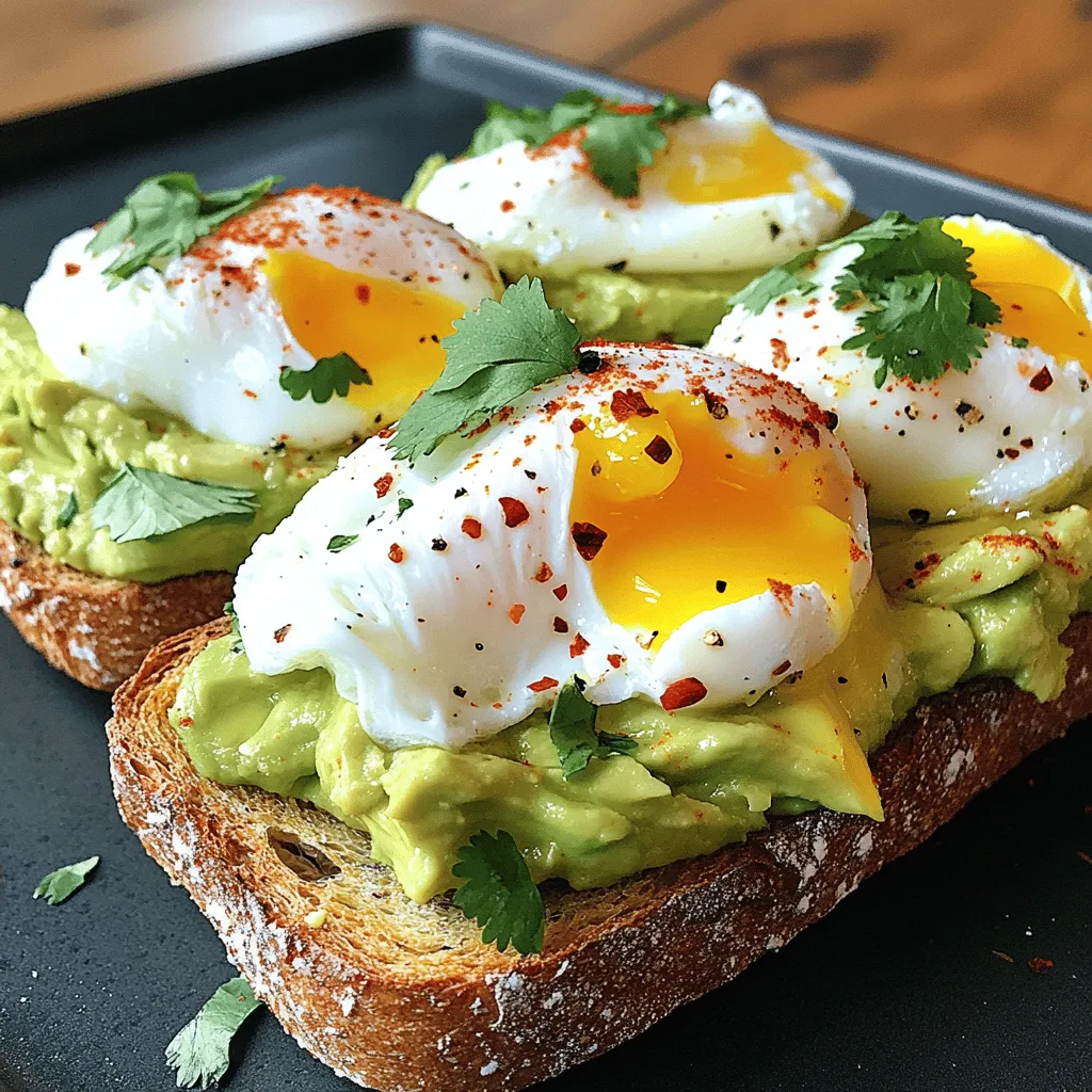 For my delicious avocado toast with poached eggs, you'll need a few simple items. Here’s what to gather: - 2 ripe avocados - 4 slices of whole-grain bread - 4 large eggs - 1 teaspoon white vinegar - 1 tablespoon olive oil - Salt and pepper to taste - Red pepper flakes (optional) - Fresh cilantro or parsley for garnish - Juice of 1/2 lemon These ingredients create a tasty meal that feels fancy but is easy to make. The ripe avocados are key. They add creaminess and flavor to the toast. Whole-grain bread gives a nice, hearty base. Poached eggs bring protein and richness that tie it all together. Using fresh herbs like cilantro or parsley adds a pop of color and freshness. The lemon juice brightens the avocado mix and keeps it from browning. Now, gather these items for your cooking adventure! Once you have them ready, you can follow my full recipe to create this delightful dish. First, take your ripe avocados and cut them in half. Remove the pit and scoop the green flesh into a bowl. Add the juice of half a lemon, olive oil, salt, and pepper. Use a fork to mash the avocado. You can make it smooth or keep it chunky, depending on your taste. Now, it’s time to toast the bread. You can use a toaster, an oven, or a griddle. Toast until the bread is golden brown and crispy. If you want the best browning, keep an eye on it. You want it crunchy but not burnt. Next, fill a medium saucepan with water and heat it until it simmers gently. Add one teaspoon of white vinegar to the water. This helps the eggs hold their shape. Crack each egg into a small bowl, then slide it into the water. Cook for about 3-4 minutes for soft eggs or longer for firmer eggs. Use a slotted spoon to lift them out and drain on a paper towel. Grab your toasted bread and spread a generous layer of the avocado mixture on each slice. Make sure to cover it well. Top each slice with a poached egg. For extra flavor, sprinkle some red pepper flakes on top if you like heat. Finish by garnishing with fresh cilantro or parsley. Adjust the seasoning to your taste. You can find the full recipe to make this avocado toast with poached eggs at your convenience. Enjoy your delicious meal! To make great avocado toast, you need to start with ripe avocados. Look for avocados that yield slightly when you press them gently. If they feel hard, they are not ripe yet. You can also check the color. Dark green or black skin often means they are ripe. There are different types of avocados. Hass avocados have a rich, creamy flavor and a pebbly skin. Fuerte avocados are smooth and have a milder taste. Both are great for toast, but I prefer Hass for its creaminess. Poaching eggs can be tricky. A common mistake is cooking them in boiling water. Instead, use a gentle simmer. Boiling can break the eggs apart. Adding vinegar to the water helps the egg whites hold together. Another method is to use a microwave. Just crack the egg into a microwave-safe bowl, add water, and cover it. Cook for about a minute, but watch closely! Toppings can make your avocado toast even better. Try adding sliced tomatoes, radishes, or feta cheese for extra flavor. Fresh herbs like cilantro or parsley add a nice touch, too. Pair your toast with a refreshing drink. A cold glass of orange juice or a cup of green tea complements the toast well. For a twist, try a light beer or a sparkling water with lime. For the full recipe, check out Avocado Toast Delight with Poached Eggs. {{image_2}} You can swap out poached eggs for something else. A great choice is chickpea flour. This flour makes a tasty mix when you add water and spices. Make a batter and cook it like a pancake. This gives you a protein-rich option that’s still filling and yummy. Not everyone can eat bread with gluten. Try using sweet potato slices or cauliflower bread. Sweet potato, sliced thin and roasted, gives a sweet touch. Cauliflower bread is soft and pairs well with avocado. Both options keep the dish gluten-free and delicious. Add some global flair to your toast! You can use spices from different cuisines. For example, try za'atar, a Middle Eastern mix of herbs. Or sprinkle some dukkah, an Egyptian nut blend. You can also add sriracha for a spicy kick. Each choice brings new flavors to your meal. For more details, check out the Full Recipe for Avocado Toast Delight with Poached Eggs. To keep your avocado mixture fresh, store it in an airtight container. Press plastic wrap directly onto the surface of the avocado to limit air exposure. This helps slow down browning. You can also add a bit of extra lemon juice, as the acid helps keep it vibrant. When reheating your toast, use a toaster or an oven for the best results. Avoid microwaving, as it can make the bread soggy. If using the oven, set it to low heat. Keep an eye on the toast to ensure it stays crisp while warming up. For leftover poached eggs, refrigerate them right away. Store them in a bowl with water to keep them moist. When reheating, warm them gently in hot water for a few minutes. This way, your eggs will taste fresh and delicious, just like when you first made them. You can find the full recipe for this delightful dish above. Avocado toast is best fresh. If you store it, eat within one day. The bread may get soggy. Wrap it well in plastic. This helps keep it fresh longer. You can prepare the avocado spread ahead. Just store it in an airtight container. Add lemon juice to slow browning. Toast the bread just before serving for the best texture. If you don't have vinegar, use lemon juice. It helps the egg whites hold together. You can also try using a small amount of salt in the water. Yes, avocado toast is healthy! It has healthy fats, fiber, and vitamins. The whole-grain bread adds nutrients too. This dish can keep you full and satisfied. To keep your avocado fresh, add lemon juice. The acid slows the browning process. You can also store it with the pit in. Cover tightly with plastic wrap to limit air exposure. For a complete guide to making this delicious dish, check the Full Recipe. This blog post showed you how to make awesome avocado toast. We covered the best ingredients, simple steps, and handy tips. Poached eggs on creamy avocado make a tasty meal. You learned how to store leftovers and keep your toast fresh. Pay attention to ripeness and flavors to enhance your dish. With these skills, you can impress anyone. Enjoy your cooking journey and try new twists!