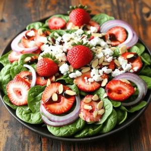 - Fresh spinach leaves - Strawberries - Feta cheese - Almonds - Red onion - Balsamic vinegar - Honey - Olive oil - Salt and pepper When I create a Strawberry Spinach Salad, I always choose fresh ingredients. Fresh spinach leaves serve as the base of the salad. They provide a crisp texture and a vibrant green color. Strawberries add a sweet and juicy touch that brightens up the dish. Feta cheese brings a creamy and tangy flavor. It pairs well with the sweet strawberries. I like to use crumbled feta for an even spread of flavor. Sliced almonds add a nice crunch and nutty taste. They also enhance the salad's texture. Red onion gives a mild bite to the salad. I recommend slicing it thin for best results. The dressing consists of balsamic vinegar, honey, and olive oil. This mix balances sweetness and acidity. A touch of salt and pepper brings out all the flavors. - Health benefits of spinach - Nutritional value of strawberries - Feta cheese and its pros Spinach is a powerhouse of nutrients. It's rich in vitamins A, C, and K. It also has iron and antioxidants. Eating spinach may help improve bone health and boost immunity. Strawberries are low in calories and high in fiber. They provide vitamin C, which is great for your skin. These sweet berries may also support heart health and reduce inflammation. Feta cheese is lower in fat than many other cheeses. It offers calcium and protein. The creamy texture enhances the salad while adding essential nutrients. - Mixing bowls - Whisk - Salad spinner (optional) - Serving platter To make this salad, you need a few simple tools. Mixing bowls help combine the dressing and salad. A whisk is great for mixing the dressing smoothly. If you want to dry your spinach, a salad spinner is useful but not required. Finally, a serving platter presents the salad beautifully. It makes the vibrant colors pop and invites you to dig in. If you want to impress guests, use a nice platter for serving. For the complete recipe, check out the Full Recipe. To make the dressing, start by whisking together balsamic vinegar, honey, and olive oil. Add a pinch of salt and pepper for taste. Mix until smooth. This blend gives the salad a nice zing and a touch of sweetness. You can adjust the sweetness and acidity to your liking. If you want it sweeter, add more honey. If you prefer a tangy taste, add extra balsamic vinegar. It's all about what you enjoy! Next, grab a large mixing bowl. Add fresh spinach leaves as your base. This leafy green packs a punch of nutrients. Layer in the sliced strawberries, crumbled feta cheese, sliced almonds, and thinly sliced red onion. Gently fold in the ingredients. This keeps your spinach nice and crisp. You don’t want to bruise the leaves. Each bite should be fresh and full of flavor! Now, drizzle your prepared dressing over the salad. Toss gently until everything is evenly coated. This step makes sure each ingredient shines. Taste your salad, and adjust with more salt or pepper if needed. Transfer the salad to a serving platter or individual bowls. For a lovely presentation, garnish with whole strawberries and a sprinkle of feta on top. Serve chilled for the best flavor. Enjoy your fresh and colorful strawberry spinach salad! For the complete recipe, check out the Full Recipe. Choosing ripe strawberries Look for strawberries that are bright red with no white spots. They should feel firm but slightly soft to the touch. Smell them too! Ripe strawberries have a sweet fragrance. You want the best flavor for your salad. Storing spinach properly Keep spinach fresh by storing it in the fridge. Use a paper towel to wrap the leaves. Place them in a plastic bag, but don't seal it tight. This way, the spinach gets air and stays crisp longer. Overdressing the salad Less is more with dressing. If you add too much, it can drown the fresh flavors. Start with a small amount and add more if needed. Remember, you can always add more, but you can't take it out! Cutting ingredients too large Cut strawberries and onions into small pieces. This helps them mix well with spinach. Large pieces can be hard to eat and may not blend the flavors right. Adding herbs like basil or mint Fresh herbs bring a new level of flavor. Try adding chopped basil or mint leaves to your salad. They add a cool taste that pairs well with the strawberries. Using flavored oils or vinegars Switch up your dressing! Use flavored olive oils or vinegars for a twist. Try garlic-infused oil or raspberry vinegar to make your salad pop. These small changes make a big difference in taste. For a full guide on making this salad, check out the [Full Recipe]. {{image_2}} You can switch up the cheese in your salad for new flavors. Goat cheese adds a creamy, tangy taste. It pairs well with strawberries. Blue cheese gives a bold flavor; it adds a nice contrast to the sweet fruit. Each cheese brings its unique touch, making the salad even more special. Want to make your salad heartier? Adding proteins is a great way. Grilled chicken or shrimp brings a savory element. They also provide great texture. For a vegetarian option, toss in chickpeas. They are filling and add a nice crunch. This way, you can enjoy a balanced meal all in one bowl. Fruits can really change the game! In addition to strawberries, think about adding blueberries or peaches. They add sweetness and color. You can also use citrus fruits like mandarin oranges. Their bright flavor cuts through the richness of the cheese and dressing. This adds a refreshing twist, perfect for any season. Don't forget to check the Full Recipe for all the details you need to create your delightful Strawberry Spinach Salad! To keep your strawberry spinach salad fresh, store it in an airtight container. This will help prevent it from wilting. Place it in the fridge right after serving. The salad stays good for about 1 to 2 days. If you notice the spinach gets soggy, toss the salad before eating. You can make parts of the salad ahead of time. Wash and dry the spinach, then store it in the fridge. Slice the strawberries and store them separately. You can crumble the feta cheese in advance, too. Just keep all the components separate. Assemble the salad just before serving. This keeps everything fresh and crunchy. You cannot freeze the entire salad. Freezing salad will ruin the texture. However, you can freeze some individual parts. For example, you can freeze sliced strawberries or crumbled feta. Just remember to use them within 3 months. Thaw them in the fridge before adding to your salad. This helps maintain flavor and texture. For the best taste, refer to the Full Recipe before freezing. To make this salad without feta, you can use other cheeses. Goat cheese works well. If you want a dairy-free option, try avocado or tofu. Both add creaminess and nutrition. You can also skip the cheese altogether. The salad will still taste great. Yes, you can prepare this salad ahead of time. To keep it fresh, store the dressing separately. Mix the spinach, strawberries, and other toppings in a bowl. Add the dressing only when you are ready to serve. This will prevent the salad from getting soggy. You can use many nuts in this salad. Walnuts or pecans are great alternatives to almonds. They add a nice crunch and flavor. Each type of nut has health benefits. Walnuts are high in omega-3s, while pecans are full of antioxidants. Feel free to mix and match to find your favorite! This blog post covered a delicious Strawberry Spinach Salad. We explored its fresh ingredients, like spinach, strawberries, and feta. The salad is not only tasty, but it also offers great health benefits. I shared tips for making it, from mixing dressing to assembling the salad. Variations can boost your meal, like adding proteins or using different fruits. Remember to store leftovers properly for later enjoyment. Now you can make this salad with confidence and creativity. Enjoy your healthy eating journey!