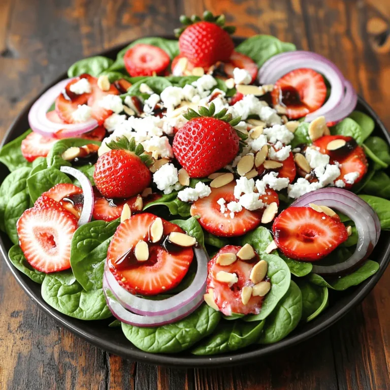 - Fresh spinach leaves - Strawberries - Feta cheese - Almonds - Red onion - Balsamic vinegar - Honey - Olive oil - Salt and pepper When I create a Strawberry Spinach Salad, I always choose fresh ingredients. Fresh spinach leaves serve as the base of the salad. They provide a crisp texture and a vibrant green color. Strawberries add a sweet and juicy touch that brightens up the dish. Feta cheese brings a creamy and tangy flavor. It pairs well with the sweet strawberries. I like to use crumbled feta for an even spread of flavor. Sliced almonds add a nice crunch and nutty taste. They also enhance the salad's texture. Red onion gives a mild bite to the salad. I recommend slicing it thin for best results. The dressing consists of balsamic vinegar, honey, and olive oil. This mix balances sweetness and acidity. A touch of salt and pepper brings out all the flavors. - Health benefits of spinach - Nutritional value of strawberries - Feta cheese and its pros Spinach is a powerhouse of nutrients. It's rich in vitamins A, C, and K. It also has iron and antioxidants. Eating spinach may help improve bone health and boost immunity. Strawberries are low in calories and high in fiber. They provide vitamin C, which is great for your skin. These sweet berries may also support heart health and reduce inflammation. Feta cheese is lower in fat than many other cheeses. It offers calcium and protein. The creamy texture enhances the salad while adding essential nutrients. - Mixing bowls - Whisk - Salad spinner (optional) - Serving platter To make this salad, you need a few simple tools. Mixing bowls help combine the dressing and salad. A whisk is great for mixing the dressing smoothly. If you want to dry your spinach, a salad spinner is useful but not required. Finally, a serving platter presents the salad beautifully. It makes the vibrant colors pop and invites you to dig in. If you want to impress guests, use a nice platter for serving. For the complete recipe, check out the Full Recipe. To make the dressing, start by whisking together balsamic vinegar, honey, and olive oil. Add a pinch of salt and pepper for taste. Mix until smooth. This blend gives the salad a nice zing and a touch of sweetness. You can adjust the sweetness and acidity to your liking. If you want it sweeter, add more honey. If you prefer a tangy taste, add extra balsamic vinegar. It's all about what you enjoy! Next, grab a large mixing bowl. Add fresh spinach leaves as your base. This leafy green packs a punch of nutrients. Layer in the sliced strawberries, crumbled feta cheese, sliced almonds, and thinly sliced red onion. Gently fold in the ingredients. This keeps your spinach nice and crisp. You don’t want to bruise the leaves. Each bite should be fresh and full of flavor! Now, drizzle your prepared dressing over the salad. Toss gently until everything is evenly coated. This step makes sure each ingredient shines. Taste your salad, and adjust with more salt or pepper if needed. Transfer the salad to a serving platter or individual bowls. For a lovely presentation, garnish with whole strawberries and a sprinkle of feta on top. Serve chilled for the best flavor. Enjoy your fresh and colorful strawberry spinach salad! For the complete recipe, check out the Full Recipe. Choosing ripe strawberries Look for strawberries that are bright red with no white spots. They should feel firm but slightly soft to the touch. Smell them too! Ripe strawberries have a sweet fragrance. You want the best flavor for your salad. Storing spinach properly Keep spinach fresh by storing it in the fridge. Use a paper towel to wrap the leaves. Place them in a plastic bag, but don't seal it tight. This way, the spinach gets air and stays crisp longer. Overdressing the salad Less is more with dressing. If you add too much, it can drown the fresh flavors. Start with a small amount and add more if needed. Remember, you can always add more, but you can't take it out! Cutting ingredients too large Cut strawberries and onions into small pieces. This helps them mix well with spinach. Large pieces can be hard to eat and may not blend the flavors right. Adding herbs like basil or mint Fresh herbs bring a new level of flavor. Try adding chopped basil or mint leaves to your salad. They add a cool taste that pairs well with the strawberries. Using flavored oils or vinegars Switch up your dressing! Use flavored olive oils or vinegars for a twist. Try garlic-infused oil or raspberry vinegar to make your salad pop. These small changes make a big difference in taste. For a full guide on making this salad, check out the [Full Recipe]. {{image_2}} You can switch up the cheese in your salad for new flavors. Goat cheese adds a creamy, tangy taste. It pairs well with strawberries. Blue cheese gives a bold flavor; it adds a nice contrast to the sweet fruit. Each cheese brings its unique touch, making the salad even more special. Want to make your salad heartier? Adding proteins is a great way. Grilled chicken or shrimp brings a savory element. They also provide great texture. For a vegetarian option, toss in chickpeas. They are filling and add a nice crunch. This way, you can enjoy a balanced meal all in one bowl. Fruits can really change the game! In addition to strawberries, think about adding blueberries or peaches. They add sweetness and color. You can also use citrus fruits like mandarin oranges. Their bright flavor cuts through the richness of the cheese and dressing. This adds a refreshing twist, perfect for any season. Don't forget to check the Full Recipe for all the details you need to create your delightful Strawberry Spinach Salad! To keep your strawberry spinach salad fresh, store it in an airtight container. This will help prevent it from wilting. Place it in the fridge right after serving. The salad stays good for about 1 to 2 days. If you notice the spinach gets soggy, toss the salad before eating. You can make parts of the salad ahead of time. Wash and dry the spinach, then store it in the fridge. Slice the strawberries and store them separately. You can crumble the feta cheese in advance, too. Just keep all the components separate. Assemble the salad just before serving. This keeps everything fresh and crunchy. You cannot freeze the entire salad. Freezing salad will ruin the texture. However, you can freeze some individual parts. For example, you can freeze sliced strawberries or crumbled feta. Just remember to use them within 3 months. Thaw them in the fridge before adding to your salad. This helps maintain flavor and texture. For the best taste, refer to the Full Recipe before freezing. To make this salad without feta, you can use other cheeses. Goat cheese works well. If you want a dairy-free option, try avocado or tofu. Both add creaminess and nutrition. You can also skip the cheese altogether. The salad will still taste great. Yes, you can prepare this salad ahead of time. To keep it fresh, store the dressing separately. Mix the spinach, strawberries, and other toppings in a bowl. Add the dressing only when you are ready to serve. This will prevent the salad from getting soggy. You can use many nuts in this salad. Walnuts or pecans are great alternatives to almonds. They add a nice crunch and flavor. Each type of nut has health benefits. Walnuts are high in omega-3s, while pecans are full of antioxidants. Feel free to mix and match to find your favorite! This blog post covered a delicious Strawberry Spinach Salad. We explored its fresh ingredients, like spinach, strawberries, and feta. The salad is not only tasty, but it also offers great health benefits. I shared tips for making it, from mixing dressing to assembling the salad. Variations can boost your meal, like adding proteins or using different fruits. Remember to store leftovers properly for later enjoyment. Now you can make this salad with confidence and creativity. Enjoy your healthy eating journey!