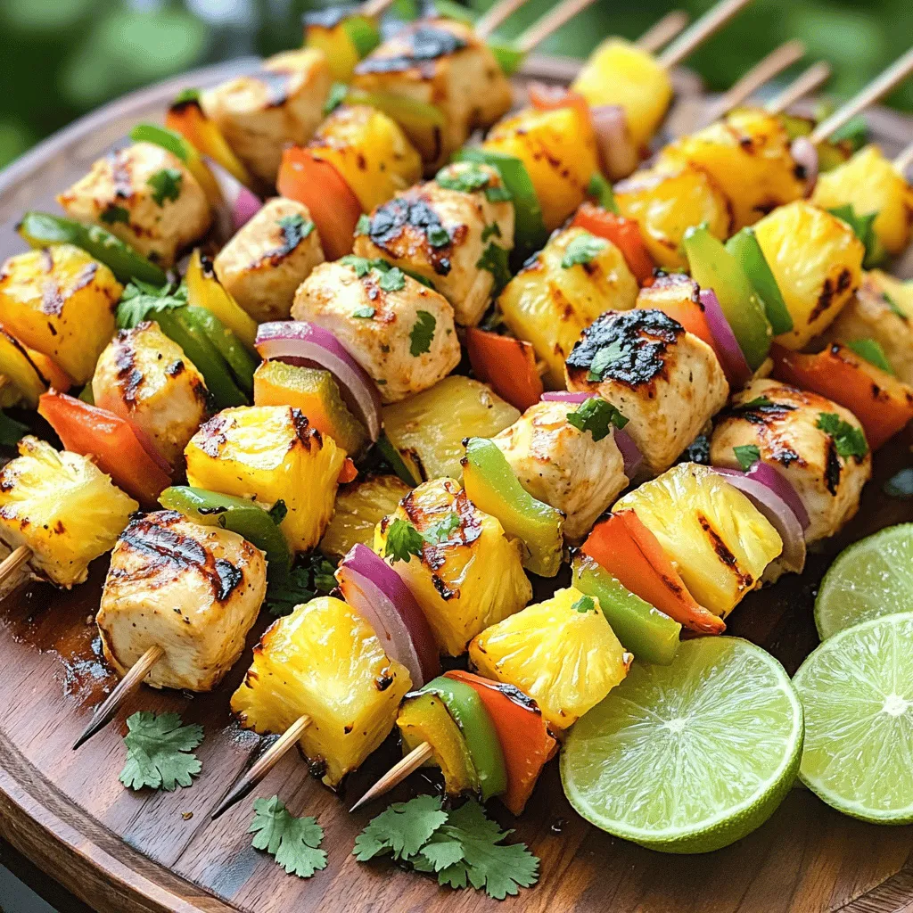 To make pineapple chicken skewers, gather these ingredients: - 1 pound boneless, skinless chicken breasts, cut into 1-inch cubes - 1 cup fresh pineapple, cut into 1-inch chunks - 1 bell pepper (red or yellow), cut into 1-inch pieces - 1 red onion, cut into 1-inch pieces - 3 tablespoons soy sauce - 2 tablespoons honey - 2 tablespoons olive oil - 2 cloves garlic, minced - 1 teaspoon ground ginger - Salt and pepper to taste - Skewers (wooden or metal) Using fresh, high-quality ingredients makes a big difference. Select firm chicken breasts with no blemishes. Fresh pineapple adds sweet and tangy flavor. Choose ripe bell peppers that are bright and shiny. For the onion, select one that feels heavy for its size and has smooth skin. Fresh garlic and ginger enhance the dish's aroma and taste. If you have allergies or preferences, there are easy swaps. For gluten-free options, use tamari instead of soy sauce. You can replace honey with maple syrup for a vegan version. If you dislike certain veggies, try zucchini or cherry tomatoes. Feel free to adjust the marinade to fit your taste. Check out the Full Recipe for detailed steps! Start by gathering all your ingredients. You need chicken, pineapple, bell pepper, red onion, and a few pantry staples. Cut the chicken, pineapple, bell pepper, and onion into 1-inch pieces. This size helps everything cook evenly. If you use wooden skewers, soak them in water for 30 minutes. This step prevents them from burning on the grill. To make the chicken tasty, you need a marinade. In a large bowl, mix soy sauce, honey, olive oil, minced garlic, ground ginger, salt, and pepper. This blend gives the chicken a sweet and savory taste. Add the cubed chicken to the bowl and stir. Make sure each piece gets covered in the marinade. Cover the bowl and let it sit in the fridge for at least 30 minutes. This wait makes the chicken juicy and full of flavor. Once your chicken is ready, it’s time to grill. Preheat your grill to medium-high heat. If using a grill, oil the grates to stop sticking. Thread the marinated chicken, pineapple, bell pepper, and onion onto the skewers. Alternate the ingredients for a colorful look. Place the skewers on the grill. Cook them for about 10-12 minutes. Turn them every few minutes. This way, the chicken cooks evenly and gets nice grill marks. The chicken is done when it reaches an internal temperature of 165°F (75°C). After grilling, let the skewers rest for a few minutes. This helps keep the juices inside. Check out the Full Recipe for more detailed steps! To cook chicken perfectly, focus on uniform pieces. Cut the chicken into 1-inch cubes. This size cooks evenly. Marinate the chicken for at least 30 minutes. This step adds flavor and keeps the meat juicy. Use a meat thermometer to check the temperature. Aim for 165°F (75°C) for safe eating. Let the skewers rest for a few minutes after grilling. This helps keep the juices locked in. If you use wooden skewers, soaking is key. Submerge them in water for at least 30 minutes. This prevents them from burning on the grill. You can also soak them in a marinade for added flavor. Metal skewers don’t need soaking, but they should be clean and dry. For easy handling, use skewers that are around 10-12 inches long. This length fits well on most grills. To enhance the taste of your skewers, consider using fresh herbs. Cilantro or mint can brighten the dish. You can also add spices like paprika or cayenne for heat. For a zesty kick, use lime juice in the marinade. Want more sweetness? Add a splash of pineapple juice. For an extra layer of flavor, grill some lime wedges alongside the skewers. They make a great topping too! For the full recipe, refer to the earlier section. {{image_2}} You can swap out the bell peppers and red onion for other veggies. Zucchini, cherry tomatoes, or mushrooms work great. These will add new flavors and textures. Try using asparagus or snap peas for a crunchy bite. Each vegetable gives a different taste to your skewers. While the original marinade is tasty, you can mix it up. Use teriyaki sauce for a richer flavor. A spicy marinade with chili paste or sriracha can bring heat. You can also try a citrus marinade with lime or orange juice for a fresh twist. Each option makes the chicken skewers unique. How you serve the skewers can change the meal. Serve them on a bed of rice for a filling dish. Adding a side of grilled corn or a fresh salad makes a great pairing. You could also serve them as appetizers at a party with dipping sauces. The more options, the more fun! For the full recipe, check out the Tropical Pineapple Chicken Skewers section. You can store leftover skewers in the fridge. First, let them cool to room temperature. Place them in an airtight container. They will stay fresh for up to three days. If you want to keep them longer, try freezing them. To freeze pineapple chicken skewers, wrap them tightly in plastic wrap. Then, put them in a freezer bag. Remove as much air as you can. They can last up to three months in the freezer. When you want to eat them, thaw them in the fridge overnight. To reheat, you can use the oven or grill. If using the oven, set it to 350°F (175°C). Place the skewers on a baking sheet and heat for about 10-15 minutes. If using a grill, heat it to medium and grill for about 5 minutes. Make sure they are hot all the way through. For the best flavor, serve them fresh from the grill. For the full recipe, check out the detailed steps above. Check the chicken for an internal temperature of 165°F (75°C). Use a meat thermometer for accuracy. The chicken should feel firm but not hard. If you see clear juices when you cut into it, that’s a good sign. Cook the skewers for about 10-12 minutes while turning them. This gives you nice grill marks and ensures even cooking. Yes, you can prepare these skewers ahead of time. Marinate the chicken up to 24 hours in advance. This helps the flavors soak in well. Just keep them in the fridge until you are ready to grill. You can also assemble the skewers and refrigerate them. Just remember to grill them fresh for the best taste and texture. For dips, try a sweet chili sauce or a tangy barbecue sauce. These complement the sweetness of the pineapple well. A yogurt-based dip with herbs also works nicely. If you want something fresh, a squeeze of lime juice over the skewers adds brightness. You can explore these options based on your taste. In this post, we explored the key ingredients needed for delicious chicken skewers. You learned how to prepare and marinate your chicken, along with grilling techniques for perfect timing. We shared tips to cook chicken just right and suggested variations to keep meals exciting. Finally, you discovered how to store leftovers and reheat them effectively. With these tools, you can make great chicken skewers every time. Enjoy trying new flavors and impress your family and friends!