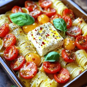 - 200g feta cheese - 250g pasta (penne or fusilli) - 2 cups cherry tomatoes, halved - 1 large red bell pepper, sliced - 4 cloves garlic, minced - 3 tablespoons olive oil - 1 teaspoon dried oregano - 1 teaspoon red pepper flakes (optional) - Salt and pepper to taste - Fresh basil leaves, for garnishing - Grated Parmesan cheese, for serving Gather these key ingredients to make your baked feta pasta shine! Feta cheese is the star of this dish. It becomes creamy and rich when baked. Pasta, like penne or fusilli, holds onto the sauce well, making each bite flavorful. Cherry tomatoes burst in the oven, adding sweetness. The red bell pepper gives a nice crunch and color. Don’t forget the garlic! It adds a great aroma and flavor. Olive oil keeps everything moist and tasty. Dried oregano brings an earthy note, while red pepper flakes add a hint of heat. For seasoning, salt and pepper enhance all the flavors. Fresh basil leaves brighten the dish, and grated Parmesan cheese adds a salty finish. You can find the full recipe [here](#). Enjoy creating this creamy and simple delight! - Preheat oven to 400°F (200°C). - Grab a large baking dish. Place it on your counter. - Place the feta cheese in the center of the dish. - Surround it with halved cherry tomatoes and sliced bell pepper. - Sprinkle minced garlic over the top. - Drizzle olive oil across the dish. - Season with oregano, red pepper flakes, salt, and pepper. - Bake for 25-30 minutes. The feta should be soft and tomatoes burst. - Boil pasta according to the package instructions. - Cook until it is al dente. - Reserve 1 cup of pasta water before draining the rest. - Remove the baking dish from the oven. - Use a fork to mash the baked feta and tomatoes. - This creates a creamy sauce. - Add the cooked pasta to the baking dish. - Toss to coat the pasta in the creamy sauce. - If the sauce is too thick, add reserved pasta water. - Stir until you reach your desired consistency. Enjoy your creamy and delicious baked feta pasta! For the full details, check out the Full Recipe. To make the sauce just right, you can adjust its thickness easily. If your sauce is too thick, add a bit of the reserved pasta water. This water has starch that helps create a smooth texture. Start with a small amount and stir until you reach the perfect creaminess. Reserving pasta water is very important. It holds the key to a rich sauce. The starchy water helps bind your pasta and sauce together. Always set aside a cup before you drain your pasta. It makes a big difference in the final dish. If you can't find feta cheese, don't worry! You can use goat cheese or ricotta. Both will give you a nice flavor. Cream cheese also works well if you want a milder taste. You can also switch up the pasta type. While penne or fusilli is great, you can use spaghetti or even gluten-free pasta. Just follow the package directions for cooking time. Plating Baked Feta Pasta can enhance its appeal. Start by placing the pasta in a large bowl. Spoon the creamy sauce on top to make it look inviting. To make it even better, add fresh herbs like basil or parsley. A sprinkle of grated Parmesan cheese adds a nice touch. It gives a lovely flavor and looks beautiful on the plate. {{image_2}} You can make Baked Feta Pasta vegan. Replace the feta cheese with a plant-based cheese. Look for options made from nuts or tofu. They melt well and give a creamy texture. You can also use nutritional yeast for a cheesy flavor. For pasta, choose whole grain or lentil pasta. These add fiber and protein, making your meal heartier. To boost the flavors, add more vegetables. Spinach, zucchini, or mushrooms work great. You can even toss in some olives for a briny touch. Herbs also elevate the dish. Try adding fresh parsley, thyme, or basil. A pinch of chili flakes gives a nice kick. Experiment with your favorite spices to find your perfect blend. Baked Feta Pasta pairs well with many side dishes. Garlic bread is a classic choice. It’s great for soaking up the creamy sauce. A light salad with cucumbers and tomatoes complements the meal. You can also serve it with roasted vegetables for added nutrition. These sides balance the rich flavors, making your meal complete. To keep your Baked Feta Pasta fresh, use airtight containers. Glass or plastic containers work well. Make sure to let the pasta cool before sealing. This helps prevent moisture build-up. You can store leftovers in the fridge for up to three days. If you want to keep it longer, consider freezing it. Frozen pasta can last up to two months, but the texture may change. When it's time to reheat, avoid the microwave if you can. Instead, warm it in a skillet over low heat. Add a splash of water or olive oil to keep it moist. Stir often to prevent sticking. You can also use an oven. Preheat it to 350°F (175°C). Place the pasta in an oven-safe dish and cover it with foil. Bake for about 15-20 minutes. This method helps keep the creaminess intact. Enjoy your creamy Baked Feta Pasta again! Baked feta pasta is a simple dish that combines creamy feta cheese with pasta. You bake the feta and tomatoes together, which makes a rich sauce. The dish went viral on social media, making it popular worldwide. It’s easy to make and tastes amazing! Yes, you can make baked feta pasta in advance! To do this, cook the pasta and bake the feta and tomatoes. Let it cool, then store it in the fridge. When you’re ready to eat, just reheat it in the oven or microwave. Add a little pasta water to keep it creamy. Penne and fusilli are great choices for baked feta pasta. They hold the sauce well and add good texture. You can also use other types, like rotini or bowtie pasta. Just make sure to cook it al dente for the best results. For the full recipe and more tips, check the [Full Recipe]. Baked Feta Pasta is a simple and tasty dish you can make at home. We covered key ingredients like feta cheese, pasta, and fresh vegetables. You learned how to bake, cook pasta, and combine everything for a creamy sauce. Remember to try variations and tips for the best results. Whether you're a novice or a seasoned cook, this dish offers room for creativity. Enjoy personalizing it to fit your taste buds. You'll love impressing friends and family with this easy yet flavorful meal.