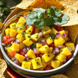 To make my simple mango salsa, you need these fresh ingredients: - 2 ripe mangoes, peeled and diced - 1 small red bell pepper, finely chopped - 1/2 red onion, finely chopped - 1 jalapeño pepper, deseeded and minced - 1/4 cup fresh cilantro, chopped These fresh ingredients create a bright and tasty salsa. The ripe mangoes give a sweet base. The red bell pepper adds crunch and color. Red onion brings a mild bite. The jalapeño adds a touch of heat, while cilantro gives a fresh zing. You will also need these condiments: - 2 tablespoons lime juice - Salt and pepper to taste The lime juice adds a tangy flavor that brightens the salsa. Salt and pepper enhance all the other flavors. Adjust these to your taste for the best result. Feel free to add some optional ingredients for variety: - Additional spices like cumin or paprika - Other fruit options such as pineapple or peach These add-ons can change the taste profile. For example, pineapple adds more sweetness, while spices can add depth. Experiment to find your favorite mix. For the full recipe, check out the Tropical Mango Tango Salsa. Enjoy creating this fresh and flavorful delight! Start by peeling the mangoes. Use a sharp knife to cut off the skin. Once peeled, slice the mangoes into small cubes. Aim for bite-sized pieces, so they mix well. Next, chop the vegetables. Dice the red bell pepper finely. Make sure the pieces are small, like the mango. Then, chop the red onion. Keep it small to avoid overpowering the salsa. Finally, mince the jalapeño pepper. Be careful to remove the seeds to control the heat. Now, it's time to combine the ingredients. In a large bowl, add the diced mangoes, chopped red bell pepper, and red onion. Stir in the minced jalapeño pepper next. Ensure everything is mixed evenly. Add the chopped cilantro for that fresh taste. Then, squeeze the lime juice over the mixture. Gently toss everything together until well combined. To enhance the flavor, season with salt and pepper. Start with a small pinch and taste. Adjust the seasoning as needed. Let the salsa sit for about 10 minutes. This allows the flavors to meld beautifully. You want all the tastes to mix and create a fresh and flavorful delight. Enjoy your simple mango salsa! For the full recipe, check the details above. Choosing ripe mangoes is key for great flavor. Look for mangoes that feel slightly soft when you press them gently. They should also have a sweet smell near the stem. If they are hard, they are not ready. Fresh cilantro adds a bright taste to your salsa. When selecting cilantro, look for bright green leaves without any wilting or yellowing. Fresh cilantro should smell fresh and earthy. You can chop the stems too; they add flavor. Mango salsa pairs well with many dishes. Serve it with tortilla chips for a fresh snack. It also works great as a topping for grilled fish or chicken. The salsa adds a burst of flavor to any meal. For presentation, use a colorful bowl to show off the vibrant colors. Garnish with extra cilantro leaves for a nice touch. You can also serve it in small cups for a fun party snack. Want some heat? Add more jalapeño for a spicier kick. You can also try mixing in diced habanero peppers for a bolder flavor. Consider adding tropical fruits like pineapple or kiwi. These fruits add sweetness and a fun twist. You can mix and match to create your perfect flavor! {{image_2}} You can easily make mango salsa for everyone. It’s gluten-free because it has no wheat or grains. This makes it safe for those with gluten issues. If you want a vegan-friendly option, you’re in luck! All the ingredients are plant-based. This salsa fits right in with a vegan diet. Adding spices can really change the taste. For a warm note, try adding cumin. It gives a nice depth. If you want more heat, paprika can add a smoky twist. You can also use fresh herbs. Swap cilantro for basil or mint for a new flavor. Each herb brings its own unique taste. Want to make your salsa richer? Add avocado! It gives a creamy texture and balances the sweetness of mango. You can also mix in other fruits. Pineapple adds a tropical flair, while peach brings a juicy sweetness. These additions can make your mango salsa even more delightful. For the full recipe, check out the Tropical Mango Tango Salsa. To keep your mango salsa fresh, store it in the refrigerator. Place it in an airtight container. This helps keep the flavors bright and the ingredients crisp. A glass jar or plastic container works well. Make sure the lid seals tightly to avoid air exposure. You can freeze mango salsa for longer storage. Use a freezer-safe container or a heavy-duty freezer bag. Leave some space at the top since the salsa will expand when frozen. Thaw it in the fridge overnight before using. Stir well after thawing to mix the ingredients. Check for signs of spoilage. If the salsa smells sour or has a strange color, it’s time to toss it. Typically, fresh mango salsa lasts about 3 to 5 days in the fridge. For the best taste, eat it within this timeframe. Enjoy your mango salsa while it's fresh for the best flavor! How do I make mango salsa spicier? To spice up your mango salsa, add more jalapeño. You can leave in some seeds for extra heat. If you like, try adding hot sauce or diced serrano peppers. Each of these will kick up the flavor! Can I use frozen mangoes for this recipe? Yes, you can use frozen mangoes. Just thaw them first and drain excess water. Fresh mangoes taste best, but frozen works in a pinch. The flavor remains sweet and tropical. What dishes pair well with mango salsa? Mango salsa goes great with grilled chicken, fish, or shrimp. It also brightens up tacos and nachos. You can even serve it with chips for a tasty snack! How long does homemade mango salsa last? Homemade mango salsa lasts about three days in the fridge. Store it in a tight container to keep it fresh. After a few days, the flavors may fade a bit. Can I make mango salsa ahead of time? Yes, you can make mango salsa a day in advance. This allows the flavors to meld nicely. Just store it in the fridge and stir before serving. What can I substitute for jalapeño? If you want less heat, use a green bell pepper instead. You can also try a mild poblano pepper. Each option adds flavor without the spice. Is it necessary to use red onion? Red onion adds a nice crunch and sweetness. If you don’t have it, use green onions or white onions. They work well but may change the color and taste slightly. You learned how to make delicious mango salsa with fresh ingredients and simple steps. We discussed selecting ripe mangoes, chopping veggies, and mixing flavors to enhance your dish. Remember to get creative with add-ons and variations to suit your taste. Don’t forget about storage tips to keep your salsa fresh. Enjoy experimenting with this recipe; it’s perfect for many meals. With these insights, you're well on your way to impressing your friends and family with your homemade mango salsa.