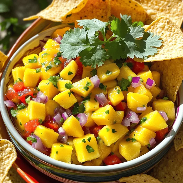To make my simple mango salsa, you need these fresh ingredients: - 2 ripe mangoes, peeled and diced - 1 small red bell pepper, finely chopped - 1/2 red onion, finely chopped - 1 jalapeño pepper, deseeded and minced - 1/4 cup fresh cilantro, chopped These fresh ingredients create a bright and tasty salsa. The ripe mangoes give a sweet base. The red bell pepper adds crunch and color. Red onion brings a mild bite. The jalapeño adds a touch of heat, while cilantro gives a fresh zing. You will also need these condiments: - 2 tablespoons lime juice - Salt and pepper to taste The lime juice adds a tangy flavor that brightens the salsa. Salt and pepper enhance all the other flavors. Adjust these to your taste for the best result. Feel free to add some optional ingredients for variety: - Additional spices like cumin or paprika - Other fruit options such as pineapple or peach These add-ons can change the taste profile. For example, pineapple adds more sweetness, while spices can add depth. Experiment to find your favorite mix. For the full recipe, check out the Tropical Mango Tango Salsa. Enjoy creating this fresh and flavorful delight! Start by peeling the mangoes. Use a sharp knife to cut off the skin. Once peeled, slice the mangoes into small cubes. Aim for bite-sized pieces, so they mix well. Next, chop the vegetables. Dice the red bell pepper finely. Make sure the pieces are small, like the mango. Then, chop the red onion. Keep it small to avoid overpowering the salsa. Finally, mince the jalapeño pepper. Be careful to remove the seeds to control the heat. Now, it's time to combine the ingredients. In a large bowl, add the diced mangoes, chopped red bell pepper, and red onion. Stir in the minced jalapeño pepper next. Ensure everything is mixed evenly. Add the chopped cilantro for that fresh taste. Then, squeeze the lime juice over the mixture. Gently toss everything together until well combined. To enhance the flavor, season with salt and pepper. Start with a small pinch and taste. Adjust the seasoning as needed. Let the salsa sit for about 10 minutes. This allows the flavors to meld beautifully. You want all the tastes to mix and create a fresh and flavorful delight. Enjoy your simple mango salsa! For the full recipe, check the details above. Choosing ripe mangoes is key for great flavor. Look for mangoes that feel slightly soft when you press them gently. They should also have a sweet smell near the stem. If they are hard, they are not ready. Fresh cilantro adds a bright taste to your salsa. When selecting cilantro, look for bright green leaves without any wilting or yellowing. Fresh cilantro should smell fresh and earthy. You can chop the stems too; they add flavor. Mango salsa pairs well with many dishes. Serve it with tortilla chips for a fresh snack. It also works great as a topping for grilled fish or chicken. The salsa adds a burst of flavor to any meal. For presentation, use a colorful bowl to show off the vibrant colors. Garnish with extra cilantro leaves for a nice touch. You can also serve it in small cups for a fun party snack. Want some heat? Add more jalapeño for a spicier kick. You can also try mixing in diced habanero peppers for a bolder flavor. Consider adding tropical fruits like pineapple or kiwi. These fruits add sweetness and a fun twist. You can mix and match to create your perfect flavor! {{image_2}} You can easily make mango salsa for everyone. It’s gluten-free because it has no wheat or grains. This makes it safe for those with gluten issues. If you want a vegan-friendly option, you’re in luck! All the ingredients are plant-based. This salsa fits right in with a vegan diet. Adding spices can really change the taste. For a warm note, try adding cumin. It gives a nice depth. If you want more heat, paprika can add a smoky twist. You can also use fresh herbs. Swap cilantro for basil or mint for a new flavor. Each herb brings its own unique taste. Want to make your salsa richer? Add avocado! It gives a creamy texture and balances the sweetness of mango. You can also mix in other fruits. Pineapple adds a tropical flair, while peach brings a juicy sweetness. These additions can make your mango salsa even more delightful. For the full recipe, check out the Tropical Mango Tango Salsa. To keep your mango salsa fresh, store it in the refrigerator. Place it in an airtight container. This helps keep the flavors bright and the ingredients crisp. A glass jar or plastic container works well. Make sure the lid seals tightly to avoid air exposure. You can freeze mango salsa for longer storage. Use a freezer-safe container or a heavy-duty freezer bag. Leave some space at the top since the salsa will expand when frozen. Thaw it in the fridge overnight before using. Stir well after thawing to mix the ingredients. Check for signs of spoilage. If the salsa smells sour or has a strange color, it’s time to toss it. Typically, fresh mango salsa lasts about 3 to 5 days in the fridge. For the best taste, eat it within this timeframe. Enjoy your mango salsa while it's fresh for the best flavor! How do I make mango salsa spicier? To spice up your mango salsa, add more jalapeño. You can leave in some seeds for extra heat. If you like, try adding hot sauce or diced serrano peppers. Each of these will kick up the flavor! Can I use frozen mangoes for this recipe? Yes, you can use frozen mangoes. Just thaw them first and drain excess water. Fresh mangoes taste best, but frozen works in a pinch. The flavor remains sweet and tropical. What dishes pair well with mango salsa? Mango salsa goes great with grilled chicken, fish, or shrimp. It also brightens up tacos and nachos. You can even serve it with chips for a tasty snack! How long does homemade mango salsa last? Homemade mango salsa lasts about three days in the fridge. Store it in a tight container to keep it fresh. After a few days, the flavors may fade a bit. Can I make mango salsa ahead of time? Yes, you can make mango salsa a day in advance. This allows the flavors to meld nicely. Just store it in the fridge and stir before serving. What can I substitute for jalapeño? If you want less heat, use a green bell pepper instead. You can also try a mild poblano pepper. Each option adds flavor without the spice. Is it necessary to use red onion? Red onion adds a nice crunch and sweetness. If you don’t have it, use green onions or white onions. They work well but may change the color and taste slightly. You learned how to make delicious mango salsa with fresh ingredients and simple steps. We discussed selecting ripe mangoes, chopping veggies, and mixing flavors to enhance your dish. Remember to get creative with add-ons and variations to suit your taste. Don’t forget about storage tips to keep your salsa fresh. Enjoy experimenting with this recipe; it’s perfect for many meals. With these insights, you're well on your way to impressing your friends and family with your homemade mango salsa.