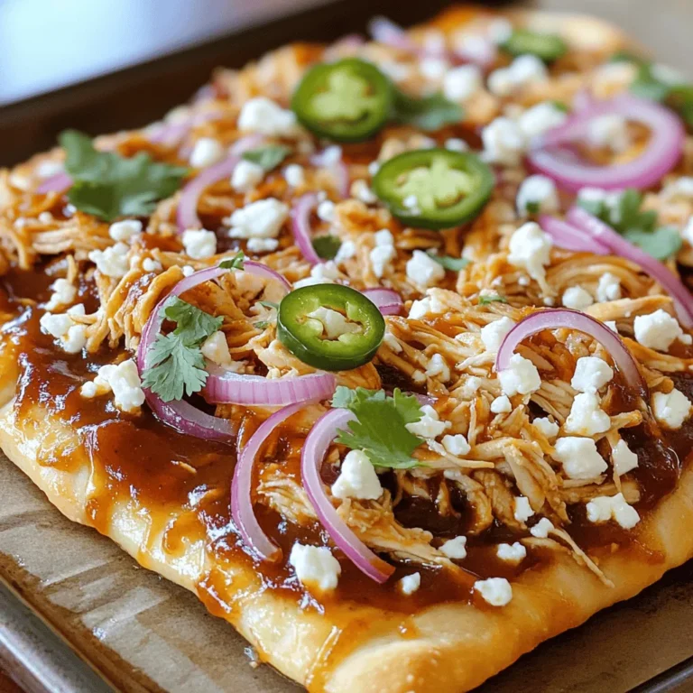 Here are the key items you need for the BBQ chicken flatbread: - 2 large flatbreads or naan - 2 cups cooked chicken, shredded - 1 cup BBQ sauce (your choice of flavor) - 1 red onion, thinly sliced - 1 cup shredded mozzarella cheese - 1/2 cup crumbled feta cheese - 1 cup chopped fresh cilantro (or parsley if you prefer) - 1 teaspoon garlic powder - Fresh jalapeño slices (optional for spice) - Olive oil for brushing - Salt and black pepper to taste These ingredients create a great base for your flatbread. The chicken and BBQ sauce mix well, giving it a tasty boost. To make your flatbread even better, consider these optional toppings: - Extra cheese like cheddar or gouda - Chopped bell peppers for crunch - Pineapple chunks for sweetness - Avocado slices for creaminess You can mix and match these toppings. They can add more flavor and texture to your dish. Each serving of BBQ chicken flatbread offers a balanced meal. Here’s a breakdown: - Calories: About 400-500 per serving - Protein: Around 25-30 grams - Carbohydrates: Approximately 40-50 grams - Fat: Roughly 15-20 grams The protein from the chicken and cheese helps keep you full. The flatbread adds carbs for energy. This dish is both satisfying and flavorful. For the full recipe, you can check out the detailed steps to get started on making this delicious BBQ chicken flatbread! To make BBQ chicken flatbread, start by gathering your ingredients. You will need flatbreads, cooked chicken, and BBQ sauce. Here’s how to prepare: - Preheat your oven to 400°F (200°C). - In a bowl, mix the shredded chicken with BBQ sauce. Stir until all the chicken is coated. - If desired, slice your red onion and jalapeño. Now, your ingredients are ready, and you can move on to cooking! Baking BBQ chicken flatbread is simple. Follow these steps for the best results: 1. Place the flatbreads on a baking sheet lined with parchment paper. 2. Brush the tops of the flatbreads with olive oil. This helps them crisp up nicely. 3. Spread the BBQ chicken mixture evenly on each flatbread. 4. Add the sliced red onion, shredded mozzarella, and crumbled feta. 5. Sprinkle garlic powder, salt, and black pepper over everything. 6. If you like spice, add fresh jalapeño slices now. 7. Bake in the preheated oven for 12-15 minutes. Watch for the cheese to melt and the edges to turn golden. When done, take them out and sprinkle chopped cilantro on top. Let them cool slightly before slicing. Serving BBQ chicken flatbread can be fun! Here are some ideas: - Cut the flatbread into smaller pieces for appetizers at parties. - Serve it with a fresh salad to balance the flavors. - Pair it with extra BBQ sauce on the side for dipping. - Consider adding a dollop of sour cream or yogurt for a creamy touch. For more detailed instructions, you can refer to the Full Recipe. To get a crispy and tasty flatbread, start with good quality bread. Preheat your oven to 400°F. Brush the flatbreads with olive oil before adding toppings. This step helps the bread crisp up nicely. Bake the flatbread for 12 to 15 minutes. Keep an eye on it to avoid burning. The edges should turn golden brown, and the cheese should melt perfectly. Choosing the right BBQ sauce can make a big difference. I love a sweet and tangy sauce for this flatbread. A smoky flavor adds depth, while a spicy sauce gives it a kick. You can try classic sauces like Kansas City style or a vinegar-based sauce for a tangy twist. Feel free to mix sauces for your unique blend. Using the right tools makes cooking easier. A baking sheet lined with parchment paper helps with easy cleanup. I recommend a good sharp knife for slicing the onion and jalapeños. A mixing bowl is perfect for combining the chicken and BBQ sauce. If you have a pastry brush, use it to apply olive oil evenly. For the best results, a pizza stone is great for baking flatbreads. You can find the Full Recipe in this article for more details. {{image_2}} You can play with cheese to change the taste of your BBQ chicken flatbread. Here are some great choices: - Cheddar: It adds a sharp, tangy flavor. - Pepper Jack: This cheese gives a nice kick with its spice. - Monterey Jack: A smooth choice for a creamy texture. - Blue Cheese: It gives a bold and rich taste if you like strong flavors. Mix and match these cheeses to find your favorite combo. If you want to switch up the protein, try these options: - Turkey: Shredded turkey works well with BBQ sauce. - Pulled Pork: This adds a smoky flavor that’s hard to beat. - Tofu: For a vegetarian option, use firm tofu. Just marinate and grill it. - Chickpeas: Roasted chickpeas give a nice crunch and protein boost. You can use any of these to create a tasty flatbread. To make your flatbread even better, consider these tasty add-ins: - Bell Peppers: Slice them thin for a sweet crunch. - Pineapple: Adds a sweet and tangy flavor that pairs well with BBQ. - Corn: Sweet corn gives a nice texture and flavor burst. - Fresh Herbs: Basil or mint can give a refreshing twist. Pair these with sides like a salad or coleslaw for a full meal. For the full recipe, check out the main article! To store leftover BBQ chicken flatbread, let it cool down first. Wrap the flatbread tightly in plastic wrap or foil. You can also place it in an airtight container. This keeps it fresh and tasty. Store it in the fridge for up to three days. When you are ready to eat, reheat it in the oven or microwave. If you want to freeze your flatbread, follow these steps: 1. Cool it down: Make sure the flatbread is completely cool. 2. Wrap it well: Use plastic wrap to cover the flatbread tightly. Then wrap it in aluminum foil for extra protection. 3. Label it: Write the date on the foil so you know when you froze it. 4. Freeze it: Place it in the freezer. It can stay good for up to three months. To reheat frozen BBQ chicken flatbread: 1. Thaw it: Move it to the fridge the night before. 2. Reheat: Place it in a preheated oven at 350°F (175°C) for about 10-15 minutes. This warms it up and keeps it crispy. Leftover BBQ chicken flatbread lasts about three days in the fridge. If frozen, it can last up to three months. After these times, the flavors may change, and it might not taste as good. Always check for any signs of spoilage, like odd smells or changes in texture, before eating. Yes, you can use store-bought flatbreads. They save time and are easy to use. Look for fresh options at the store. They are great in a pinch. Homemade flatbreads taste amazing but take longer to make. If you love cooking, try making your own flatbreads for a fun project. BBQ chicken flatbread is perfect for meal prep. You can make it ahead and store it in the fridge. Just cook your flatbreads and top them with the BBQ chicken mix. Keep the toppings separate until serving. This way, they stay fresh and crisp. It’s ideal for busy days when you need a quick meal. You can find BBQ chicken flatbread at many restaurants. Look for local pizza places or casual dining spots. Chains often serve this dish, too. Check online reviews for recommendations. Some food trucks also serve great BBQ chicken flatbreads. Explore your area; you might find hidden gems. Customizing your BBQ chicken flatbread is fun and easy. You can add different cheeses like cheddar or gouda. For veggies, try bell peppers or spinach. If you like heat, add more jalapeños or hot sauce. You can switch the chicken for pulled pork or even veggies for a meatless option. Get creative with your toppings! For the full recipe, check out the details above. In this post, we explored making BBQ chicken flatbread. We covered key ingredients and preparation steps, plus tips for perfecting the dish. Remember to experiment with cheeses and proteins to enhance the flavors. Storing leftovers properly helps you enjoy this meal later. Whether cooking for a crowd or prepping for a busy week, BBQ chicken flatbread is flexible and fun. Try different sauces and add your favorite toppings. Enjoy your flavorful creation!