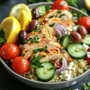 To make your Healthy Greek Chicken Bowls, gather these fresh ingredients. They bring great flavor and nutrition. - 2 boneless, skinless chicken breasts - 1 tablespoon olive oil - 1 teaspoon dried oregano - 1 teaspoon garlic powder - Salt and pepper, to taste - 2 cups cooked quinoa - 1 cup cherry tomatoes, halved - 1 cucumber, diced - 1/2 red onion, thinly sliced - 1/2 cup Kalamata olives, pitted and halved - 1 cup fresh spinach - 1/2 cup feta cheese, crumbled - 1/4 cup fresh parsley, chopped - Juice of 1 lemon These simple ingredients create a colorful and tasty meal. You can find the full recipe in the article. Each item plays a role in making your bowl special. The chicken gives you protein, while quinoa adds fiber. Fresh veggies and feta add crunch and creaminess. Lemon juice brings a bright, zesty finish. - Combine 1 tablespoon of olive oil, 1 teaspoon of dried oregano, 1 teaspoon of garlic powder, salt, and pepper. - Add 2 boneless, skinless chicken breasts, ensuring they are well-coated. Let marinate for at least 30 minutes for the best flavor. - Cook 2 cups of quinoa according to package instructions. - Once cooked, fluff it with a fork and let it cool slightly. - Heat a non-stick skillet over medium-high heat. - Cook the marinated chicken for about 6-7 minutes on each side until the internal temperature reaches 165°F. - Start with quinoa as the base in each serving bowl. - Layer with fresh spinach, cherry tomatoes, cucumber, red onion, and Kalamata olives. - Sprinkle the bowls with 1/2 cup of crumbled feta cheese and 1/4 cup of chopped parsley. - Drizzle with the juice of 1 lemon for a bright, fresh taste. - Enjoy your healthy Greek chicken bowls immediately. You can also refrigerate them for meal prep. For the full recipe, check out Mediterranean Bliss: Healthy Greek Chicken Bowls. To get great flavor, make sure to marinate your chicken well. Mix olive oil, oregano, garlic powder, salt, and pepper. Coat the chicken evenly in the marinade. Let it sit for at least 30 minutes. For best results, refrigerate it for up to 2 hours. This allows the flavors to soak in deeply. Also, use a meat thermometer to check the chicken's doneness. It should reach 165°F for safe eating. Rinsing quinoa is a must. It helps remove a bitter taste. Just place it in a fine mesh strainer and rinse under cold water. After rinsing, cook quinoa in vegetable broth instead of water. This adds a nice, rich flavor to your dish. Follow the package instructions for cooking time. Once done, fluff it with a fork to separate the grains. You can switch things up with your Greek chicken bowls. If you want a meat-free option, swap chicken for tofu or chickpeas. Both options are great sources of protein. You can also mix in seasonal veggies for extra color and crunch. Try adding roasted peppers, zucchini, or even some sweet corn. This will keep your meals exciting and fresh! For more ideas, check out the full recipe. {{image_2}} You can change the base of your bowl by using brown rice instead of quinoa. Brown rice has a nutty taste and chewy texture. It also offers more fiber than white rice. To make it even better, add roasted vegetables. Roasted bell peppers, zucchini, and carrots bring flavor and color to your dish. Toss them with olive oil, salt, and pepper before roasting. Enjoy this hearty version that is just as healthy and filling! For a Mediterranean twist, add hummus and roasted red peppers. Hummus adds creaminess and a rich, savory taste. Roasted red peppers bring sweetness and depth. You can also use a yogurt-based dressing for a cool finish. This adds a tangy flavor and makes your meal even more refreshing. This bowl is perfect for hot days or when you want a light yet filling meal. If you want a low-carb version, use cauliflower rice instead of quinoa. Cauliflower rice is light and absorbs flavors well. You can also increase the amount of non-starchy vegetables. Spinach, broccoli, and cucumbers work great in this option. This bowl is still packed with taste and nutrients while keeping the carbs low. You won't miss the grains at all! For more ideas and flavors, you can check the Full Recipe to explore all your options! After you enjoy your Healthy Greek Chicken Bowls, store any leftovers in an airtight container. This keeps the flavors fresh and the food safe. You can keep them in the fridge for up to 3-4 days. This makes it easy to grab a quick meal later in the week. If you want to save your bowls for later, freezing is a great option. First, allow the bowls to cool completely before freezing. This prevents ice crystals from forming. You can store them in the freezer for up to 3 months. When you're ready to eat, just thaw them overnight in the fridge. To enjoy your Greek chicken bowls again, you can use the microwave or stovetop. If using the microwave, heat in short intervals until warm. On the stovetop, warm them gently over low heat. Be sure to reheat until heated through for the best taste. Yes, you can make this dish ahead of time. It is great for meal prep. Just follow storage guidelines to keep it fresh. Store each bowl in an airtight container in the fridge. It will stay good for 3-4 days. Yes, the ingredients in this recipe are gluten-free. You can enjoy this meal without worry. Always check labels when buying products. This ensures you avoid any hidden gluten. You can easily make a vegan version. Substitute chicken with chickpeas or tempeh for protein. Omit feta cheese or use a vegan alternative. This will keep the flavors but change the ingredients. You can pair these bowls with tzatziki dip or a fresh Greek salad. Both options add flavor and make a complete meal. You can also include pita bread for extra texture. This recipe offers a tasty and simple way to enjoy healthy Greek chicken bowls. You have learned how to marinate chicken, cook quinoa, and assemble your bowls. Remember, you can customize with a variety of toppings and ingredients to match your taste. Whether prepping for the week or serving a meal, these bowls shine with flavor and freshness. Enjoy making them your own and share with friends and family for next-level meals!