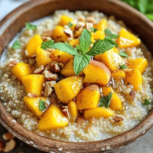 - 1 cup quinoa, rinsed - 2 cups almond milk (or any milk of choice) - 2 ripe peaches, diced - 1 tablespoon honey or maple syrup - 1 teaspoon cinnamon - 1/2 teaspoon vanilla extract - 1/4 cup chopped nuts (almonds or walnuts recommended) - 2 tablespoons chia seeds - Fresh mint leaves for garnish Peach Breakfast Quinoa brings joy to my mornings. It is a perfect blend of flavors and textures. The main ingredients set the foundation for this dish. Quinoa is the star, packed with protein and fiber. Almond milk gives it a creamy feel. Diced peaches add natural sweetness and freshness. You can enhance the dish with optional additions. A touch of honey or maple syrup can make it sweeter. Cinnamon adds warmth, while vanilla extract brings depth. You can play with these flavors based on your taste. When it comes to toppings, the choices are fun! Chopped nuts add crunch and healthy fats. Chia seeds boost nutrition and texture. Fresh mint leaves give a bright finish. For the full recipe, check out the details above. This meal is simple, delicious, and a great way to start your day! 1. First, combine 1 cup of rinsed quinoa with 2 cups of almond milk in a medium pot. 2. Bring this mixture to a boil over medium-high heat. 3. Once it boils, reduce the heat to low. Cover the pot and let it simmer. Cook for about 15 minutes, or until the quinoa is tender and the liquid fully absorbs. 1. While the quinoa cooks, take 2 diced peaches and place them in a bowl. 2. Add 1 tablespoon of honey or maple syrup if you want sweetness. 3. Then, mix in 1 teaspoon of cinnamon and 1/2 teaspoon of vanilla extract. 4. Stir well and set this mixture aside. Allow the flavors to meld together. 1. Once the quinoa is done, use a fork to fluff it up. 2. Stir in 2 tablespoons of chia seeds for an extra nutrient boost. 3. Serve the quinoa warm in bowls. 4. Top each bowl with the peach mixture and a sprinkle of chopped nuts for crunch. 5. For a fresh touch, garnish your dish with mint leaves. For all these steps, you can refer to the full recipe for more details. Enjoy your Peach Breakfast Quinoa! To make great quinoa, start by rinsing it. Rinse it well under cold water. This helps remove the bitter coating called saponin. It takes just a minute or two. Use a 2:1 ratio of liquid to quinoa. For this recipe, use 2 cups of almond milk for every 1 cup of quinoa. This ratio ensures the quinoa cooks well without being too dry or too watery. You can spice things up with extra flavors! Try adding nutmeg or ginger for a warm taste. You can also mix in toasted coconut for a tropical twist. To adjust sweetness, add honey or maple syrup. Start with one tablespoon, then taste. If you want it sweeter, add more. Serve this dish in pretty bowls for a fancy breakfast. You can layer the quinoa and peach mixture for a beautiful look. For garnishes, use fresh mint leaves or a sprinkle of nuts. This not only adds color but also gives a nice crunch. Your breakfast will look as good as it tastes! For the full recipe, check the Peach Breakfast Quinoa section. {{image_2}} You can switch up the fruit to keep things fresh and fun. Apples or berries work great instead of peaches. Apples give a crisp bite, while berries add a burst of color and flavor. You can also add seasonal spices. Nutmeg and cardamom bring warmth to your bowl. They give a cozy feel, perfect for chilly mornings. If you're looking for vegan options, use plant-based milk like almond or oat milk. Quinoa is naturally gluten-free, making this dish a good choice for those with gluten sensitivities. For nut-free options, skip the nuts and use seeds like pumpkin or sunflower seeds instead. These add crunch without the allergens. Want a creamier texture? Add a dollop of yogurt on top. Plain or flavored yogurt can elevate the dish. If you're not a fan of quinoa, you can swap it out for other grains. Rice or bulgur works well and cooks up nicely. Each grain brings its own flavor and texture, so feel free to experiment. For the full recipe, check out the details above and enjoy creating your perfect bowl! To keep your Peach Breakfast Quinoa fresh, use airtight containers. Glass or BPA-free plastic work well. Make sure the quinoa cools to room temperature before sealing. Store it in the fridge for up to three days. This keeps the flavors intact and helps avoid spoilage. When reheating quinoa, you can use the microwave or stovetop. For the microwave, place the quinoa in a bowl, add a splash of almond milk, and cover it. Heat for one to two minutes, stirring halfway through. On the stovetop, warm it gently over low heat. Stir in some almond milk to keep it moist. This method helps maintain texture and keeps flavors fresh. Freezing is a great option if you want to save some portions. Divide the quinoa into single servings and place them in freezer-safe containers. Make sure to leave some space at the top for expansion. When you're ready to eat, thaw it in the fridge overnight. To serve, reheat and add fresh peaches or nuts for a boost. Yes, you can prepare Peach Breakfast Quinoa ahead of time. - To make it overnight, cook the quinoa as directed. Allow it to cool, then store it in the fridge. The next day, mix in the peach mixture and warm it up. - Store the quinoa in an airtight container. It stays fresh for up to three days. When serving, heat it on low in a pot or microwave. Add a splash of milk to keep it creamy. If you don’t have quinoa, several options exist. - Brown rice has a nutty flavor and is slightly chewy. Cook it using a 2:1 water-to-rice ratio. - Oats can also work, giving a creamy texture. Use 1 cup of oats and 2 cups of almond milk, cooking for about 5 minutes. - If you want more fiber, try farro. It has a chewy bite and a mild taste. Use 1 cup of farro and 3 cups of water, cooking for about 30 minutes. You can easily make Peach Breakfast Quinoa more filling. - Add protein by including Greek yogurt or a scoop of protein powder. This boosts the meal and keeps you satisfied longer. - For extra fiber and nutrients, mix in chia seeds or flaxseeds. You could also add berries or nuts. These options enhance flavor while providing health benefits. Feel free to check the Full Recipe for more details! This blog post shared a simple, tasty recipe for Peach Breakfast Quinoa. We covered the main ingredients, optional additions, and several topping ideas. You learned every step to cook the quinoa and prepare the peach mixture. We also explored tips for perfecting your dish and creative presentation ideas. Remember, you can customize the recipe to match seasonal fruits or dietary needs. Enjoy making this wholesome breakfast that adds nutrition and flavor to your day!