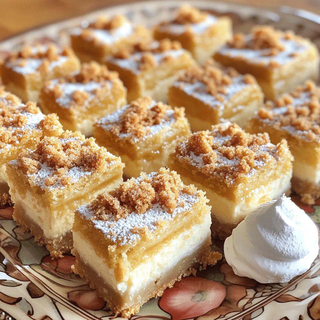 - 1 cup all-purpose flour - 1/2 cup granulated sugar - 1/4 cup unsalted butter, melted - 1 teaspoon baking powder - 1/2 teaspoon cinnamon - 1/4 teaspoon salt - 1 large egg - 8 oz cream cheese, softened - 1/2 cup powdered sugar - 1 teaspoon vanilla extract - 2 tablespoons sugar (for cinnamon sugar coating) - 1 teaspoon ground cinnamon (for cinnamon sugar coating) To make churro cheesecake bars, you need just a few key ingredients. Each one plays a special role in creating that dreamy taste and texture. The main ingredients include flour, sugar, and butter. They form the tasty base of the bars. You’ll also need cream cheese, which adds a rich and creamy layer. The egg helps bind everything together, making the bars nice and firm. Cinnamon is essential for that churro flavor. It gives the bars warmth and spice. Don’t forget the baking powder! It helps the bars rise during baking. - Chocolate chips - Nuts (e.g., pecans or walnuts) - Fruit (e.g., berries or caramel sauce) You can customize your churro cheesecake bars! Adding chocolate chips or nuts can add extra crunch and flavor. Fresh fruit or caramel sauce can give a refreshing twist. These choices let you make the recipe your own. Feel free to get creative! For the full recipe, check out the link provided. - Preheat the oven to 350°F (175°C). - In a mixing bowl, mix these dry ingredients: - 1 cup all-purpose flour - 1/2 cup granulated sugar - 1 teaspoon baking powder - 1/2 teaspoon cinnamon - 1/4 teaspoon salt - Pour in the melted butter and add 1 large egg. Mix until a dough forms. It may feel crumbly, but that is okay. - In a clean bowl, beat 8 oz cream cheese until smooth. - Add 1/2 cup powdered sugar and 1 teaspoon vanilla extract. Mix until well combined. - Press about 2/3 of the dough into the bottom of the greased 8x8 inch baking pan. - Spread the cheesecake filling evenly over the dough. - Crumble the remaining dough on top of the cheesecake. - Bake in the preheated oven for 30-35 minutes. Look for a golden top and a set cheesecake. - While baking, mix 2 tablespoons of sugar with 1 teaspoon of ground cinnamon. - After baking, sprinkle the cinnamon sugar on top while the bars are warm. - Let the bars cool in the pan. Slice them into squares once cool. This method ensures tasty churro cheesecake bars that are easy to share. For more details, check the Full Recipe. To get a smooth and creamy cheesecake layer, first, ensure your cream cheese is softened well. If it’s cold, it can be lumpy. Leave it out for about an hour before you start mixing. Next, mix your dough just enough to combine. Overmixing can make it tough, and we want soft, chewy bars. When you’re ready to serve, dust the bars with powdered sugar for a sweet touch. Use a fine sieve to sprinkle it evenly. For cutting, use a sharp knife and rinse it in hot water between cuts. This keeps the slices neat and pretty. Serve on a decorative platter and add a dollop of whipped cream for extra flair. Sometimes, the bars might turn out too dry. If that happens, drizzle a bit of milk or cream over the top. This can help add moisture back in. If you see cracks in the cheesecake layer, don’t worry! A smooth layer of whipped cream on top can hide them well. It adds flavor and makes your bars look great. {{image_2}} You can change the flavor of churro cheesecake bars easily. One fun idea is to make chocolate chip churro cheesecake bars. Just add 1 cup of chocolate chips to the cheesecake filling. The chocolate adds a rich taste that pairs well with the cinnamon. Another great twist is the pumpkin spice variation for fall. Use 1 cup of pumpkin puree and add 1 teaspoon of pumpkin spice to the filling. This gives the bars a warm, cozy flavor perfect for autumn. If you need gluten-free options, use almond or coconut flour instead of all-purpose flour. This keeps the texture nice and light. Just remember, you may need to adjust the amount slightly, as these flours can behave differently. For vegan alternatives, replace the cream cheese with cashew cream. To make cashew cream, blend soaked cashews with a bit of water until smooth. This keeps the bars creamy and delicious without dairy. You can make these bars festive with seasonal toppings. Add colorful sprinkles for holidays to create a fun look. It makes serving these treats even more exciting. For a fresh burst of flavor, try fruit toppings. Fresh berries or sliced bananas add a nice contrast to the sweet bars. You can also drizzle some caramel or chocolate sauce for an extra treat. For the full recipe, check the section above. To keep your churro cheesecake bars fresh, place them in an airtight container. Make sure they are completely cool before sealing them. This step helps avoid extra moisture. You can store them in the fridge for up to five days. If you want a sweet treat later, this is the way to go. Freezing these bars is easy and keeps them tasty. Start by cutting them into squares. Then, wrap each piece tightly in plastic wrap. Place the wrapped bars in a freezer bag or container. This helps prevent freezer burn. You can freeze them for up to three months. To thaw, take them out and leave them in the fridge overnight. This slow thawing keeps their texture right. If you are in a hurry, you can leave them at room temperature for about an hour. Enjoy your bars with a rich flavor and soft texture when ready to eat! For the complete recipe, check out the Full Recipe section. Churro cheesecake bars last about five days in the fridge. Store them in an airtight container. For longer storage, you can freeze them. Wrap each bar well in plastic wrap, then place them in a freezer bag. Churro cheesecake bars can stay fresh in the freezer for up to three months. Yes, you can make these bars ahead of time. I recommend preparing them a day before you plan to serve. After baking, let the bars cool completely. Store them in the fridge, covered, for the best taste. This way, the flavors blend nicely, and you save time on the day of serving. Pair churro cheesecake bars with a cold glass of milk or coffee. They also go well with hot chocolate for a cozy touch. If you want more dessert ideas, try serving them with a scoop of vanilla ice cream or a dollop of whipped cream. You could add fresh fruit too, like berries, for a burst of color and flavor. Churro cheesecake bars are a fun treat with a simple recipe. We covered key ingredients, preparation steps, and tips for the best results. Remember, small changes can make a big difference, like adding nuts or chocolate chips. Enjoy making these bars for friends and family. They’ll love the flavor and unique twist. Whether for parties or cozy nights in, churro cheesecake bars are sure to impress!