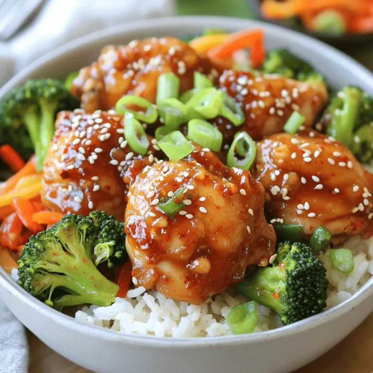- 1 lb boneless, skinless chicken thighs, cut into bite-sized pieces - 2 tablespoons sesame oil - 3 tablespoons gochujang (Korean chili paste) - 1 tablespoon soy sauce - 2 teaspoons honey - 3 garlic cloves, minced - 1-inch piece of ginger, grated - 1 cup jasmine rice - 2 cups chicken broth - 1 cup broccoli florets - 1 carrot, julienned - 1 red bell pepper, sliced - 2 green onions, thinly sliced - Sesame seeds, for garnish - Salt and pepper to taste The chicken is the star of this dish. I prefer thighs for their rich flavor and tenderness. Gochujang adds a spicy kick that defines the recipe. The sesame oil gives a nutty aroma that is hard to resist. Fresh garlic and ginger boost the flavor further. Jasmine rice makes a perfect base for these bold tastes. The mix of colorful vegetables adds both nutrition and crunch. - Tofu or tempeh for a vegetarian option - Shrimp or beef for alternative proteins - Sliced avocado for creaminess - Kimchi for extra zing - Fried egg for a rich topping These optional ingredients let you customize your bowl. If you want a vegetarian dish, try tofu or tempeh. If you love seafood, shrimp can be a great choice. Adding avocado can bring a creamy texture. Kimchi gives a nice sour touch. A fried egg on top can add richness and flavor. - Large mixing bowl - Measuring spoons and cups - Sharp knife and cutting board - Large skillet or wok - Medium-sized pot for rice - Wooden spoon or spatula Having the right tools makes cooking easier. A mixing bowl helps you marinate the chicken well. A good knife cuts the veggies perfectly. A skillet or wok allows for even cooking. The medium pot is essential for fluffy rice. A spatula helps you stir without damaging your pans. For the full recipe, check out the detailed cooking instructions. To start, you need a tasty marinade. In a bowl, mix gochujang, soy sauce, honey, sesame oil, minced garlic, and grated ginger. This combo gives the chicken a spicy kick. Cut your chicken thighs into bite-sized pieces. Toss them in the marinade and season with salt and pepper. Make sure each piece is well-coated. Let the chicken marinate for at least 30 minutes. This step adds depth to your dish. Next, rinse your jasmine rice. Do this under cold water until the water runs clear. This helps remove excess starch. In a medium pot, add the rinsed rice and chicken broth. Bring it to a boil, then lower the heat. Cover and let it simmer for about 15 minutes. For fluffy rice, avoid lifting the lid. After cooking, let it sit covered for another 5 minutes. Fluff it with a fork before serving. While the rice cooks, sauté your veggies. Heat a drizzle of sesame oil in a large skillet over medium-high heat. Add broccoli, julienned carrot, and sliced red bell pepper. Stir-fry them for about 5-7 minutes. You want them tender but still crisp. This keeps the texture nice and bright. Now, it’s time to cook the marinated chicken. Heat a separate skillet to medium-high. Add the chicken pieces and stir-fry for about 7-10 minutes. Cook until the chicken is fully done and caramelized. Stir occasionally to avoid burning. The caramelization adds flavor and makes your dish appealing. It’s time to put everything together. First, fluff the jasmine rice with a fork. Divide it into serving bowls. Top the rice with the sautéed vegetables and spicy chicken. Layering makes your bowl look more inviting. You can also use different colors to enhance the look. Finally, let’s add some garnishes. Thinly slice green onions and sprinkle them on top. Add sesame seeds for an extra crunch. Garnishing not only makes your dish pretty but also adds flavor. A well-presented bowl is more enjoyable to eat. Enjoy crafting your Spicy Korean Chicken Bowls! For the complete recipe, check out the Full Recipe section above. Using fresh ingredients makes a big difference. Fresh chicken, crisp veggies, and spices unlock the best taste. I always choose bright, colorful produce. It adds flavor and looks good in the bowl. Adding spices and herbs can boost your dish. Besides gochujang, try garlic or ginger. They bring depth to the flavors. A pinch of sesame seeds adds a nice crunch too. Proper pan heat is key for great results. Always preheat your pan before cooking. This helps the chicken sear nicely and keeps it juicy. A hot pan also cooks vegetables quickly, keeping them crisp. Cooking in batches can improve texture. If your pan is too crowded, it steams the food instead of browning it. Cook the chicken and veggies separately. This way, each ingredient gets the right attention. Prepping ingredients in advance saves time. Cut your chicken and veggies before you start cooking. You can even marinate the chicken a day ahead. This way, you're ready to go when it's time to cook. Utilizing leftovers is a smart strategy too. If you have extra chicken or rice, use them for lunches. Mix them with new sauces or veggies. This keeps meals fun and fresh without extra effort. For the complete recipe, check out the [Full Recipe]. {{image_2}} You can change the chicken in this recipe. Tofu or tempeh works well for a vegetarian option. Both absorb flavors nicely. For meat lovers, try beef or shrimp. Each protein brings a new taste to your bowl. The sauce is key to flavor in Spicy Korean Chicken Bowls. You can play with different chili pastes. Some may prefer a milder or sweeter taste. Homemade sauces can also shine. Mix soy sauce with honey and garlic for a tasty twist. Seasonal vegetables can add variety. Try zucchini, snap peas, or asparagus when they are fresh. Other quick-cooking options like mushrooms or baby corn work great too. Mixing veggies keeps your meals colorful and fun. Store your spicy Korean chicken bowls in airtight containers. Glass or plastic containers work well. Keep them in the fridge. You can store leftovers for up to three days for best quality. To freeze, let the chicken and veggies cool completely. Use freezer-safe bags or containers. Remove as much air as possible. This helps prevent freezer burn. They can last up to three months. When ready to eat, thaw in the fridge overnight. Reheat on the stove or microwave until hot. These bowls pair great with a fresh side salad or steamed dumplings. For meal prep, you can keep each component separate. This way, everything stays fresh longer. When ready to eat, just assemble the bowls again. Enjoy your delicious meal! For the complete recipe, refer to the Full Recipe. To lower the heat, you can adjust the gochujang. Use less of it in your marinade. You can also add other flavors to balance the spice. A bit more honey can sweeten the dish. Adding more vegetables can also help tone down the heat. Yes, you can use frozen vegetables. They are easy and save time. However, fresh veggies often taste better. Frozen veggies can lose some crunch when cooked. If you choose frozen, stir-fry them for a shorter time. This keeps them crisp. Jasmine rice is a great choice for these bowls. It has a nice fragrance and texture. You can also use short-grain rice for a stickier option. Brown rice is a healthy alternative, but it takes longer to cook. Quinoa is another option if you want something different. Yes, you can make this dish gluten-free. Use gluten-free soy sauce instead of regular soy sauce. Make sure the gochujang you use is gluten-free, too. Most brands offer gluten-free options now. Check the label to be sure. The chicken should reach an internal temperature of 165°F. Use a meat thermometer to check. The meat should not be pink inside. The juices should run clear when you cut it. You can serve your bowls with pickled vegetables for an extra kick. Kimchi adds a nice touch, too. A simple salad can balance the meal. You might enjoy a side of steamed dumplings as well. These sides will make your meal even more filling. This blog post covered the essentials for making Spicy Korean Chicken Bowls. We discussed key ingredients, preparation steps, and tools needed. I shared tips on enhancing flavors and variations to keep your meals exciting. Proper storage methods were also highlighted to keep your food fresh. In conclusion, cooking should be fun and satisfying. Enjoy experimenting with flavors and ingredients. This dish offers many ways to make it your own. Happy cooking!