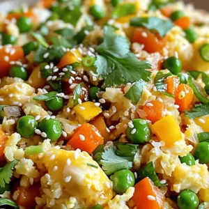 - 1 medium head cauliflower, riced - 2 tablespoons vegetable oil - 2 large eggs, lightly beaten - 1 cup mixed vegetables (peas, carrots, bell peppers) - 3 green onions, chopped - 2 cloves garlic, minced - 2 tablespoons soy sauce (or tamari for gluten-free) - 1 tablespoon sesame oil - Salt and pepper to taste - Optional: chopped cilantro and sesame seeds for garnish Gather these ingredients for your cauliflower fried rice. You will need a medium head of cauliflower. The first step is to rice the cauliflower. Cut it into small florets. Then, pulse it in a food processor. You want it to look like grains of rice. Next, you need vegetable oil for frying. Use a good quality oil for a nice flavor. You will also need two large eggs. Lightly beat them in a bowl. The eggs will add protein and richness to your dish. Mixed vegetables are key too. Peas, carrots, and bell peppers add color and nutrition. Don't forget the green onions. They give a fresh taste and crunch. Garlic is another must. It adds a lovely aroma and flavor. Soy sauce or tamari will bring umami to the dish. I prefer tamari for a gluten-free option. One tablespoon of sesame oil will add a nutty flavor, making the dish more delicious. Finally, season with salt and pepper. You can also garnish with chopped cilantro and sesame seeds if you like. This recipe is all about balance and flavor. For the full recipe, check out the details above. How to rice cauliflower To rice cauliflower, start by cutting a medium head into florets. Place the florets in a food processor. Pulse until it looks like rice. Make sure not to over-process it. Set the riced cauliflower aside for later. Cooking the eggs In a large skillet or wok, heat two tablespoons of vegetable oil over medium-high heat. Add two cloves of minced garlic and sauté for about thirty seconds until fragrant. Push the garlic to one side. Pour in two large eggs, lightly beaten, into the other side. Scramble the eggs until cooked, then mix them with the garlic. Stir-frying vegetables Next, add one cup of mixed vegetables to the skillet. You can use peas, carrots, and bell peppers. Stir-fry for three to four minutes until the veggies are tender. This step adds color and flavor to your dish. Adding riced cauliflower to the mix Now, add the riced cauliflower to the skillet. Stir it in well with the cooked eggs and veggies. You will see the bright colors blend beautifully together. Incorporating seasonings Pour in two tablespoons of soy sauce and one tablespoon of sesame oil. These will enhance the flavor of your fried rice. Mix everything together for a minute, ensuring the cauliflower soaks up those tasty seasonings. Cooking time for perfect texture Cook the mixture for five to seven minutes, stirring frequently. You want the cauliflower to be tender but not mushy. This keeps the texture just right! Garnishing for presentation Turn off the heat and mix in three chopped green onions. Season with salt and pepper to taste. For a finishing touch, garnish with chopped cilantro and sesame seeds if you like. This adds a nice look and extra flavor to your dish! For a detailed recipe, check out the Full Recipe. - Best oil choices for frying I like using vegetable oil for frying. It has a high smoke point. You can also try peanut oil for a nice flavor. These oils help cook the dish well without burning. - How to avoid soggy cauliflower To keep your cauliflower fried rice from getting soggy, dry the riced cauliflower. You can pat it with a towel. Also, cook it on high heat. This helps remove moisture fast. - Additional ingredients for extra taste You can add more flavor by including chopped bell peppers, mushrooms, or corn. These add texture and color. You can also mix in some cooked chicken or shrimp for protein. - Spice options for a kick Want some heat? Add red pepper flakes or a splash of hot sauce. You can also try fresh ginger for a zesty twist. These spices make your dish exciting and full of flavor. - Prepping ingredients ahead of time Cut and rice your cauliflower the day before. Store it in the fridge. You can also chop your veggies in advance. This saves time and makes cooking easier on busy nights. - Storing leftovers Keep any leftover cauliflower fried rice in an airtight container. It lasts in the fridge for about three days. You can reheat it in the microwave or on the stovetop to enjoy later. For the complete recipe, check out the [Full Recipe]. {{image_2}} You can easily make a vegan version of cauliflower fried rice. Simply skip the eggs. Use tofu for protein instead. Firm tofu works best. Just cube it and add it when you add the garlic. This keeps it flavorful and filling. For those wanting low-carb substitutions, cauliflower is an excellent choice. It has fewer carbs than rice. You can also add nuts or seeds for crunch. Chopped almonds or sunflower seeds can add great texture. To add different proteins, try chicken, shrimp, or beef. Cook the protein first, then set it aside. Add it back when you mix in the cauliflower. This keeps the dish hearty and satisfying. You can also change up the vegetables. Broccoli, snap peas, or zucchini work well. Just remember to cut them small. This helps them cook evenly. Mix and match based on what you like or have on hand. For a Mexican-style cauliflower fried rice, add black beans and corn. Season with cumin and chili powder. Top with avocado and cilantro for freshness. This gives a fun twist to the original dish. For a Thai-inspired cauliflower fried rice, use lime juice and peanuts. Add some bell peppers and green beans for crunch. Finish with a sprinkle of fresh basil. This brings bright flavors that wake up your taste buds. You can find the full recipe to create your own delicious version. To store leftover cauliflower fried rice, first let it cool to room temperature. Then, place it in an airtight container. This keeps it fresh and prevents strong odors from mixing. Leftovers stay good in the fridge for about 3 to 4 days. Make sure to eat it within this time for the best taste and safety. You can freeze cauliflower fried rice if you want to save it for later. First, let it cool completely. Then, scoop it into freezer-safe bags or containers. Squeeze out any air to prevent freezer burn. It can stay fresh in the freezer for up to 3 months. When you’re ready to eat it, thaw the rice in the fridge overnight. To reheat, use a skillet or microwave. To heat up your fried rice, you have a couple of great options. The stovetop method works well. Just add a splash of oil to a skillet and heat it over medium heat. Stir the rice frequently for even warming. This keeps the flavor and texture nice. You can also use the microwave. Place the rice in a bowl and cover it with a damp paper towel. This helps add moisture and warmth. Heat it in short bursts, stirring in between until it's hot. Both methods restore the taste you love in cauliflower fried rice! Can I use frozen cauliflower rice? Yes, you can use frozen cauliflower rice. It is quick and easy. Just heat it in the skillet until it's warm. This saves you time if you're in a rush. Is cauliflower fried rice healthier than regular fried rice? Yes, cauliflower fried rice is healthier. It has fewer carbs and calories. Cauliflower is high in fiber and vitamins. This makes it a great choice for many diets. How can I make this recipe in advance? You can prepare the riced cauliflower ahead of time. Store it in the fridge for up to 3 days. You can also cook the dish fully and refrigerate it. Just reheat it when you're ready to eat. Calories and macros per serving One serving of cauliflower fried rice has about 120 calories. It has 6 grams of protein and 9 grams of carbs. This makes it a light and filling meal. Health benefits of using cauliflower Cauliflower is rich in vitamins C and K. It also has antioxidants that help your body. Eating cauliflower can support digestion and weight loss. What to do if the cauliflower is too crunchy If the cauliflower is too crunchy, cook it longer. Stir it often and add a splash of water. This helps steam it and soften the texture. How to prevent sticking during cooking To prevent sticking, use a non-stick skillet or add extra oil. Keep the heat at medium-high. Stir the ingredients often to keep them moving. This blog post guides you through making delicious cauliflower fried rice. We covered ingredients, steps, and tips for the best taste. The variations let you customize it to your diet or flavor preferences. Proper storage ensures your leftovers stay fresh. Incorporate these ideas into your cooking for a quick, healthy meal. You can enjoy this dish any time and share it with friends. Explore the fun of creating your version today!