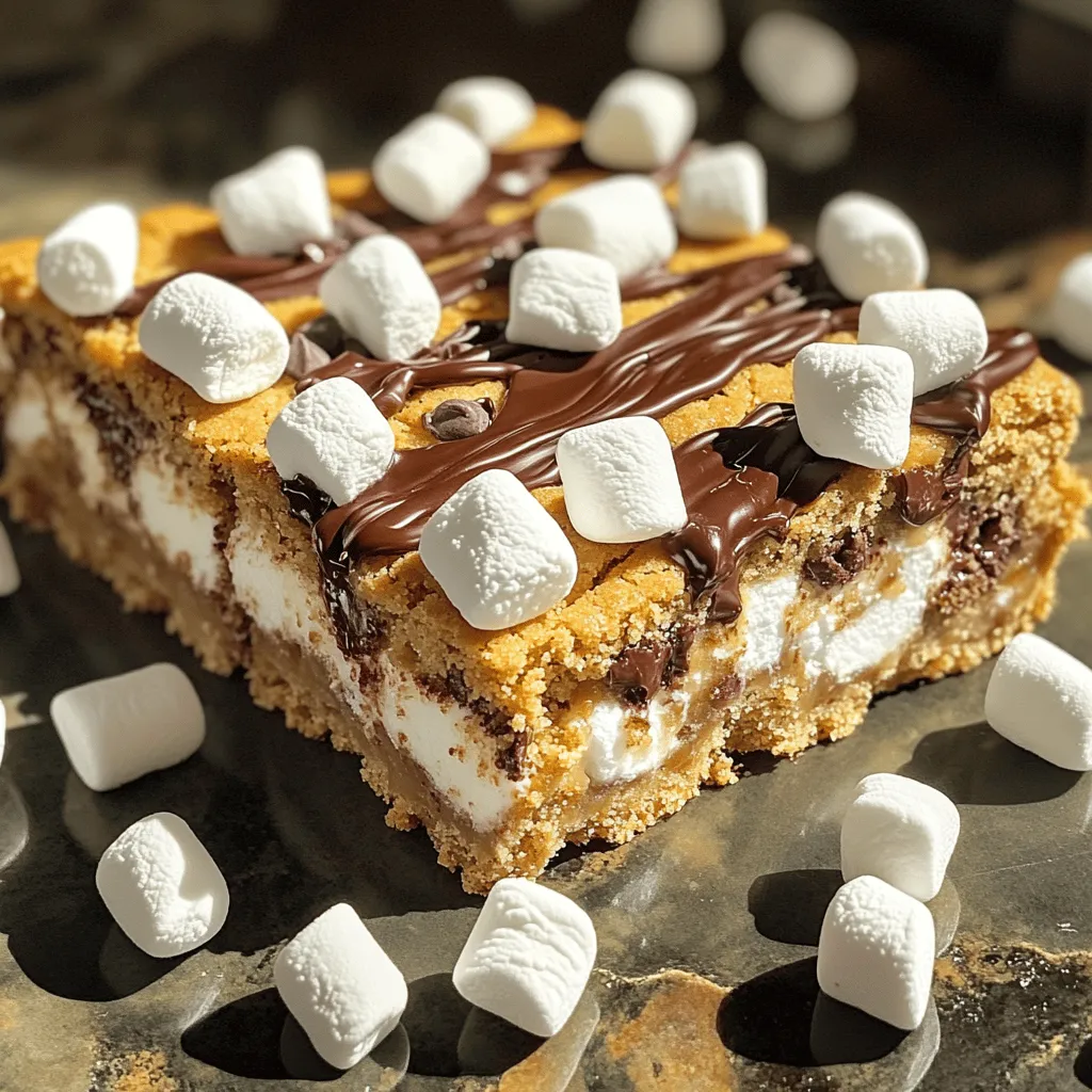 To make these tasty S'mores cookie bars, you need some key ingredients. Each one plays a big role in making them delicious. Here’s the list of what you will need: - 2 cups all-purpose flour - 1 teaspoon baking soda - ½ teaspoon salt - ½ cup unsalted butter, softened - ½ cup granulated sugar - ½ cup brown sugar, packed - 1 large egg - 1 teaspoon vanilla extract - 1 cup graham cracker crumbs - 1 cup chocolate chips (semi-sweet or milk) - 1 cup mini marshmallows - ½ cup additional chocolate chips for topping These ingredients create a soft, chewy base with that classic s'mores flavor. The graham cracker crumbs give a nice crunch, while the chocolate and marshmallows add sweetness. Want to make your S'mores cookie bars even more special? You can add some fun extras. Here are a few ideas: - Chopped nuts like walnuts or pecans for crunch - Different types of chocolate, such as dark or white - A pinch of cinnamon for a warm spice - Peanut butter chips for a nutty twist These add-ins can give your bars a unique taste. Feel free to mix and match as you like! Do you need to swap out some ingredients? No problem! Here are a few easy substitutions: - Use coconut oil instead of butter for a dairy-free option - Replace all-purpose flour with gluten-free flour for a gluten-free version - Use maple syrup instead of granulated sugar for a natural sweetener - Swap mini marshmallows for larger marshmallows, just cut them up These substitutions can cater to different diets while keeping your bars yummy. Just remember to adjust baking times as needed. For the full recipe, check the details above. Start by preheating your oven to 350°F (175°C). While it warms up, grab a 9x13 inch baking dish. You can grease it with butter or line it with parchment paper. This keeps the bars from sticking. I prefer parchment paper for easy cleanup. Make sure to cover the entire bottom and sides well. Next, let’s make the cookie dough. In a medium bowl, whisk together 2 cups of all-purpose flour, 1 teaspoon of baking soda, and ½ teaspoon of salt. Set this aside for later. In a large mixing bowl, cream together ½ cup of softened unsalted butter, ½ cup of granulated sugar, and ½ cup of packed brown sugar. Mix until it’s smooth and creamy. Now, add in 1 large egg and 1 teaspoon of vanilla extract. Beat these into the butter mixture until everything is well combined. Gradually stir in the flour mixture. Mix just until you see no dry flour. Finally, fold in 1 cup of graham cracker crumbs and 1 cup of chocolate chips. This dough will be thick and sticky. Now we will layer the ingredients. Pour half of your cookie dough into the prepared baking dish. Use a spatula to spread it evenly across the bottom. Then, sprinkle 1 cup of mini marshmallows and ½ cup of additional chocolate chips on top of the dough. This is where the magic happens! Dollop the remaining cookie dough over the marshmallows and chocolate. Spread it carefully to cover as much as you can. Don’t worry if it’s not perfect. Bake your bars in the preheated oven for about 25-30 minutes. They should turn golden brown. When a toothpick comes out clean, they are done. Let them cool for at least 10 minutes before cutting into bars. Enjoy the deliciousness of your S'mores Cookie Bars! Baking time can change based on your oven. I recommend checking the bars at 25 minutes. If they look golden brown, they are likely done. A toothpick should come out clean when poked in the center. If they need more time, check every 2 minutes. This helps avoid overbaking. For chewy bars, don’t overmix the dough. Mix until just combined. Also, using softened butter helps keep them soft. Adding more chocolate chips or mini marshmallows can also enhance texture. These extra ingredients create pockets of gooey goodness. After baking, let the bars cool in the pan for at least 10 minutes. This helps them set. Cut them into squares while still warm for easy serving. For a treat, drizzle melted chocolate on top. You can also add extra marshmallows for a fun look. Enjoy with friends or family for a tasty time! For the complete recipe, check the Full Recipe. {{image_2}} You can make a gluten-free version of these s'mores cookie bars. Use a gluten-free flour blend instead of regular flour. This simple swap keeps the taste while meeting gluten-free needs. Look for a blend that works well for baking, usually with xanthan gum. You can find many options online or in stores. For a vegan option, substitute the butter with coconut oil or a vegan butter. Instead of an egg, use a flax egg. To make this, mix one tablespoon of ground flaxseed with three tablespoons of water. Let it sit for five minutes to thicken. You can also use dairy-free chocolate chips and marshmallows. These swaps keep the bars tasty without animal products. Feel free to get creative with flavors! Add peanut butter to the dough for a nutty kick. Just mix in half a cup of creamy peanut butter when you cream the butter and sugars. You can also try mint by adding a few drops of mint extract. This gives a fresh taste that pairs well with chocolate and marshmallows. Another fun idea is to sprinkle crushed candy bars or nuts on top for extra crunch. Check out the Full Recipe to explore more ways to enjoy these delicious bars! To keep your s'mores cookie bars fresh, let them cool first. I recommend cutting them into squares. Place them in an airtight container. Store at room temperature for up to five days. If you want to keep them longer, move to the fridge. Just make sure they are well sealed. This keeps the bars moist and tasty. When you're ready to enjoy your cookie bars again, reheating is simple. Take a bar and place it on a microwave-safe plate. Warm it in the microwave for about 10-15 seconds. This helps the chocolate and marshmallows melt a bit. You can also use the oven. Preheat to 350°F (175°C) and heat for about 5-10 minutes. This makes the bars warm and gooey. If you want to freeze your s'mores cookie bars, wrap each square tightly in plastic wrap. Then, place them in a freezer bag. They can last up to three months in the freezer. When you want to eat one, remove it from the freezer. Let it sit in the fridge overnight to thaw. For a faster method, take it out and let it sit at room temperature for about 30 minutes. Enjoy your treat without losing flavor! For the full recipe, check the link above. To make S'mores cookie bars, you need simple steps. Start by preheating your oven to 350°F (175°C). Grease a 9x13 inch baking dish. Mix flour, baking soda, and salt in a bowl. In another bowl, cream butter, granulated sugar, and brown sugar. Add one egg and vanilla extract. Then, mix in the dry ingredients. Fold in graham cracker crumbs and chocolate chips. Spread half the dough in the dish, then add mini marshmallows and more chocolate chips. Top with the remaining dough. Bake for 25-30 minutes. Let them cool before cutting into bars. For the full recipe, check the detailed steps above. Yes, you can make these bars ahead of time. Bake the S'mores cookie bars and let them cool completely. Once cooled, cut them into squares. Store them in an airtight container. They will stay fresh for about three days at room temperature. You can also freeze them for longer storage. Just wrap each bar well in plastic wrap, then put them in a freezer bag. They will last up to three months in the freezer. S'mores cookie bars can become crumbly for a few reasons. First, you may have added too much flour. Make sure to measure it properly. Second, not enough butter can also cause crumbliness. Ensure you use the right amount of butter for moisture. Overbaking can dry them out too. Always check for a golden brown color and a clean toothpick. If they are crumbly, you can serve them with whipped cream or ice cream to help hold them together. S'mores cookie bars combine simple ingredients and fun steps. You learned about key ingredients, optional add-ins, and substitutions to make them your own. I shared my best tips for texture and storage. Variations, like gluten-free and vegan options, ensure everyone can enjoy them. These bars are easy to make and perfect for any occasion. Try out your favorite flavors and share them with friends. Happy baking!