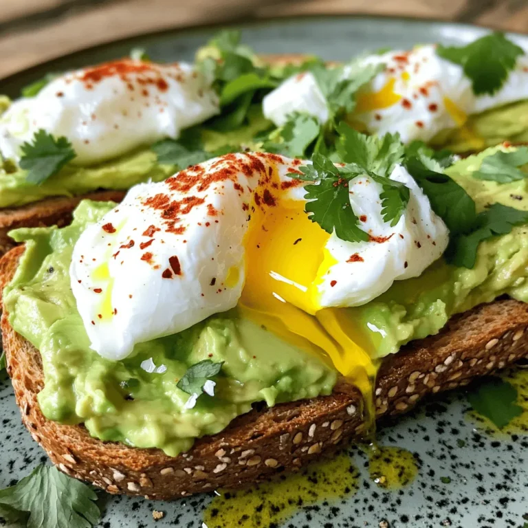 - 2 ripe avocados - 4 slices of whole grain bread - 4 large eggs - 1 tablespoon white vinegar - 1 teaspoon lemon juice - Salt and pepper to taste - 1/2 teaspoon red pepper flakes (optional) - Fresh cilantro or parsley for garnish - Olive oil for drizzling To make this savory avocado toast with poached egg, you need simple yet fresh ingredients. The avocados should feel soft but not mushy. Look for whole grain bread that is hearty enough to hold the toppings. Eggs are key for poaching; fresh eggs work best for a clean shape. White vinegar helps the eggs set nicely in water. Lemon juice adds a bright flavor to the avocado mix. You can adjust the salt and pepper based on your taste. If you enjoy a bit of heat, add red pepper flakes. Finally, don’t skip the fresh herbs and olive oil; they bring the dish together. For the full recipe, check out the detailed instructions later in the article. Enjoy gathering your ingredients and let’s make something delicious! To start, you need to toast the bread. You can use a toaster or a skillet. If you choose the skillet, heat it over medium heat. Add the bread slices one by one. Toast until they are golden brown. Keep an eye on them, so they don’t burn. The goal is a crisp outside and soft inside. This is the base for your avocado toast. Next, let’s poach the eggs. Fill a medium pot with water and bring it to a gentle simmer. Add one tablespoon of white vinegar. This step helps keep the egg whites together. Crack each egg into a small bowl. Gently slide the eggs into the simmering water. Poach for about 3-4 minutes. This timing gives you runny yolks. If you like firmer yolks, cook a bit longer. Now it’s time to assemble your dish. Take the ripe avocados and cut them in half. Remove the pits, then scoop the flesh into a bowl. Mash it well with a fork. Stir in one teaspoon of lemon juice and season with salt and pepper. Once the bread is ready, spread a generous layer of the mashed avocado on each slice. Using a slotted spoon, remove the poached eggs from the water. Let them drain briefly. Place one egg on top of each avocado toast. For the finishing touch, sprinkle with red pepper flakes if you like a little heat. Drizzle some olive oil on top, and add fresh cilantro or parsley for color. This adds flavor and makes your dish look great. Enjoy your savory avocado toast with poached egg! For the complete recipe, check the Full Recipe section. To get the best taste from your avocados, choose ripe ones. They should yield slightly to gentle pressure. Avoid any that feel hard or have dark spots. If you cut an avocado and want to save it, sprinkle lemon juice on the flesh. Store it in an airtight container to slow browning. Common mistakes with poached eggs include cooking in water that is too hot or not using vinegar. Always keep the water at a gentle simmer. This helps the egg whites stay together. Cooking time varies based on how runny you want the yolk. For a soft yolk, cook for about three minutes. If you like it more firm, add an extra minute or two. Avocado toast pairs well with many sides. Try a fresh salad or some fruit. For drinks, a nice coffee or herbal tea complements the meal. To make it more filling, add some protein like smoked salmon or bacon. These additions turn your toast into a wholesome meal. For the full recipe, check out the section above! {{image_2}} When making avocado toast, the bread you choose can change the taste. You can use: - Sourdough: This bread has a tangy flavor and a chewy crust. - Rye: This option adds a nutty taste and is slightly dense. - Gluten-free: There are many gluten-free breads available. Look for one that you enjoy. Each bread brings a unique flavor and texture that can enhance your meal. To make your avocado toast even better, consider adding: - Feta cheese: This crumbly cheese adds a salty kick. - Cherry tomatoes: Sliced tomatoes bring sweetness and color. - Red onion: Thin slices add crunch and a mild bite. - Spices: Try smoked paprika, garlic powder, or chili flakes for extra flavor. Mix and match these toppings to suit your taste. If you follow a specific diet, you can still enjoy this dish. For vegan options: - Replace the poached egg with sliced tomato or chickpeas. - Use nutritional yeast for a cheesy flavor. For low-carb options: - Use portobello mushrooms or eggplant slices instead of bread. - Top with avocado and a sprinkle of cheese for a tasty twist. These variations will keep your avocado toast fresh and exciting! For the full recipe, visit [Full Recipe]. To keep leftover avocado fresh, store it properly. First, sprinkle lemon juice on the cut side. This helps slow down browning. Next, wrap the avocado tightly in plastic wrap. Place it in the fridge. Use it within one day for the best taste. If you want to store mashed avocado, add more lemon juice to it. Seal it in an airtight container. This will keep it from turning brown too fast. Can you refrigerate leftover toast? Yes, you can. Wrap it in foil or plastic wrap. Store it in the fridge for up to three days. To reheat, use a toaster or an oven. If you prefer, you can also use a skillet over medium heat. Heat it for about 2-3 minutes, flipping halfway through. This will help get it crispy again. Best practices for storing poached eggs include cooling them first. After poaching, place them in cold water. This stops the cooking. Store them in an airtight container in the fridge. Use within two days for the best taste. When reheating, place them in hot water for a minute. This warms them without cooking them further. To poach eggs perfectly, follow these simple steps: - Use fresh eggs; they hold their shape better. - Add a tablespoon of white vinegar to simmering water. This helps the egg whites stay together. - Crack each egg into a small bowl first. This makes it easy to slide into the water. - Simmer the water gently, not boiling. Boiling water can break the eggs apart. - Cook for 3-4 minutes for runny yolks, or longer for firmer yolks. With practice, you will master poaching eggs. Each time, your results will improve. Yes, you can prep your avocado toast ahead of time. Here are some tips: - Make the avocado mixture and store it in an airtight container. Add lemon juice to slow browning. - Toast the bread just before serving. This keeps it crunchy. - Poach the eggs shortly before eating. This way, they stay warm and runny. If you follow these steps, your toast will taste fresh even when prepped ahead. To elevate your avocado toast, try these toppings: - Crumbled feta adds creaminess. - Cherry tomatoes give a sweet burst of flavor. - Sliced radishes add a nice crunch. - A sprinkle of hemp seeds boosts nutrition. - Fresh herbs like basil or chives can enhance the taste. Mix and match to create your favorite combination! For more ideas, check out the Full Recipe. This blog shows you how to make tasty avocado toast with poached eggs. You learned about choosing ripe avocados, perfecting poached eggs, and storing leftovers. Remember, practice leads to better results. Use different breads and toppings to keep it fun. Enjoy experimenting with flavors and serving styles. With these tips, you’re set for delicious meals ahead. Now, go impress your friends or family with your new skills!