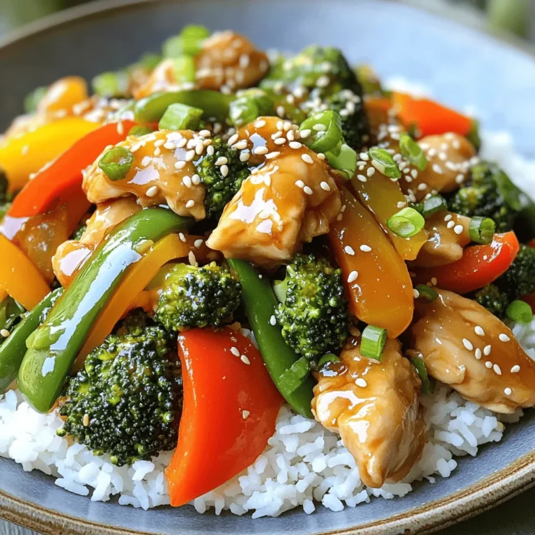 - 1 pound boneless chicken breast, thinly sliced - 2 cups mixed vegetables (bell peppers, broccoli, snap peas) For this stir fry, I start with tender chicken breast. It cooks quickly and stays juicy. I also use a mix of colorful vegetables. Bell peppers add sweetness, broccoli gives a nice crunch, and snap peas bring freshness. Together, they create a vibrant dish that looks great on the plate. - 3 tablespoons honey - 4 cloves garlic, minced - 1 tablespoon soy sauce The sauce is what makes this meal shine. Honey adds a tasty sweetness. Garlic gives a bold flavor that pairs perfectly with the chicken. I use soy sauce to add depth and umami. This mix creates a sticky, savory sauce that coats the chicken and veggies well. - 1 tablespoon cornstarch - 1 tablespoon vegetable oil - 1 teaspoon sesame oil - Salt and pepper to taste - 2 green onions, chopped (for garnish) - Toasted sesame seeds (for garnish) Cornstarch helps thicken the sauce and gives the chicken a nice texture. I use vegetable oil to cook at high heat without burning. A drizzle of sesame oil at the end adds a nutty richness. Salt and pepper enhance all the flavors. For garnishing, I add green onions and toasted sesame seeds. They provide crunch and a pop of color. For the full recipe, check out the Honey Garlic Chicken Stir Fry . Start by slicing one pound of boneless chicken breast into thin strips. This helps the chicken cook quickly. In a bowl, mix the chicken with one tablespoon of cornstarch and one tablespoon of soy sauce. Toss everything together to coat the chicken well. This marinating step makes the chicken tender and flavorful. Set the bowl aside for about ten minutes. This wait is key; it allows the chicken to soak up the flavors. While the chicken marinates, let’s prepare the sauce. In a small bowl, combine three tablespoons of honey with four cloves of minced garlic. Stir these together until they form a smooth mixture. This sauce is the heart of our dish. It brings a sweet and savory taste that pairs perfectly with the chicken. Now, heat one tablespoon of vegetable oil in a large skillet or wok over medium-high heat. Once the oil is hot, add the marinated chicken to the pan. Stir fry the chicken for five to seven minutes. Cook it until it turns brown and is no longer pink inside. Next, toss in two cups of mixed vegetables, like bell peppers, broccoli, and snap peas. Stir fry these veggies for about three to four minutes. You want them to be tender yet crisp. Finally, pour the honey garlic sauce over the chicken and vegetables. Stir everything together for about two minutes. This helps the sauce cling to the chicken and veggies. To finish, drizzle one teaspoon of sesame oil over the stir fry and give it a final toss. Your Honey Garlic Chicken Stir Fry is now ready to serve! For a complete meal, check out the [Full Recipe]. Enjoy the vibrant colors and flavors in each bite! To get the right chicken texture, start by marinating the chicken in cornstarch. This helps keep the chicken juicy. Use thin slices of chicken to cook faster and stay tender. High heat is key when stir-frying. It sears the chicken and gives it a nice color. If you lower the heat, the chicken will steam instead of fry, losing that crispy edge. Pair your honey garlic chicken stir fry with fluffy white rice or quinoa. Both add great texture and soak up the sauce well. You can also serve it with noodles for a fun twist. For plating, use colorful bowls to make the dish pop. A sprinkle of green onions and sesame seeds will make it look fancy. Want extra flavor? Try adding spices like ginger or red pepper flakes. Fresh herbs like cilantro or basil can also brighten the dish. You can mix different vegetables based on what you have. Carrots, snap peas, or even zucchini work well. This gives your stir fry a unique taste every time. For the full recipe, check out the details above! {{image_2}} You can switch up the protein in this dish easily. Shrimp, beef, or tofu can work great. For shrimp, use large, peeled shrimp. Cook them for about 3-4 minutes until they turn pink. Beef works well too. Use thinly sliced flank steak. Cook it for about 5 minutes until browned. Tofu is a fantastic option for vegans. Use firm tofu, and cook until golden brown for best results. Each protein brings its own flavor and texture to the stir fry. If you want a fully vegetarian stir fry, it's simple! Just skip the chicken and add more vegetables. You could use mushrooms, carrots, and zucchini. They add great flavor and color. You can also add chickpeas for protein. They will make the dish filling and nutritious. Don't forget to adjust the sauce to taste. This way, you keep all the yummy flavors while making it meat-free. You can change the sauce for a new taste. Teriyaki sauce is sweet and savory. It pairs well with chicken or tofu. Just swap the honey and garlic with teriyaki sauce in the recipe. Sweet and sour sauce is another fun choice. It gives a nice tangy flavor. You can mix in ginger for an extra kick. Each sauce gives a unique twist to your stir fry. Explore these options to find your favorite. Check out the Full Recipe for more ideas. To keep your Honey Garlic Chicken Stir Fry fresh, store leftovers in an airtight container. This helps lock in flavor and moisture. Make sure to cool the stir fry to room temperature before sealing it up. Place the container in the fridge right away. This keeps harmful bacteria at bay and maintains taste. If you want to save some for later, freezing is a great option. First, let the stir fry cool completely. Then, transfer it to a freezer-safe container. Remove as much air as possible to avoid freezer burn. When you're ready to eat, thaw it overnight in the fridge. Reheat in a pan over low heat until warm, stirring often. You can also microwave it, but stir halfway for even heating. In the fridge, your Honey Garlic Chicken Stir Fry lasts about 3-4 days. After that, the taste and texture start to decline. If frozen, it’s best to eat it within 2-3 months for optimal flavor. Always check for any signs of spoilage before enjoying leftovers. Yes, you can prep this dish ahead of time. For best results, follow these steps: - Marinate the chicken: Combine chicken with cornstarch and soy sauce. Store it in the fridge for up to 24 hours. - Prep the sauce: Mix honey and garlic in a small bowl. Keep it in the fridge until you need it. - Chop vegetables: Cut your bell peppers, broccoli, and snap peas. Store them in an airtight container. - Cook when ready: When you are ready to eat, just stir fry everything together. This keeps your meal fresh and quick. If you need a different sweetener, here are some great options: - Maple syrup: It has a similar sweetness and flavor. - Agave nectar: This is a great vegan option and works well in sauces. - Brown sugar: Mix it with a bit of water to create a syrupy texture. - Coconut sugar: A natural option that adds a slight caramel flavor. To make Honey Garlic Chicken Stir Fry gluten-free, use these substitutes: - Soy sauce: Choose a gluten-free soy sauce or tamari. - Cornstarch: Most brands are gluten-free, but check the label to be sure. - Vegetable oil and sesame oil: These are naturally gluten-free, so you can use them without worry. These swaps keep the dish tasty while meeting dietary needs. Enjoy your cooking! This blog post covered everything about Honey Garlic Chicken Stir Fry. We discussed the main ingredients, from chicken and veggies to the tasty honey garlic sauce. I shared cooking steps to make your dish delicious and tips for the best results. You can even try different proteins or sauces. With these easy methods, you'll enjoy a great meal any time. Follow these steps, and you'll impress everyone at your table!