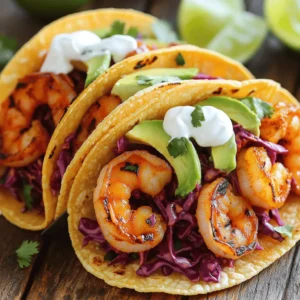 - 1 pound shrimp, peeled and deveined - 8 small corn tortillas - 1 cup red cabbage, finely shredded - 1/2 cup carrots, grated - 1/4 cup fresh cilantro, chopped - 2 tablespoons olive oil - 2 teaspoons chili powder - 1 teaspoon cumin - 1/2 teaspoon smoked paprika - 1/4 teaspoon cayenne pepper - Salt and pepper to taste - 1 avocado, sliced - 1/2 cup sour cream or Greek yogurt - 2 tablespoons lime juice In this recipe, we focus on fresh ingredients that shine. The shrimp brings a lovely sweetness. It pairs well with the crunch of the cabbage and carrots. I love using red cabbage for its color and nutrients. The cilantro adds a fresh pop, too! For the seasonings, I choose chili powder and cumin for warmth and depth. Smoked paprika gives it a nice smoky flavor. Adjust the cayenne pepper based on your spice preference. Don't forget to season with salt and pepper for balance. The toppings make these tacos extra special. Sliced avocado adds creaminess. I use sour cream or Greek yogurt for tanginess. A splash of lime juice brightens the overall flavor. This combination of ingredients makes a flavorful and fresh delight. For the full recipe, check the "Full Recipe" section. First, you need to prepare the shrimp. In a bowl, combine the shrimp with olive oil, chili powder, cumin, smoked paprika, cayenne pepper, salt, and pepper. Make sure the shrimp gets a nice coating from the spices. Let it marinate for at least 15 minutes. This step is key to infusing flavor into the shrimp. Next, let's make the slaw. In a separate bowl, mix together the finely shredded cabbage, grated carrots, chopped cilantro, and lime juice. This mix adds crunch and freshness to the tacos. Season it with a pinch of salt and pepper. Toss everything well and set it aside. This slaw balances the spicy shrimp perfectly. Now it's time to cook the shrimp. Heat a large skillet over medium-high heat. Once hot, add the marinated shrimp in a single layer. Cook for about 2-3 minutes on each side until the shrimp are opaque and cooked through. Be careful not to overcook them, as they can become tough. Remove from heat and set aside. Next, we need to warm the tortillas. In a dry skillet over medium heat, warm the corn tortillas for about 30 seconds on each side. This step makes them soft and pliable. Warm tortillas hold the fillings better and add to the overall taste. Now comes the fun part—assembling the tacos! Take a warm tortilla and layer a few shrimp. Add a generous spoonful of the slaw, a couple of avocado slices, and drizzle with sour cream or Greek yogurt. Each bite should be a mix of flavors and textures. Serve your tacos with lime wedges on the side. A squeeze of lime adds zest and brightens the dish. Enjoy your homemade spicy shrimp tacos! For the complete list of steps, refer to the Full Recipe. To get the best shrimp, avoid overcooking. Cook shrimp for just 2-3 minutes on each side. Perfect shrimp should look opaque and firm. If you love heat, adjust the spice levels. You can add more cayenne pepper for a kick or reduce it for a milder flavor. Add other vegetables for extra crunch. Bell peppers or radishes work well. Try different colors for a vibrant look. Let the slaw sit for about 10-15 minutes. This allows the flavors to blend and deepen, making each bite more exciting. Corn tortillas are classic and tasty. For a different texture, try flour tortillas. They are soft and chewy, perfect for wrapping. If you want a low-carb option, use lettuce wraps instead. They add a fresh crunch and keep it light. {{image_2}} You can switch shrimp for chicken or tofu. Chicken works great with the same spices. Just cook it until it’s fully done. Tofu absorbs flavors well. Press it first to remove water. Then, marinate it like the shrimp. You can also use white fish fillets for fresh fish tacos. Fish cooks quickly, so keep an eye on it. Want more heat? Add jalapeños or hot sauce to the tacos. These will give your meal a nice kick. If you want a sweet touch, try mango or pineapple. These fruits balance the spice and add freshness. You can chop them up and add them to the slaw or top the tacos. If you need gluten-free options, use corn tortillas. They are tasty and keep the tacos intact. For a vegan version, swap sour cream for vegan alternatives. You can use plant-based yogurt or cashew cream. These options keep your tacos rich and creamy without dairy. Store shrimp and slaw in separate airtight containers. This keeps them fresh longer. Wrap tortillas tightly to stop them from drying out. You want them soft and ready for your next taco feast. Eat leftovers within 2-3 days for the best taste. Shrimp loses its nice texture if kept too long. When reheating, do it gently. This keeps the shrimp tender and tasty. You can freeze marinated shrimp for up to 2 months. Just make sure they are in a good freezer bag. Slaw is best fresh and should not be frozen. Freezing changes its crunch and flavor. Yes, but assemble just before serving for best texture. If you prep the shrimp and slaw in advance, it saves time. Just keep them in the fridge until you're ready to eat. This way, your tacos stay fresh and crunchy. Chicken, tofu, or fish are great alternatives. If you want a different flavor, try using cod or tilapia. These proteins work well with the same spices and slaw. You can easily make a delicious taco with what you have. Adjust cayenne pepper and chili powder to your taste. If you like it mild, use less cayenne. For more heat, add extra chili powder or even fresh jalapeños. Always taste as you go and find your perfect balance. Packed with protein and veggies, they can be a healthy meal choice. Shrimp is low in calories and high in protein. The slaw adds fiber and nutrients. This meal fits well into many diets. Consider serving with rice, beans, or a fresh salad. A side of black beans adds protein and flavor. Rice can soak up any extra sauce. A salad offers a refreshing crunch and balances the meal. Check the "Full Recipe" section for complete details. You will find all the steps and ingredients needed to make these tasty tacos. You learned how to make spicy shrimp tacos from scratch. We covered ingredients, cooking steps, and tips to enhance flavor. These tacos are easy and fun to customize. Use different proteins or add your favorite toppings. Store leftovers properly for the best taste. Enjoy these tacos with friends or family for a great meal. With a bit of creativity, your tacos can be a hit at any gathering. Happy cooking!