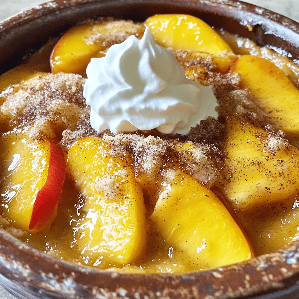 - 4 cups fresh peaches, peeled and sliced - 1 cup granulated sugar - 1 teaspoon vanilla extract - 1 cup all-purpose flour - 1 tablespoon baking powder - 1/2 teaspoon salt - 1 tablespoon lemon juice - 1 cup milk - 1/2 cup unsalted butter, melted - 1 tablespoon brown sugar (for topping) - Whipped cream or vanilla ice cream (for serving) Gathering fresh ingredients is the first step to a great peach cobbler. I love using ripe, juicy peaches. They bring a sweet, natural flavor that makes the dish shine. The granulated sugar helps to enhance that sweetness. A touch of vanilla extract adds depth too. Next, we need the dry ingredients. All-purpose flour gives the cobbler its structure. Baking powder helps it rise and become fluffy. A pinch of salt balances out the sweetness perfectly. Now, let’s talk about the additional ingredients. Lemon juice brightens the flavor of the peaches. Milk makes the batter creamy, while melted butter adds richness. Lastly, a sprinkle of brown sugar on top creates a lovely caramelized crust. For the finishing touch, serve your warm cobbler with whipped cream or vanilla ice cream. It’s a simple and tasty dessert that everyone will love. If you want to see the complete process, check out the Full Recipe. Enjoy your baking! - Preheat the oven to 350°F (175°C). - In a large mixing bowl, combine 4 cups of sliced peaches, 1 cup of granulated sugar, 1 teaspoon of vanilla extract, 1 teaspoon of ground cinnamon, and 1 tablespoon of lemon juice. Toss these ingredients well to coat the peaches and let them sit. - In another bowl, mix together 1 cup of all-purpose flour, 1 tablespoon of baking powder, and 1/2 teaspoon of salt. - Gradually pour in 1 cup of milk and 1/2 cup of melted unsalted butter. Stir the mixture gently until just combined. The batter will be a bit lumpy, which is perfect. - Pour the batter into a greased 9x13 inch baking dish. - Carefully spoon the peach mixture over the batter. Do not stir; let the peaches float on top. - Sprinkle 1 tablespoon of brown sugar over the peaches for a sweet touch. - Bake in your preheated oven for 40-45 minutes. Look for a golden brown top and test with a toothpick; it should come out clean. This simple and tasty dessert is sure to please! For the Full Recipe, refer to the main article above. To make your peach cobbler perfect, avoid overmixing the batter. Overmixing can make it dense. You want that fluffy texture that feels light. After you bake it, let the cobbler cool for 10-15 minutes. This helps the juices settle and makes it easier to serve. A warm serving of cobbler is a treat. I love to serve it with a dollop of whipped cream or a scoop of vanilla ice cream. This adds a nice creaminess that pairs well with the warm peaches. For a fun touch, garnish each bowl with a fresh peach slice or a mint sprig. It makes the dish pop with color and looks fancy too. One big mistake is using unripe peaches. Ripe peaches bring the best flavor to your cobbler. Always check for ripeness before you start. Another issue can be baking times. Ovens can vary quite a bit. So, watch your cobbler closely. Check for doneness by inserting a toothpick. If it comes out clean and the top is golden brown, you’re good to go. {{image_2}} You can easily switch up the fruit in your cobbler. If you don’t have peaches, try using nectarines or berries. Both fruits give a nice flavor. You can also mix peaches with blueberries. This combo adds a burst of color and taste. Want a dairy-free dessert? Use almond milk instead of regular milk. It works great in the batter. If you want a healthier option, replace granulated sugar with coconut sugar. It offers a lovely caramel flavor and is less processed. To make your cobbler unique, add different spices. Nutmeg and ginger work well with peaches. They give a warm, cozy taste. For an adult twist, add a splash of bourbon. It enhances the flavor and adds a fun kick. Enjoy experimenting with these variations to make the recipe your own. For the full recipe, check out [Full Recipe]. Store leftovers in an airtight container in the refrigerator. This keeps the cobbler fresh and tasty. You can enjoy it for up to 3-4 days. Always remember that peach cobbler tastes best when it is fresh! To warm up the cobbler, use the oven or the microwave. If you use the oven, set it to 350°F (175°C) and heat until warm. For a quick option, the microwave works too. When serving, top it with fresh whipped cream or a scoop of ice cream. This adds extra flavor and fun! You can freeze the cobbler before baking or after baking in slices. If you freeze it before baking, prepare it as normal, then wrap it well. When ready to bake, thaw it overnight in the refrigerator. If you freeze it after baking, slice it first. Always thaw overnight before reheating for the best taste. Yes, drain and rinse for best results. Canned peaches can work well, but make sure they are sweet and firm. Fresh peaches give a bright flavor and nice texture, but canned ones save time. A toothpick inserted should come out clean, and the top should be golden brown. It should look bubbly and firm. If it jiggles too much, it needs more time. Substitute all-purpose flour with a gluten-free flour blend. Many blends work well in baking. Just check the blend's instructions for the best results. It lasts about 3-4 days in the refrigerator. Keep it covered to keep it fresh. If you want to enjoy it longer, consider freezing it. Serve warm with whipped cream or vanilla ice cream for extra flavor. The cold cream contrasts nicely with the warm cobbler. You can also add a sprinkle of cinnamon for a fun twist. Full Recipe: Quick & Easy Peach Cobbler Delight This peach cobbler combines fresh ingredients with simple steps for a delicious treat. You learned how to prepare, bake, and serve it perfectly. Remember to use ripe peaches for the best taste. You can also switch up flavors or fruits based on your preference. Store any leftovers properly to enjoy later. A warm slice with ice cream always hits the spot. Happy baking!