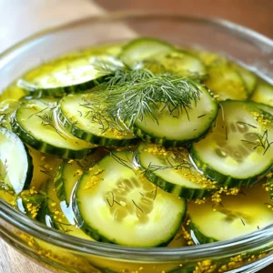 - 4 medium cucumbers, thinly sliced - 1 garlic clove, peeled and smashed - Fresh dill sprigs for garnish - 1 cup white vinegar - 1 cup water - 2 tablespoons sugar - 1 tablespoon salt - 1 teaspoon mustard seeds - 1 teaspoon dill seeds - 1/2 teaspoon red pepper flakes (optional) - Large glass jar or bowl - Medium saucepan - Mandoline or sharp knife Gather these ingredients for your crunchy treat. Fresh cucumbers are key to a crisp bite. The garlic and dill add great flavor. The pickling liquid combines vinegar, water, sugar, salt, and spices. This mix brings out the best in your cucumbers. You will need a large jar or bowl to hold the cucumbers. A medium saucepan helps to heat the pickling liquid. A mandoline or sharp knife will ensure your slices are thin and even. This simple recipe makes it easy for you to enjoy quick pickled cucumbers. You can find the full recipe here. - Wash and trim the cucumbers. - Slice cucumbers thinly using a mandoline or knife. Start by washing your cucumbers under cool water. Make sure to scrub off any dirt. Next, trim both ends of each cucumber. This step helps them absorb the pickling liquid better. I prefer to slice my cucumbers thin, about a quarter-inch thick. You can use a mandoline for even slices or a sharp knife. Thin slices give you that great crunch, which is key in quick pickles. Once sliced, place the cucumbers in a large glass jar or bowl. - Combine vinegar, water, sugar, salt, mustard seeds, dill seeds, garlic, and pepper flakes in a saucepan. - Heat and stir until dissolved, then bring to a simmer. Now, let’s make the pickling liquid. In a medium saucepan, mix one cup of white vinegar with one cup of water. Add two tablespoons of sugar and one tablespoon of salt. Toss in one teaspoon each of mustard seeds and dill seeds. You can add a smashed garlic clove and half a teaspoon of red pepper flakes if you like spice. Heat the mixture over medium heat. Stir until everything dissolves, then let it simmer for a few minutes. This step is crucial as it helps blend the flavors. - Pour hot liquid over cucumbers to submerge. - Cool to room temperature and refrigerate for at least 2 hours, preferably overnight. Once your pickling liquid is ready, carefully pour it over the sliced cucumbers. Make sure all the cucumbers are submerged. If they float, you can use a clean weight to press them down. Let the jar sit at room temperature for about 30 minutes. After that, seal it tightly. Store it in the fridge for at least two hours. For the best taste, let them sit overnight. The flavors will deepen, making your pickled cucumbers even more delicious. Enjoy these crunchy bites as a snack or a side dish! For the complete recipe, check the Full Recipe section. To make your quick pickled cucumbers even tastier, add herbs and spices. Try fresh dill, coriander, or thyme. You can also use a pinch of black pepper or mustard seeds for extra zing. For a sweet twist, add a slice of onion or some sliced jalapeños. To achieve the best crunch, choose firm cucumbers. Look for ones that are dark green and avoid those with soft spots. Slicing them thinly also helps, as it allows the pickling liquid to soak in better. You can serve pickled cucumbers in many ways. They make a great side dish with grilled meats or sandwiches. Try adding them to salads for a refreshing crunch. They also pair well with cheeses, like feta or goat cheese. For a fun snack, mix pickled cucumbers with cream cheese on crackers. You can also use them as a topping for tacos or burgers. If your pickles taste too salty, add a bit of sugar to balance the flavor. You can also dilute them with a bit of water to tone down the saltiness. If your cucumbers turn too soft, check your pickling time. Leaving them in the liquid too long can cause this. For a crunchier texture, try using smaller cucumbers or slicing them thicker. Remember to follow the Full Recipe for the best results! {{image_2}} You can change the taste of quick pickled cucumbers easily. If you like sweet, add more sugar. For a savory kick, cut back on the sugar. You can also play with spice levels. Adding red pepper flakes boosts heat. Start with a pinch and adjust to your taste. This way, your pickles can suit any meal or snack. You don't have to stick to cucumbers. Many veggies can be pickled using the same method. Carrots, radishes, and green beans work well. You can make a mixed vegetable pickle too. Just chop your favorite veggies and follow the same steps. This adds variety to your meals and snacks. Different cultures have unique ways to pickle cucumbers. In Asia, they might use rice vinegar and soy sauce for a tangy flavor. In Europe, dill and garlic are popular choices. Each region adds its twist with spices and vinegars. You can try these global flavors in your own kitchen. It’s a fun way to explore new tastes while making quick pickles. For a full recipe, check out the Full Recipe section! To keep your quick pickled cucumbers fresh, store them in the fridge. Use a glass jar with a tight lid. Make sure the cucumbers are fully submerged in the pickling liquid. This keeps them crisp and flavorful. Avoid using metal containers, as they can react with the vinegar. Always use clean utensils when taking cucumbers out. This prevents germs from getting into the jar. Quick pickled cucumbers last about 2 to 4 weeks in the fridge. They taste best when eaten within the first week. After that, the flavor may change. Look for signs of spoilage, like a bad smell or mold. If the cucumbers are slimy or discolored, it’s time to toss them. You can reuse leftover pickling liquid for new batches. Just strain it to remove any bits of cucumber. Then, add fresh cucumbers for another round of pickling. You can also use the liquid to pickle other veggies, like carrots or radishes. It adds great flavor to salads or sandwiches, too. For more ideas, check out the Full Recipe for tips on different veggies to try! Quick pickled cucumbers last about 1 to 2 weeks in the fridge. Store them in a sealed jar to keep them fresh. After this time, they may lose crunch and flavor. Always look for signs of spoilage, like off smells or mold. You can can cucumbers, but it's different from quick pickling. Canning involves sealing jars in a water bath to store them long-term. Quick pickling is for immediate use. Canned pickles last for months, while quick pickles are best eaten fresh. The best cucumbers for pickling are Kirby cucumbers. They have a thick skin and a crisp texture. Persian cucumbers are also great. They are smaller and sweeter. Avoid regular salad cucumbers as they can be too watery. This article covered how to make quick pickled cucumbers. We explored fresh ingredients, including cucumbers and spices. The process involved preparing the vegetables and making a flavorful pickling liquid. I shared tips for enhancing flavor and serving ideas. Pickling is simple and fun, and you can try many variations. Enjoy your pickles as a tasty side or snack. With practice, you'll master your own unique recipes. Happy pickling!