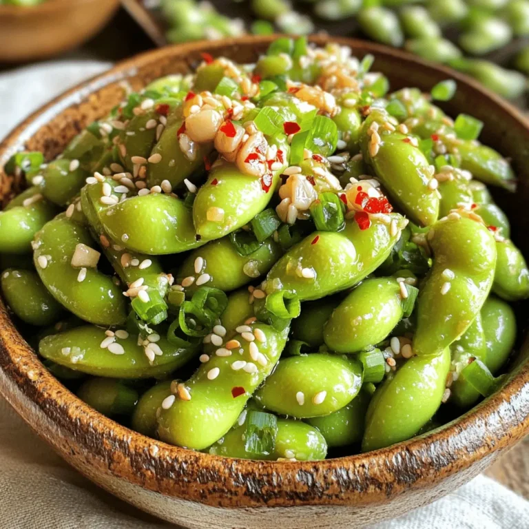 To make this tasty snack, you need: - 2 cups edamame in pods (fresh or frozen) - 2 tablespoons olive oil - 4 cloves garlic, minced - 1 teaspoon red pepper flakes (adjust to taste) - 1 tablespoon soy sauce - 1 teaspoon sesame oil - 1 tablespoon rice vinegar - Salt to taste These ingredients give the edamame its spicy and savory flavor. The garlic adds a nice aroma, while the red pepper flakes bring the heat. You can tweak the taste with these seasonings: - Lime juice for a zesty kick - Ginger for a warm, spicy flavor - Miso paste for added umami - Chili oil for extra spice These additions let you customize the dish to your liking. Don’t be afraid to experiment! For the final touch, try these garnishes: - Chopped green onions for freshness - Toasted sesame seeds for crunch - Cilantro for a burst of color and flavor Garnishing adds visual appeal and enhances the overall taste. It makes the dish more enjoyable and fun to eat. For the full recipe, check out the detailed instructions. To start, you need edamame pods. You can use fresh or frozen pods. If you chose frozen, cook them as the package says. This usually takes about 5 minutes. After cooking, drain the pods and set them aside. This step makes sure your edamame is tender and ready for flavor. In a large skillet, pour in 2 tablespoons of olive oil. Heat it up over medium heat. Once hot, add 4 minced garlic cloves and 1 teaspoon of red pepper flakes. Stir them for about 1-2 minutes. The goal is to make the garlic fragrant and light golden. Be careful not to burn it, as burnt garlic can taste bitter. Now, it’s time to mix in the edamame. Add the cooked pods to the skillet and stir well. You want the edamame to be coated in the garlic oil. Next, drizzle in 1 tablespoon of soy sauce, 1 teaspoon of sesame oil, and 1 tablespoon of rice vinegar. Toss everything together for 2-3 more minutes. This ensures the edamame is hot and full of flavor. Finally, add salt to taste. Once done, transfer the mixture to a serving dish. Top it off with chopped green onions and toasted sesame seeds for a beautiful finish. For the complete recipe, check out the Full Recipe section. To get the best garlic flavor, use fresh garlic. Fresh garlic tastes much better than dried. Mince it finely for a stronger taste. Sauté the garlic until it's just golden. This helps release its natural oils. Don't cook it too long, or it can burn. Burnt garlic tastes bitter, and we want a nice, rich flavor. Spice is personal. Start with one teaspoon of red pepper flakes. You can always add more later. If you like it mild, skip the flakes. For a kick, try two or three teaspoons. Remember, the heat builds over time. Taste as you go, and adjust until it's just right for you. Spicy garlic edamame works great as a snack or appetizer. Serve it warm for the best taste. Pair it with rice or noodles for a full meal. It goes well with sushi or grilled meats too. Add a side of soy sauce for dipping. You can also serve it with a cold drink, like iced tea or beer. Enjoy it with friends or at your next gathering! {{image_2}} You can easily make Spicy Garlic Edamame vegan and gluten-free. The main ingredients are already plant-based. Use tamari instead of soy sauce. Tamari is gluten-free and adds a nice taste. You can also check the rice vinegar label to ensure it's gluten-free. This way, everyone can enjoy this tasty snack! Want to switch up the flavors? Try adding lime juice for a fresh twist. You can also mix in ginger for a zesty kick. Another option is to add a splash of chili oil for extra heat. Experiment with different spices like smoked paprika or cumin. Each choice gives a unique flavor to your edamame! To make your Spicy Garlic Edamame heartier, add cooked protein. You can toss in grilled chicken, shrimp, or even tofu. This addition makes it a great snack or light meal. It will satisfy your hunger while keeping the original flavors. Try these options to make your dish more filling and fun! After enjoying your spicy garlic edamame, store any leftovers in an airtight container. This keeps moisture out and helps maintain freshness. Place the container in the fridge. Use the leftovers within three days for the best taste. To reheat, you can use a skillet or microwave. If using a skillet, add a splash of olive oil over medium heat. Stir until heated through. This method keeps the flavor rich and the texture crisp. If you prefer the microwave, heat in short bursts of 30 seconds. Stir in between to avoid overcooking. If you want to freeze your spicy garlic edamame, it's best to do this before cooking. Blanch the pods in boiling water for two to three minutes, then cool them quickly in ice water. Drain and place them in a freezer-safe bag. Remove as much air as possible to prevent freezer burn. When you're ready to cook them, thaw and sauté as per the Full Recipe. Enjoy your spicy snack later! Edamame is packed with nutrients. One cup of cooked edamame has about: - Protein: 17 grams - Fiber: 8 grams - Fat: 8 grams - Carbohydrates: 14 grams - Vitamins: High in vitamin K and folate - Minerals: Good source of iron and calcium It is also low in calories, making it a great snack. Edamame provides essential amino acids. This makes it a good choice for plant-based diets. Yes, you can prepare Spicy Garlic Edamame ahead of time. Cook it, then cool it down. Store it in an airtight container. It stays fresh in the fridge for up to three days. When you are ready to eat, just reheat it. Use a skillet or microwave. This way, you keep all the great flavors. You can find edamame in the frozen foods section. Look for bags labeled "edamame pods." Many stores also have fresh edamame. Check the produce section. Some Asian markets sell it fresh or frozen. You can even find it in some health food stores. If you don’t see it, just ask a store worker for help. For a complete guide to making this dish, check out the Full Recipe. In this blog post, we explored the vibrant world of Spicy Garlic Edamame. You learned about key ingredients, cooking steps, and tips to enhance flavor. We also discussed variations, storage tips, and common questions. Remember, you can adjust spice levels and mix in proteins to make it your own. This dish is easy, tasty, and perfect for sharing. Enjoy making your spicy garlic edamame!