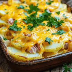 To make a delicious Cheesy Ham and Potato Casserole, you need a few key ingredients. Each one plays an important role in building flavors. Here’s what you will need: - 4 large potatoes, peeled and thinly sliced - 2 cups cooked ham, diced - 1 onion, finely chopped - 2 cups shredded cheddar cheese - 2 cups milk - 1/4 cup all-purpose flour - 3 tablespoons butter - 1 teaspoon garlic powder - 1 teaspoon dried thyme - Salt and pepper to taste - Fresh parsley, chopped for garnish These ingredients blend well to create a warm, creamy dish. The potatoes give a nice base, while the ham adds heartiness. The cheese brings it all together with rich flavor. I like to use sharp cheddar for a bold taste. Fresh parsley adds color and a hint of freshness at the end. Using good quality ingredients can make a big difference. Make sure your ham is fresh and your cheese is of high quality. This will elevate the dish and make it even more enjoyable. You can find the Full Recipe with detailed instructions to create this comforting meal. 1. Preheat your oven to 350°F (175°C). Grease a 9x13-inch baking dish with non-stick spray or butter. 2. In a large saucepan, melt 3 tablespoons of butter over medium heat. Add 1 finely chopped onion and sauté until it looks clear. This takes about 3-4 minutes. 3. Sprinkle 1/4 cup of all-purpose flour over the onions. Stir this mix to create a roux. Cook for an extra 1-2 minutes. 4. Gradually whisk in 2 cups of milk. Make sure there are no lumps. Cook until the mix thickens. This should take about 5-6 minutes. 5. Add 1 teaspoon of garlic powder, 1 teaspoon of dried thyme, salt, and pepper to taste. Stir in 1 1/2 cups of shredded cheddar cheese until it melts and becomes smooth. 1. Start with a layer. Place half of the sliced potatoes in the greased dish. Then add half of the diced ham. 2. Pour half of the cheese sauce over this first layer. Repeat the process with the remaining potatoes, ham, and cheese sauce. 3. Finish by topping the casserole with the remaining 1/2 cup of shredded cheddar cheese. 1. Cover the baking dish with aluminum foil. Bake in your preheated oven for 45 minutes. 2. After 45 minutes, remove the foil. Bake for an additional 15-20 minutes. The potatoes should be soft, and the cheese should bubble and turn golden. 3. Let the casserole cool for a few minutes. Before serving, garnish with chopped parsley for a fresh touch. For the full recipe, check out the details above! To get that perfect melty cheese texture, use good-quality cheddar. Shred it yourself for the best melt. It helps if the cheese is at room temperature before mixing. You can make this casserole ahead of time. Just layer it in the dish and cover it well. Store it in the fridge overnight. Bake it the next day without thawing. Just add an extra 10-15 minutes to the baking time. Ovens can vary in heat. If you notice the top browning too quickly, cover it with foil. If your oven runs cool, you may need to increase the baking time. Always check if the potatoes are tender before serving. If you don’t have ham, turkey or chicken work well too. For a vegetarian option, swap the meat for sautéed mushrooms or spinach. You can use different types of potatoes, like Yukon gold or red potatoes. They will change the flavor but still taste great. If you want a healthier option, sweet potatoes can add a nice twist. For gluten-free needs, use a gluten-free flour blend in place of all-purpose flour. This will help thicken your sauce just like regular flour does. Enjoy experimenting with these ideas! {{image_2}} You can make your Cheesy Ham and Potato Casserole even better. Adding vegetables boosts taste and nutrition. Try broccoli or bell peppers for a fresh twist. Just chop them small so they cook well. You can also spice things up. Adding a pinch of paprika or cayenne gives heat. A sprinkle of Italian herbs can bring a new flavor dimension. Experiment with what you like best. Cheese is key to this dish. Mixing different cheese blends can enhance flavor. Try mozzarella for creaminess or pepper jack for a kick. Each cheese brings something special to the table. Need to change the size of your casserole? It’s easy to halve or double the recipe. If you want fewer servings, just cut all ingredients in half. For more people, double them all. When adjusting, remember the baking dish size. A smaller dish works for halving. A larger one suits doubling. Make sure the casserole layers are even for the best cook. To keep your Cheesy Ham and Potato Casserole fresh, store it in an airtight container. Make sure it cools before sealing it up. This helps keep the flavors intact. In the fridge, your casserole stays good for about 3 to 4 days. If you plan to eat it later, don't forget to label it with the date. Freezing is a great option for long-term storage. To freeze, let the casserole cool completely. Then, wrap it tightly in plastic wrap or foil. Use a freezer-safe container for extra protection. It can last up to 2 to 3 months in the freezer. When you're ready to eat, thaw it in the fridge overnight. For reheating, bake it in a preheated oven at 350°F (175°C) until hot, about 30 to 40 minutes. Enjoy that creamy goodness again! How long does Cheesy Ham and Potato Casserole last? Cheesy Ham and Potato Casserole lasts about 3 to 5 days in the fridge. Store it in an airtight container. This keeps it fresh and tasty. If you freeze it, it can last up to 2 months. Can I make this recipe in advance? Yes, you can make this casserole a day ahead. Just prepare everything, cover it, and leave it in the fridge. Bake it when you’re ready to serve. This saves time and makes meal prep easier. What is the best way to reheat leftover casserole? To reheat, preheat your oven to 350°F (175°C). Cover the casserole with foil to prevent it from drying out. Heat for about 20 minutes or until it's warm throughout. You can also use the microwave for quick heating. Can I use frozen potatoes? Yes, using frozen potatoes works great. Just make sure they are not clumped together. Thaw them before layering in the dish. This helps with even cooking and flavor. Is it possible to make a vegetarian version? Absolutely! You can swap the ham for cooked mushrooms or lentils. Use vegetable broth instead of milk for the sauce. This way, you keep the flavor and texture while making it meat-free. What should I serve with this casserole? This casserole pairs well with a green salad or steamed vegetables. The fresh crunch from the salad balances the richness of the dish. You can also serve it with some crusty bread for a complete meal. How do I ensure the potatoes cook evenly? To ensure even cooking, slice the potatoes thinly and uniformly. Layer them flat in the baking dish. Cover the dish with foil for the first part of baking to trap moisture and heat. This blog post showed how to make a Cheesy Ham and Potato Casserole. We covered the needed ingredients, steps for preparation, and important tips. Remember, you can change the recipe to fit your tastes. Experiment with different cheeses or vegetables. Leftovers can be stored easily for later meals. I encourage you to try this recipe and share it with friends. Enjoy warm bites of comfort that come right from your oven!