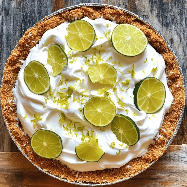 To craft a tasty no bake key lime pie, gather these key items: - 1 ½ cups graham cracker crumbs - ½ cup unsweetened shredded coconut - ⅓ cup sugar - ½ cup unsalted butter, melted - 2 (14 oz) cans sweetened condensed milk - ¾ cup fresh key lime juice (about 15-20 key limes) - 1 tablespoon lime zest (plus extra for garnish) - 1 cup heavy whipping cream - 2 tablespoons powdered sugar - Key lime slices for garnish These ingredients work together to create a creamy and delicious pie. The graham cracker crumbs form a crunchy base. The sweetened condensed milk and key lime juice give it a tangy zing. You can add a twist to your pie with these options: - Fresh mint leaves for garnish - Extra lime zest for a stronger flavor - A dash of vanilla extract for depth - Toasted coconut for added crunch These optional ingredients can enhance your pie's taste. Feel free to mix and match based on your preferences. Using fresh key limes is key to a great pie. They are juicier and more fragrant than regular limes. When picking limes, choose those that feel heavy for their size. This often means they have more juice. Always check the dates on your sweetened condensed milk, too. Fresh ingredients equal great flavor! You can find the full recipe [here](#). To make the crust, grab a large bowl. Mix together the graham cracker crumbs, shredded coconut, sugar, and melted butter. Stir until it looks like wet sand. This mixture should stick together when pressed. Next, take a 9-inch pie dish and firmly press this mixture into the bottom and sides. Make sure it is even and compact. Now, chill the crust in the fridge for at least 30 minutes. This helps it set properly. In a large mixing bowl, combine the sweetened condensed milk, fresh key lime juice, and lime zest. Use a whisk to mix until everything is smooth and well combined. The key lime juice gives the pie its bright flavor. Make sure to use fresh juice for the best taste. In a separate bowl, whip the heavy cream with an electric mixer. Start on medium speed until soft peaks form. Slowly add the powdered sugar while continuing to whip. Keep going until you see stiff peaks. This means the cream is ready. Now, gently fold the whipped cream into the lime mixture. Be careful not to deflate the cream; you want to keep it light and fluffy. Pour the creamy lime filling into your chilled graham cracker crust. Smooth out the top with a spatula. Once it looks nice, cover the pie and refrigerate for at least 4 hours. This will help it firm up. After chilling, the pie will be ready for slicing. You can garnish it with extra lime zest and key lime slices for a lovely touch. Enjoy your delightful no-bake pie! If you want the detailed process, check the Full Recipe. To get great whipped cream, start with cold tools. Chill your mixing bowl and beaters. Use heavy cream for the best texture. Whip the cream on medium speed until soft peaks form. Then, add powdered sugar slowly. Keep whipping until you see stiff peaks. This step gives your pie a nice, fluffy feel. A soggy crust can ruin your pie. To avoid this, chill your crust before adding the filling. Use melted butter to bind the crumbs well. Press the mixture tightly into the pie dish. Bake the crust for 10 minutes at 350°F if you want extra crunch. Let it cool before adding the lime filling. To boost the key lime flavor, use fresh juice. Freshly squeezed juice makes a big difference. Try adding more lime zest for a bolder taste. You can also add a pinch of salt to balance the flavors. If you like it sweeter, adjust the sugar to your taste. These tips will help you create a pie that pops with flavor. If you want the full recipe, click here. {{image_2}} To add a tropical twist, try the coconut-key lime variation. Simply mix ½ cup of unsweetened shredded coconut into your crust. You can also fold in ½ cup of shredded coconut into the filling. This extra coconut enhances the pie's texture and flavor. It makes every bite feel like a sunny beach day. For those who avoid gluten, making a gluten-free key lime pie is easy. Use gluten-free graham crackers for the crust. There are many brands that make tasty gluten-free options. You can crush them and follow the same steps for the crust. This way, everyone can enjoy this delightful dessert. Fruits make this pie even more special. You can add fresh fruit on top after chilling. Slices of strawberries, kiwi, or blueberries work great. They add color and taste. You can also make a fruit compote by cooking down your favorite fruit. Drizzle this over the pie before serving for a lovely touch. Want to explore more? Check out the Full Recipe for all the details! To keep your no bake key lime pie fresh, store it in the fridge. Use an airtight container or cover it with plastic wrap. This prevents drying out and keeps flavors intact. Make sure the pie is fully set before covering it. If you don’t have a container, use a plate on top. This also protects it from any strong smells in the fridge. When stored properly, the pie lasts about 3 to 4 days in the fridge. I recommend enjoying it within this time for the best taste and texture. After day four, the crust may become soggy. If you notice any change in smell or color, it’s best to toss it. You can freeze the pie if you have leftovers. First, let it set in the fridge for a few hours. Then, slice it into portions. Wrap each piece tightly in plastic wrap. Place the wrapped slices in a freezer-safe bag or container. This way, you can enjoy it later! It lasts about 1 to 2 months in the freezer. To eat, thaw it in the fridge for a few hours or overnight. Enjoy every bite of your delightful key lime pie again! For the full recipe, check the earlier section. Key limes are smaller and rounder than regular limes. They have a thinner skin and a more intense flavor. Their juice is sweeter and more aromatic. This unique taste makes Key limes perfect for desserts like pie. Yes, you can use bottled key lime juice. However, fresh juice offers better flavor. Bottled juice may lack the bright taste that fresh Key limes provide. If you want the best results, I recommend using fresh juice. To make your key lime pie firmer, add more lime juice and zest. You can also chill it for longer. If you want a thicker filling, consider adding a bit of gelatin to the mixture. Absolutely! You can make this pie a day or two ahead. Just store it in the fridge. This will allow the flavors to blend and the filling to set better. You can serve this pie with whipped cream on top. Add some lime slices or zest for decoration. Fresh berries also make a great topping. They add color and a sweet contrast to the tart pie. You can find the full recipe for this delightful No Bake Key Lime Pie in the recipe section above. You learned how to make a tasty No Bake Key Lime Pie. We covered essential and optional ingredients, along with tips for the best results. You also explored variations and storage ideas to keep it fresh. Remember, using quality ingredients makes a big difference. Try customizing your pie to match your taste. Enjoy sharing this sweet treat with friends and family!