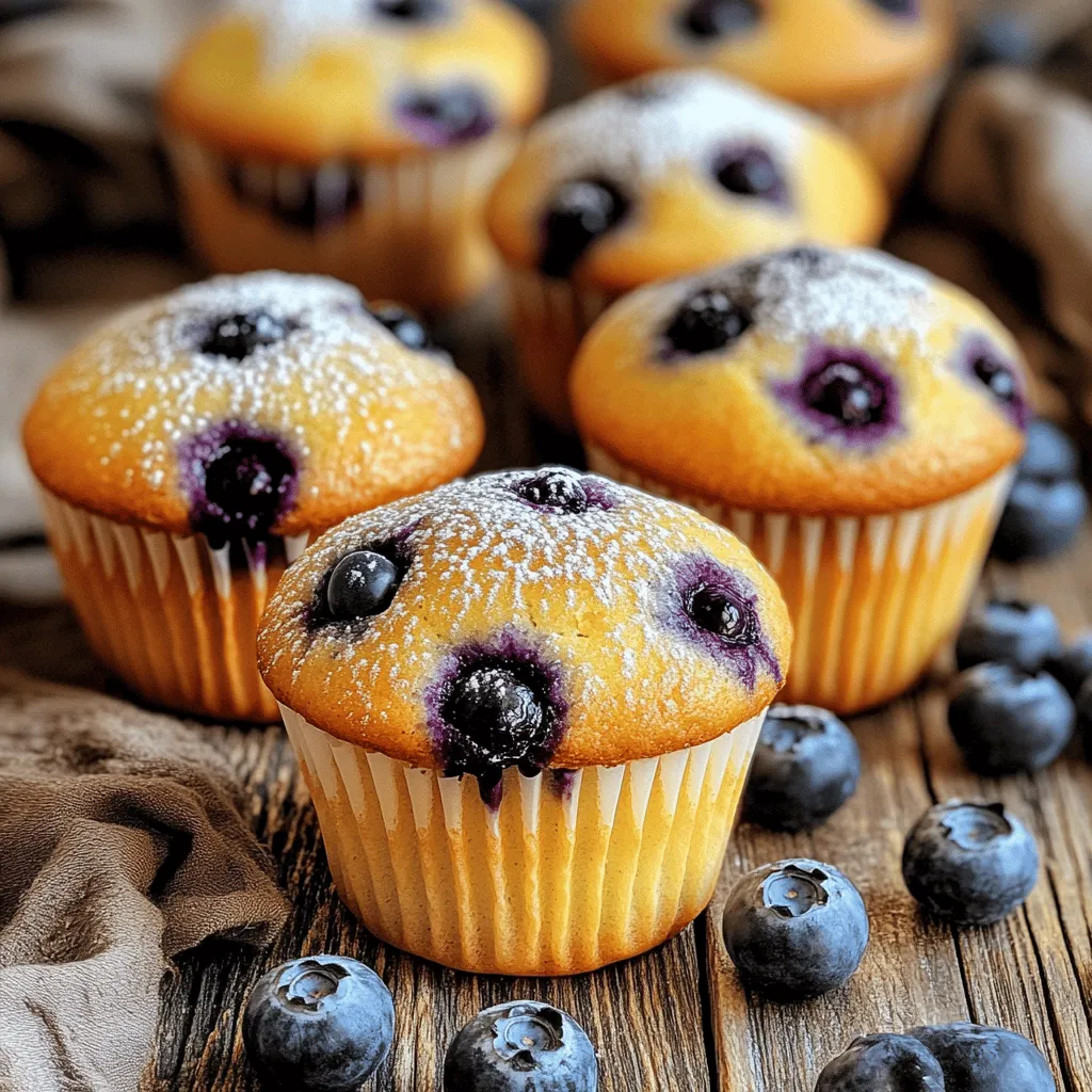 - 2 cups all-purpose flour - 1 cup granulated sugar - 1 tablespoon baking powder - 1/2 teaspoon baking soda - 1/2 teaspoon salt - 1/2 cup unsalted butter, melted and cooled - 1 large egg - 1 teaspoon vanilla extract - 1 cup buttermilk (or substitute with milk + lemon juice) - 1 1/2 cups fresh blueberries (or frozen) - Zest of 1 lemon (for flavor enhancement) Gathering the right ingredients is key to making classic blueberry muffins. Here’s what you need to create these tender and flavorful treats. First, you need all-purpose flour, which gives muffins their structure. Granulated sugar adds sweetness. Baking powder and baking soda help the muffins rise. Salt brings out all the flavors. Next, we use unsalted butter. It adds richness and moisture. You will also need one large egg, which binds everything together. Vanilla extract enhances the overall taste. Buttermilk is essential for that soft texture. If you don’t have buttermilk, mix milk with lemon juice. Finally, the star ingredient: blueberries! Fresh ones taste best, but frozen work too. Don’t forget the lemon zest. It brightens the flavor and makes your muffins pop! - Alternatives for buttermilk: You can use regular milk mixed with lemon juice. It mimics the tanginess of buttermilk. - Gluten-free flour options: Substitute all-purpose flour with a gluten-free blend for those with gluten sensitivities. - Dairy-free butter alternatives: Use coconut oil or vegan butter if you want dairy-free muffins. These substitutions ensure everyone can enjoy these delightful muffins! For the full recipe, check out the detailed instructions. 1. Preheat the oven: Start by preheating your oven to 375°F (190°C). This step ensures even baking for your muffins. 2. Mixing dry ingredients: In a large bowl, combine the dry ingredients. Whisk together 2 cups of all-purpose flour, 1 cup of granulated sugar, 1 tablespoon of baking powder, 1/2 teaspoon of baking soda, and 1/2 teaspoon of salt. Make sure they blend well. 3. Combining wet ingredients: In another bowl, mix the wet ingredients. Combine 1/2 cup of melted and cooled unsalted butter, 1 large egg, 1 teaspoon of vanilla extract, and 1 cup of buttermilk. If you don’t have buttermilk, mix 1 cup of milk with 1 tablespoon of lemon juice. Add the zest of 1 lemon for a fresh taste. 1. Pouring batter into muffin tin: Pour the wet mixture into the dry mixture. Stir gently until just combined. It's okay if there are a few lumps. Next, fold in 1 1/2 cups of blueberries. Be gentle so you don’t crush them. Divide the batter evenly into a lined muffin tin, filling each cup about two-thirds full. 2. Baking time and temperature: Place the muffin tin in the oven and bake for 18 to 22 minutes. The muffins are done when a toothpick inserted in the center comes out clean or with a few crumbs. 3. Tips for checking doneness: To check if your muffins are ready, look for a golden-brown top. They should spring back when lightly touched. If you’re unsure, the toothpick test is the best way to guarantee they’re baked through. You can find the full recipe above for more details. Enjoy baking these classic blueberry muffins! To make great blueberry muffins, focus on texture. First, avoid overmixing. When mixing the wet and dry ingredients, stir gently. Small lumps are just fine. Overmixing makes the muffins tough. Next, use accurate measurements. Too much flour can make muffins dry. Use a kitchen scale for precise results. If you don’t have one, spoon flour into a measuring cup and level it off. This helps keep your muffins light and fluffy. You can boost flavor with spices. Try adding a pinch of cinnamon or nutmeg. These spices pair well with blueberries and add warmth. Also, consider different extracts. Almond extract gives a nutty flavor. Lemon extract brightens the muffins. Just a teaspoon can make a big difference. Experiment to find your favorite combo! Serving matters. Present muffins warm for the best taste. Dust them lightly with powdered sugar. This adds a nice touch. You can also add garnishes. Serve muffins alongside fresh blueberries. A drizzle of honey or maple syrup enhances the look and taste. For a fancy touch, place muffins on a cute plate. For the full recipe, check out the details above. Happy baking! {{image_2}} You can switch up the classic blueberry muffin recipe easily. One fun option is lemon blueberry muffins. Just add lemon zest and a bit of lemon juice to the batter. This adds a bright and fresh taste. Another tasty choice is chocolate chip blueberry muffins. Simply fold in some chocolate chips with the blueberries. The mix of flavors is so delightful. If you follow a vegan diet, you can make vegan blueberry muffins. Use plant-based milk instead of buttermilk. Replace the egg with a flaxseed meal or applesauce. This way, you can enjoy muffins without animal products. For those who want to cut sugar, try low-sugar blueberry muffins. Use a sugar alternative like stevia or monk fruit sweetener for a healthier twist. Seasonal fruits can make your muffins even better. In summer, add fresh peaches or strawberries. These fruits pair well with blueberries and add a new taste. In fall, consider adding diced apples or pears. Each season brings new flavors to explore, making every batch unique and fun. To keep your blueberry muffins fresh, store them in an airtight container. This helps seal in moisture. Place a piece of bread in the container to help keep them soft. You can store muffins at room temperature for up to two days. For longer storage, refrigeration is an option. However, it may dry them out. If you want to freeze muffins, wrap each one in plastic wrap. Then, place them in a freezer bag. This will keep them safe for about three months. Blueberry muffins last about two days at room temperature. If stored in the fridge, they can last up to a week. Check for signs of spoilage. Look for mold or an off smell. If the muffins feel dry or hard, they are likely past their prime. Always trust your senses. If something seems off, it’s best to toss them. For a delicious treat, enjoy your muffins fresh or warmed up with a pat of butter! Can I use frozen blueberries? Yes, you can use frozen blueberries. Just toss them in flour before adding to the batter. This helps prevent them from sinking. Frozen berries work well in muffins and keep the batter cool. Why are my muffins dense? Dense muffins happen for a few reasons. Overmixing the batter can create too much gluten. Also, if you add too much flour or not enough leavening agent, that can cause density. Always measure flour correctly. How to make muffins moist? To keep muffins moist, use buttermilk or yogurt. These ingredients add creaminess. Also, don't overbake them. Pull the muffins out when a toothpick has a few moist crumbs. Can I substitute the egg in this recipe? Yes, you can. Use a flaxseed meal or applesauce as an egg substitute. Mix 1 tablespoon of flaxseed with 2.5 tablespoons of water. Let it sit until thickened. What type of flour is best for muffins? All-purpose flour works best for blueberry muffins. It gives a good balance of texture and rise. You can also try whole wheat flour for a different flavor and added nutrients. Should I line the muffin tin? Yes, lining the muffin tin helps muffins release easily. You can use paper liners or grease the tin with butter or non-stick spray. This ensures a clean removal. What is the best way to fold in blueberries? Gently fold in blueberries using a spatula. Start from the bottom and lift the batter over the berries. This keeps the berries whole and prevents them from breaking. For the full recipe, please refer to the instructions above. This blog post covered how to make blueberry muffins from scratch. We explored ingredients, substitutes, and step-by-step instructions to create the perfect muffin. You learned helpful tips for texture and flavor enhancement. Variations allowed for creativity while storage info ensures freshness. Remember, making great muffins is about fun and experimenting. Enjoy baking and tasting your delicious treats!