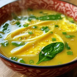 - 4 cups chicken broth (or vegetable broth for vegetarian option) - 1 tablespoon fresh ginger, grated - 2 green onions, finely chopped (plus extra for garnish) - 2 large eggs, beaten - 2 tablespoons cornstarch - 3 tablespoons water - Salt and pepper to taste - Sesame oil, for drizzling - Optional: A handful of fresh spinach or kale To make Easy Egg Drop Soup, you need simple, fresh ingredients. Start with chicken or vegetable broth for a warm base. Fresh ginger adds a nice zing. Green onions give it a bright flavor. The eggs will create those lovely silky ribbons in the soup. Cornstarch and water help thicken it slightly. Don’t forget salt and pepper for seasoning, along with a drizzle of sesame oil for depth. If you want, toss in some fresh spinach or kale for added nutrition. This recipe is not just quick; it’s also flexible. You can mix and match based on what you have on hand. For the full recipe, check out the details provided above. 1. First, grab a medium pot. Pour in 4 cups of chicken or vegetable broth. 2. Heat the broth over medium heat. Add 1 tablespoon of grated ginger. 3. Bring this mix to a gentle boil. Now it’s time for the next step! 4. In a small bowl, mix 2 tablespoons of cornstarch with 3 tablespoons of water. Stir until smooth. 5. Slowly whisk this mix into the boiling broth. This will help thicken the soup. 6. Let the broth simmer for about 5 minutes. Season with salt and pepper to taste. 1. If you want extra greens, add a handful of fresh spinach or kale. Let it wilt for a minute. 2. Next, reduce the heat to low. Slowly drizzle in the beaten eggs while stirring gently. 3. This creates silky ribbons of egg in the soup. Watch as they swirl beautifully! 1. Once the eggs are mixed in, remove the pot from heat. 2. Stir in 2 finely chopped green onions for added flavor. 3. Drizzle a few drops of sesame oil on top. This gives a nice finish to your soup. 4. Serve hot and enjoy your warm bowl of Easy Egg Drop Soup! For the complete recipe, check out the [Full Recipe]. To bring more flavor to your egg drop soup, try adding spices. A pinch of white pepper can add warmth. You can also mix in a dash of chili oil for some heat. Fresh herbs like cilantro or parsley can brighten the soup. If you want deeper flavor, use low-sodium chicken broth. For a vegetarian option, vegetable broth works well too. You might even try adding a splash of soy sauce for umami. When you add eggs, whisk them gently in a circular motion. This helps create lovely ribbons in your soup. If you pour too quickly, you could end up with clumps. For the right thickness, add cornstarch slowly. If your soup seems too thick, just add a bit more broth. No need to worry; you can always adjust the thickness as you cook. Egg drop soup is best served hot. A simple bowl works fine, but a nice china bowl can elevate the meal. Add extra green onions on top for a burst of color. You can also serve it with crispy wontons or rice. For a full meal, pair it with a light salad or some steamed dumplings. This adds both taste and texture to your meal. {{image_2}} For a vegetarian egg drop soup, use vegetable broth instead of chicken broth. This choice keeps the flavor light and fresh. If you want a vegan option, consider using silken tofu or chickpea flour mixed with water as an egg substitute. Silken tofu gives a creamy texture, while chickpea flour creates a similar consistency to eggs. If you want to make your soup heartier, add shredded chicken or tofu. Shredded chicken brings a nice protein boost, making the soup filling. Tofu is a great choice for a plant-based meal and absorbs the broth's flavors. For seafood lovers, try adding shrimp or crab. These ingredients bring a new taste and texture to the dish. To enhance the taste, you can add Asian-inspired flavors. A splash of soy sauce or a sprinkle of sesame seeds will elevate the soup. If you like spice, consider adding chili oil or red pepper flakes. These options give the soup a warm kick, making it exciting and flavorful. Store your egg drop soup in the fridge. Use an airtight container to keep it fresh. Let the soup cool before sealing the container. This helps avoid extra moisture. You can keep it in the fridge for up to three days. Reheat your soup gently on the stove. Use low heat to avoid overcooking the eggs. Stir the soup often to keep the texture smooth. You can also use the microwave, but do it in short bursts. Stir in between to ensure even heating. You can freeze egg drop soup, but it may change texture. To freeze, let it cool completely. Pour it into a freezer-safe container, leaving space for expansion. It can last for up to three months. When ready to eat, thaw it in the fridge overnight. Reheat gently to restore its flavor. Egg drop soup can last about 3 to 4 days in the fridge. Store it in an airtight container. If you see any signs of spoilage, like a sour smell or mold, do not eat it. Always check the soup before you eat it again. Yes, you can use egg substitutes if you have an egg allergy. Silken tofu works well to mimic the texture of eggs. You can also try flaxseed meal mixed with water. Another option is to use commercial egg replacers. Each substitute can change the final taste, so pick one that you like best. Egg drop soup pairs well with many dishes. Try serving it with steamed rice or dumplings for a hearty meal. You can also add a fresh salad or some spring rolls. These options will make your meal more complete and tasty. You can make egg drop soup easily with basic ingredients like broth, eggs, and ginger. Follow the steps for adding flavors and egg ribbons for a perfect texture. Don’t forget to try variations for different diets, and enjoy your delicious soup with the right sides. Store leftovers properly to keep them fresh. With this guide, you can impress your family and friends with your cooking skills. Enjoy creating your own bowls of comfort!
