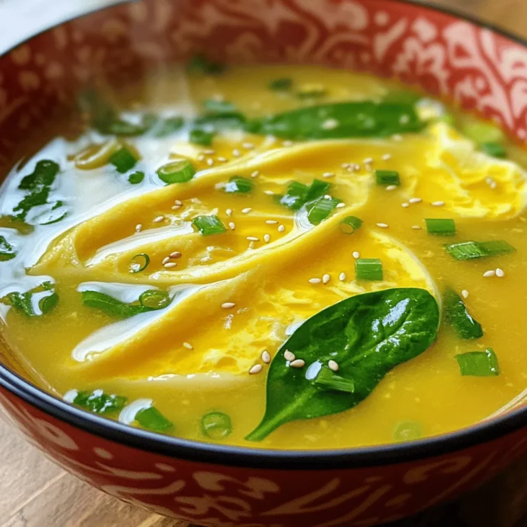 - 4 cups chicken broth (or vegetable broth for vegetarian option) - 1 tablespoon fresh ginger, grated - 2 green onions, finely chopped (plus extra for garnish) - 2 large eggs, beaten - 2 tablespoons cornstarch - 3 tablespoons water - Salt and pepper to taste - Sesame oil, for drizzling - Optional: A handful of fresh spinach or kale To make Easy Egg Drop Soup, you need simple, fresh ingredients. Start with chicken or vegetable broth for a warm base. Fresh ginger adds a nice zing. Green onions give it a bright flavor. The eggs will create those lovely silky ribbons in the soup. Cornstarch and water help thicken it slightly. Don’t forget salt and pepper for seasoning, along with a drizzle of sesame oil for depth. If you want, toss in some fresh spinach or kale for added nutrition. This recipe is not just quick; it’s also flexible. You can mix and match based on what you have on hand. For the full recipe, check out the details provided above. 1. First, grab a medium pot. Pour in 4 cups of chicken or vegetable broth. 2. Heat the broth over medium heat. Add 1 tablespoon of grated ginger. 3. Bring this mix to a gentle boil. Now it’s time for the next step! 4. In a small bowl, mix 2 tablespoons of cornstarch with 3 tablespoons of water. Stir until smooth. 5. Slowly whisk this mix into the boiling broth. This will help thicken the soup. 6. Let the broth simmer for about 5 minutes. Season with salt and pepper to taste. 1. If you want extra greens, add a handful of fresh spinach or kale. Let it wilt for a minute. 2. Next, reduce the heat to low. Slowly drizzle in the beaten eggs while stirring gently. 3. This creates silky ribbons of egg in the soup. Watch as they swirl beautifully! 1. Once the eggs are mixed in, remove the pot from heat. 2. Stir in 2 finely chopped green onions for added flavor. 3. Drizzle a few drops of sesame oil on top. This gives a nice finish to your soup. 4. Serve hot and enjoy your warm bowl of Easy Egg Drop Soup! For the complete recipe, check out the [Full Recipe]. To bring more flavor to your egg drop soup, try adding spices. A pinch of white pepper can add warmth. You can also mix in a dash of chili oil for some heat. Fresh herbs like cilantro or parsley can brighten the soup. If you want deeper flavor, use low-sodium chicken broth. For a vegetarian option, vegetable broth works well too. You might even try adding a splash of soy sauce for umami. When you add eggs, whisk them gently in a circular motion. This helps create lovely ribbons in your soup. If you pour too quickly, you could end up with clumps. For the right thickness, add cornstarch slowly. If your soup seems too thick, just add a bit more broth. No need to worry; you can always adjust the thickness as you cook. Egg drop soup is best served hot. A simple bowl works fine, but a nice china bowl can elevate the meal. Add extra green onions on top for a burst of color. You can also serve it with crispy wontons or rice. For a full meal, pair it with a light salad or some steamed dumplings. This adds both taste and texture to your meal. {{image_2}} For a vegetarian egg drop soup, use vegetable broth instead of chicken broth. This choice keeps the flavor light and fresh. If you want a vegan option, consider using silken tofu or chickpea flour mixed with water as an egg substitute. Silken tofu gives a creamy texture, while chickpea flour creates a similar consistency to eggs. If you want to make your soup heartier, add shredded chicken or tofu. Shredded chicken brings a nice protein boost, making the soup filling. Tofu is a great choice for a plant-based meal and absorbs the broth's flavors. For seafood lovers, try adding shrimp or crab. These ingredients bring a new taste and texture to the dish. To enhance the taste, you can add Asian-inspired flavors. A splash of soy sauce or a sprinkle of sesame seeds will elevate the soup. If you like spice, consider adding chili oil or red pepper flakes. These options give the soup a warm kick, making it exciting and flavorful. Store your egg drop soup in the fridge. Use an airtight container to keep it fresh. Let the soup cool before sealing the container. This helps avoid extra moisture. You can keep it in the fridge for up to three days. Reheat your soup gently on the stove. Use low heat to avoid overcooking the eggs. Stir the soup often to keep the texture smooth. You can also use the microwave, but do it in short bursts. Stir in between to ensure even heating. You can freeze egg drop soup, but it may change texture. To freeze, let it cool completely. Pour it into a freezer-safe container, leaving space for expansion. It can last for up to three months. When ready to eat, thaw it in the fridge overnight. Reheat gently to restore its flavor. Egg drop soup can last about 3 to 4 days in the fridge. Store it in an airtight container. If you see any signs of spoilage, like a sour smell or mold, do not eat it. Always check the soup before you eat it again. Yes, you can use egg substitutes if you have an egg allergy. Silken tofu works well to mimic the texture of eggs. You can also try flaxseed meal mixed with water. Another option is to use commercial egg replacers. Each substitute can change the final taste, so pick one that you like best. Egg drop soup pairs well with many dishes. Try serving it with steamed rice or dumplings for a hearty meal. You can also add a fresh salad or some spring rolls. These options will make your meal more complete and tasty. You can make egg drop soup easily with basic ingredients like broth, eggs, and ginger. Follow the steps for adding flavors and egg ribbons for a perfect texture. Don’t forget to try variations for different diets, and enjoy your delicious soup with the right sides. Store leftovers properly to keep them fresh. With this guide, you can impress your family and friends with your cooking skills. Enjoy creating your own bowls of comfort!