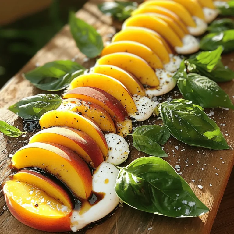 To make a Peach Caprese Salad, you need simple and fresh ingredients that shine on their own. Here’s the list of what you’ll need: - Fresh peaches - Mozzarella cheese - Fresh basil leaves - Balsamic glaze - Extra virgin olive oil - Seasoning (salt and black pepper) Each ingredient plays a key role in this salad. Fresh peaches bring sweetness and juice. Mozzarella cheese adds creaminess. Basil leaves give a fragrant touch. Balsamic glaze brings a tangy flavor, while olive oil adds richness. Salt and pepper enhance all the tastes. When you choose your peaches, pick ripe ones for the best flavor. The mozzarella should be fresh and soft. This salad is easy to make and perfect for any meal. You can find the full recipe to guide you through the steps. 1. Washing and slicing peaches: First, wash the peaches under cold water. This removes dirt and chemicals. Pat them dry with a towel. Cut each peach in half and remove the pit. Slice the peaches into even wedges. Aim for about 1/4 inch thick slices. This size will help them layer nicely. 2. Slicing mozzarella cheese: Next, take the fresh mozzarella cheese. Slice it into rounds. Make sure your slices match the thickness of the peach slices. This helps create a balanced look on the plate. 3. Layering peaches and mozzarella: Now, grab a large serving platter. Start by placing the peach slices on the platter. Alternate each peach slice with a mozzarella slice. This creates a lovely pattern. Keep going until you fill the platter. 4. Adding basil leaves: After layering, take fresh basil leaves. Tuck them between the peach and mozzarella layers. This adds a pop of green and enhances the flavor. Make sure to use whole leaves for the best look. 5. Drizzling with balsamic glaze and olive oil: With the salad layered, it’s time for dressing. Drizzle the balsamic glaze evenly over the salad. Next, add the extra virgin olive oil. This gives richness and depth to the flavors. 6. Seasoning and allowing to rest: Season the salad with salt and freshly cracked black pepper. This will boost the taste of the peaches and cheese. Let the salad sit for about 5 minutes. This helps the flavors meld together beautifully. For the full recipe, refer to the earlier section, and enjoy making this Peach Caprese salad! To make a great Peach Caprese salad, you need ripe peaches. Ripe peaches feel slightly soft and smell sweet. Unripe peaches are hard and lack flavor. I suggest checking your peaches at the store. Look for a mix of colors, like yellow and red. Summer is the best time to find juicy peaches. This is when they are in season and taste their sweetest. For the best layers, aim for equal amounts of peach and mozzarella. I like to use three peach slices per every four mozzarella slices. This balance makes each bite delicious. Make sure to slice them evenly. This helps the salad look nice and taste great. Arrange the slices in a circle on your serving platter. It creates a lovely visual effect. Place fresh basil leaves between the layers. This adds color and a nice herbal taste. Use a big wooden board or a colorful platter to serve your salad. This makes it look more inviting. You can slice the salad into smaller portions for easy serving. Consider pairing it with grilled chicken or a light soup. These dishes complement the salad well. You can also serve it with a fruity drink. A refreshing lemonade or iced tea goes perfectly with your meal. {{image_2}} You can give your Peach Caprese Salad a twist by adding nuts. Pine nuts add a nice crunch. Walnuts offer a rich flavor that pairs well with peaches. You can sprinkle them on top or mix them in. Another exciting option is to change the cheese. Feta brings a tangy taste that contrasts the sweet peaches. Burrata offers a creamy texture that can make every bite feel luxurious. Try both and see which one you like best! You can also adjust the ingredients based on what is fresh. In summer, use ripe peaches for sweetness. In winter, consider roasted fruits like pears or apples. Roasting brings out their natural sugars and adds warmth to the salad. Experiment with seasonal herbs too! In fall, thyme or sage can add a cozy feel. In spring, fresh mint can give your salad a bright taste. You can always adapt this dish to fit the season and your taste! For the full recipe, check out the Peach Caprese Salad 🥗 section. To keep your Peach Caprese Salad fresh, store it in the fridge. Place leftovers in an airtight container. This helps keep the flavors intact and prevents browning. The salad stays good for about two days. After that, the peaches may get mushy, and the cheese might dry out. If you have leftover peaches or mozzarella, don’t toss them! You can use them in fun ways. Try making a peach smoothie by blending peaches with yogurt and a bit of honey. For mozzarella, consider adding it to pasta. Toss cooked pasta with olive oil, leftover mozzarella, and any fresh herbs you have. You can also add salad leftovers to a grain bowl. Mix with quinoa, some greens, and a splash of balsamic glaze for a tasty meal. A Peach Caprese Salad is a fresh dish that combines sweet peaches with creamy mozzarella. The key ingredients are: - 3 ripe peaches, sliced - 8 ounces fresh mozzarella cheese, sliced - 1 cup fresh basil leaves - 2 tablespoons balsamic glaze - 2 tablespoons extra virgin olive oil - Salt and freshly cracked black pepper This salad is colorful and delicious. The peaches add a sweet touch, while the mozzarella provides creaminess. Fresh basil gives it a lovely aroma. Drizzling balsamic glaze and olive oil enhances the flavors. Yes, you can prepare parts of this salad ahead of time. Here are some tips: - Slice the peaches and mozzarella a few hours before serving. - Keep the slices in the fridge, covered, to stay fresh. - Wait to add the basil, balsamic glaze, and olive oil until just before serving. This way, the salad stays crisp and tasty. Pair this salad with light drinks and side dishes. Here are some suggestions: - Beverages: A crisp white wine like Sauvignon Blanc or a refreshing lemonade. - Side Dishes: Grilled chicken, crusty bread, or a light pasta dish. These pairings enhance the salad's fresh flavors and make a complete meal. Yes, you can easily customize this recipe. Here are some alternatives: - Gluten-Free: This salad is naturally gluten-free. Just avoid bread. - Vegan: Use a plant-based cheese instead of mozzarella. You can also skip the cheese entirely and add more peaches. These swaps let everyone enjoy this tasty salad. This blog post shared the fresh and tasty Peach Caprese Salad. We explored key ingredients like peaches and mozzarella. You learned the steps for preparation and assembly, along with some tips for the best results. Variations show how to twist the recipe. Storage information helps you keep leftovers fresh. This salad is easy and fun to make. Enjoy it at your next meal or gathering. Your taste buds will thank you!