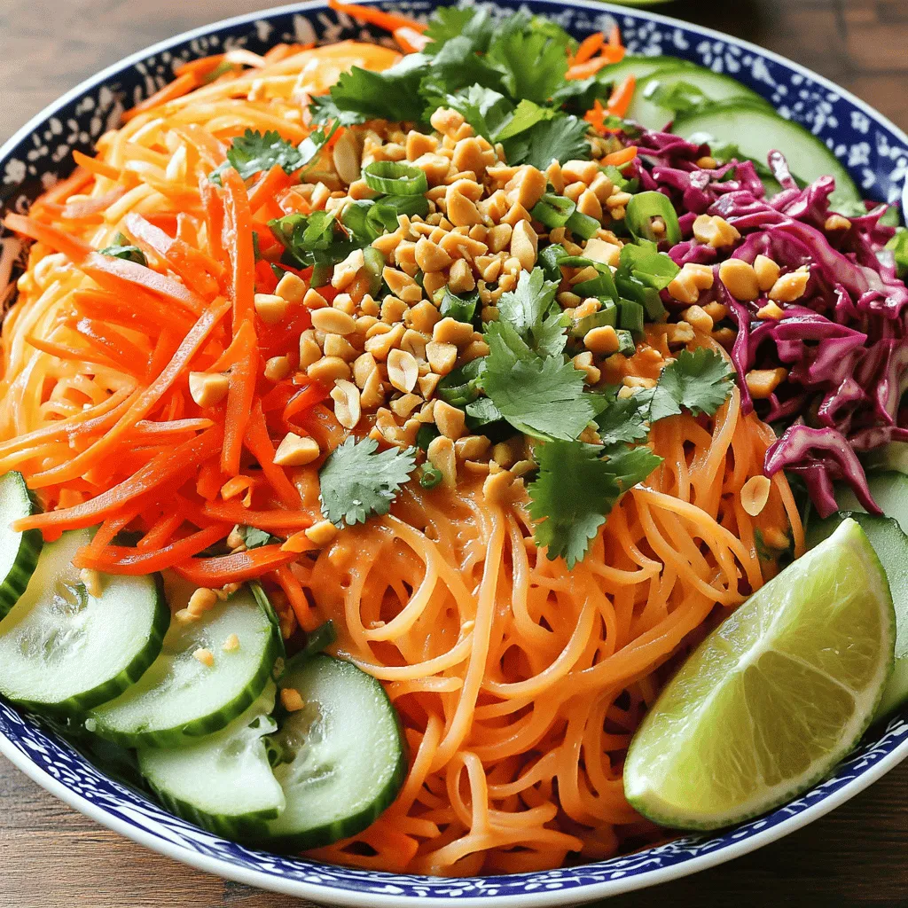 For a bright and tasty Spicy Thai Noodle Salad, gather these fresh ingredients: - 8 oz rice noodles - 1 cup shredded carrots - 1 cup cucumber, thinly sliced - 1 red bell pepper, julienned - 1 cup red cabbage, shredded - 1/4 cup fresh cilantro, chopped - 1/4 cup green onions, chopped - 1/2 cup unsalted roasted peanuts, roughly chopped - 1/4 cup soy sauce (or tamari for gluten-free) - 3 tablespoons lime juice - 2 tablespoons sesame oil - 1 tablespoon brown sugar - 1-2 tablespoons Sriracha sauce (adjust for desired heat) - Salt and pepper, to taste These ingredients create a mix of colors and flavors. Rice noodles form the base of the salad. They soak up the tasty dressing well. Fresh veggies add crunch and nutrients. Carrots and cucumbers bring a nice sweetness. Red bell pepper and red cabbage give it a pop of color. Cilantro and green onions add fresh herbs that lift the dish. Peanuts give a satisfying crunch. The dressing combines soy sauce, lime juice, sesame oil, and brown sugar. This mix balances salty, sour, and sweet flavors. Sriracha adds the spice. You can adjust the heat to fit your taste. For a detailed guide on how to prepare this dish, check the Full Recipe. To start, cook the rice noodles. Follow the package instructions for the best results. After cooking, drain and rinse the noodles with cold water. This stops the cooking and keeps them from getting mushy. Set them aside to cool completely. Next, let’s whip up the dressing. In a small bowl, combine soy sauce, lime juice, sesame oil, brown sugar, and Sriracha. Use a whisk to mix everything well. You can adjust the Sriracha based on how spicy you like it. Taste it to find your perfect heat level! Now, grab a large mixing bowl. Add the shredded carrots, sliced cucumber, julienned red bell pepper, and shredded red cabbage. Toss the veggies together gently. This mix will add color and crunch to your salad! It’s time to bring everything together. Add the cooled rice noodles to the veggie mixture. Pour the dressing over the top. Toss everything gently to coat the noodles and veggies evenly. You want every bite to be full of flavor! Next, stir in the chopped cilantro and green onions. They add a fresh taste and vibrant color. Season with salt and pepper to your liking. Mix it well for a balanced flavor profile. For a great presentation, serve this salad in a large bowl. Just before serving, top it with chopped peanuts for a nice crunch. You can also add extra cilantro and lime wedges on the side for a pop of color and zest. Enjoy this dish fresh for the best taste! To cook rice noodles well, follow these steps: - Boil water in a large pot. - Add the rice noodles, stir them gently. - Cook for 4-6 minutes, or until soft. - Drain and rinse under cold water to stop cooking. This keeps them from sticking together. I often use a splash of oil to help, too. Not everyone loves heat, and that’s okay! You can adjust the spice in your salad. Start with one tablespoon of Sriracha. Taste, then add more if you want it spicier. You can also use sweet chili sauce for a milder kick. Want to make this salad even better? Add some fun extras! Try: - Sliced bell peppers for crunch. - Avocado for creaminess. - Roasted sesame seeds for a nutty flavor. These additions can make your salad more exciting. Don't shy away from experimenting and finding your favorite mix! For the full recipe, check out the details above. {{image_2}} You can make this salad even better with added protein. For chicken, use grilled or shredded cooked chicken. It adds a nice texture and flavor. If you like shrimp, sauté them until they are pink and tender. Toss them in just before serving. For a plant-based option, try cubed tofu. Make sure to pan-fry it until golden. This gives the tofu a crispy edge. Each option enhances your salad, making it a full meal. If you want to keep it vegetarian, skip the meat and stick to the fresh veggies. Add more protein-rich ingredients like chickpeas or edamame. They will add nutrients and keep you full. You can also try adding sliced avocado for creaminess and a boost of healthy fats. Adjust the flavors with extra lime juice or a splash of soy sauce for more depth. To make this salad gluten-free, use tamari instead of soy sauce. It still packs the same flavor without gluten. Check your rice noodles; most are gluten-free, but always read the label. You can even swap rice noodles with zucchini noodles for a fresh twist. Just spiralize the zucchini and toss it in. Enjoy your spicy Thai noodle salad without worrying about gluten! To keep your Spicy Thai Noodle Salad fresh, store leftovers in an airtight container. This helps prevent moisture loss and keeps flavors intact. Place the salad in the fridge. It will stay good for about three days. If you have leftovers with peanuts, it’s best to store them separately. This keeps the peanuts crunchy. When you are ready to eat your leftovers, you can enjoy them cold or warm. If you prefer warm noodles, heat them gently. Use a microwave-safe bowl and cover it to avoid drying out. Heat for 30 seconds, stir, then heat for another 30 seconds if needed. Add a splash of water to keep it moist. Freezing this salad isn’t the best option. The texture of the noodles and veggies can change. However, if you want to freeze it, do so without the dressing and peanuts. Store the noodles and veggies in a freezer-safe bag. When ready to eat, thaw overnight in the fridge, then add fresh dressing and peanuts before serving. This way, you maintain the salad's crunch and flavor. Spicy Thai Noodle Salad is a fresh, vibrant dish. It features rice noodles mixed with crisp veggies and a spicy dressing. The crunch from peanuts adds a lovely texture. You get flavors from lime, soy sauce, and Sriracha. Each bite is a delicious balance of sweet, salty, and spicy. Yes, you can make this salad ahead of time. It stays fresh in the fridge for a few hours. Just prepare the noodles and veggies, then add the dressing before serving. This keeps everything crisp and tasty. To make the salad less spicy, reduce the Sriracha. Start with just one tablespoon. You can also add more lime juice or sugar to balance the heat. This way, you keep the flavor without it being too hot. You can use other noodles if you can't find rice noodles. Try soba noodles, udon, or even spaghetti. Just cook them according to package instructions. The texture might change, but the salad will still taste great. Absolutely! This dish is perfect for meal prep. The salad keeps well in the fridge. Just store the dressing separately until you're ready to eat. This helps keep the salad fresh and crunchy. For the complete guide to making this tasty dish, check out the Full Recipe. This blog post shared a tasty recipe for Spicy Thai Noodle Salad. We covered all the ingredients you need and detailed steps to prepare it. Tips also helped you cook rice noodles just right and adjust spice levels. You learned about variations to fit your diet, from adding proteins to making it gluten-free. Finally, I provided storage tips for leftovers. Now, you can easily try this dish at home. Enjoy creating your own flavorful salad!