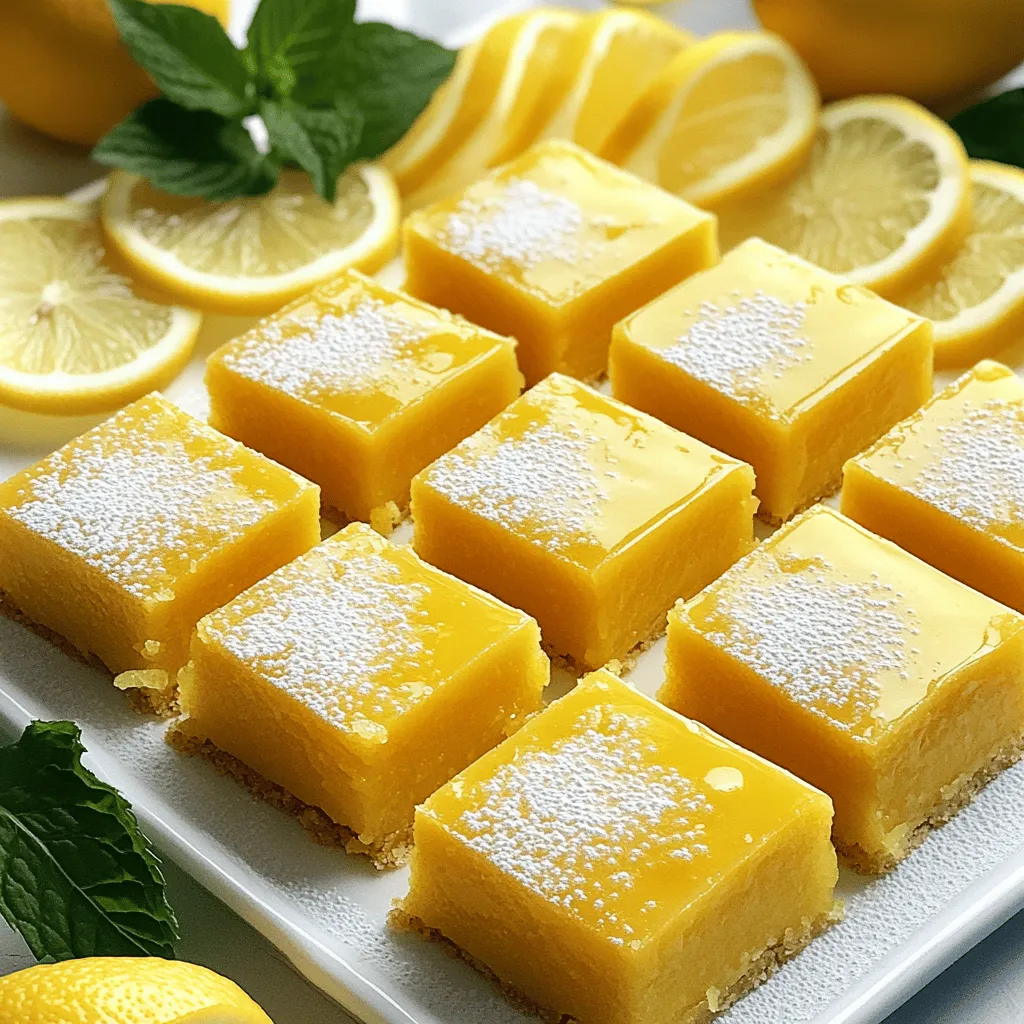 To make the best easy lemon bars, you need a few key ingredients. Each one plays a role in creating that perfect tangy flavor and smooth texture. Let’s break down what you’ll need: - 1 ½ cups all-purpose flour - 1 cup granulated sugar - ½ cup unsalted butter, softened - 2 large eggs - 1 cup fresh lemon juice (about 4-5 lemons) - Zest of 2 lemons - 2 teaspoons baking powder - ¼ teaspoon salt - Powdered sugar for dusting These ingredients come together to create a wonderful balance of sweet and sour. The fresh lemon juice adds brightness, while the sugar gives the bars their sweetness. The butter provides a rich base, and the flour helps bind everything together. Don't forget the lemon zest! It adds an extra layer of flavor that makes these bars truly special. For the full recipe, check out the details above. 1. Preheat the oven to 350°F (175°C). This helps the bars bake evenly. 2. Grease or line the baking pan. Use a 9x9-inch pan for best results. 3. Combine butter and sugar. Mix these two together until light and fluffy. 1. Incorporate eggs one at a time. This adds richness and helps the batter mix well. 2. Add lemon juice and zest. The juice gives a bright flavor, while zest adds depth. 1. Whisk flour, baking powder, and salt. This ensures even distribution in the batter. 2. Add to wet mixture and mix. Stir gently until just combined; don't overmix. 1. Pour batter into the prepared pan. Spread it evenly for consistent baking. 2. Bake for 20-25 minutes. Look for lightly golden edges and use a toothpick to test. 3. Cool on a wire rack. This step lets the bars set and makes them easier to cut. Follow these steps for a tasty treat. For the full recipe, check the earlier section. Enjoy your baking! To ensure perfect texture, focus on your mixing. Cream the butter and sugar until fluffy. This step adds air, making your lemon bars light. When you mix the eggs, do it one at a time. This helps keep the mixture smooth. Check for doneness with a toothpick. Insert it into the center of your bars. If it comes out clean, they are done. Keep an eye on the edges too. They should be lightly golden when ready. For a lovely presentation, serve your bars on a bright plate. Add thin lemon slices and fresh mint leaves for color. The mint adds a nice touch and a fresh scent. Pair your lemon bars with whipped cream or ice cream. The cool creaminess balances the tangy lemon flavor. It makes each bite even more delightful. Store leftovers in an airtight container. This keeps them fresh and prevents drying out. They can last up to a week in the fridge. If you need to reheat, do it gently. Place them in a warm oven for a few minutes. This way, they stay soft and tasty. For the complete recipe, check out the Full Recipe section. Enjoy your baking! {{image_2}} You can easily make these lemon bars gluten-free. Just substitute the regular flour with a gluten-free flour blend. This swap works well and keeps the bars tasty and tangy. Many brands offer blends that mimic all-purpose flour. This way, everyone can enjoy this treat. To make your lemon bars even more exciting, consider adding berries or nuts. Blueberries or raspberries can add a fruity burst. Chopped almonds or walnuts bring a crunchy texture. You can also incorporate herbs like lavender or rosemary for a unique twist. These flavors add depth and a fun surprise to each bite. Pair your lemon bars with refreshing beverages. I suggest iced tea or lemonade to complement their zesty flavor. A scoop of vanilla ice cream also pairs nicely, adding creaminess to the tangy bars. For a festive touch, serve them with mini fruit tarts or a light fruit salad. These combinations create a delightful dessert spread. To make easy lemon bars, gather your ingredients and follow these steps. This recipe combines tart lemon flavor with a sweet crust. You will love the balance of taste. - Prep Time: 15 minutes - Total Time: 45 minutes - Servings: 16 bars 1. Preheat your oven to 350°F (175°C). 2. Prepare a 9x9-inch baking pan with grease or parchment paper. 3. Mix softened butter with granulated sugar until fluffy. 4. Add eggs one at a time, mixing well. 5. Stir in lemon zest and juice. 6. Combine flour, baking powder, and salt in another bowl. 7. Mix dry ingredients into the wet mix. 8. Pour the batter into the pan. 9. Bake for 20-25 minutes until golden. 10. Cool, dust with powdered sugar, and cut into bars. Follow the Full Recipe to enjoy these zesty treats! You can tell lemon bars are done by checking the edges. They should be lightly golden. Insert a toothpick in the center. If it comes out clean, they are ready. The bars will also firm up as they cool. Don’t worry if they seem a bit jiggly; they will set as they cool. You can use bottled lemon juice, but fresh is better. Fresh lemon juice has a brighter flavor. Bottled juice often contains preservatives and tastes less vibrant. If you have fresh lemons, use them! The zest from the lemons adds extra flavor. Always choose fresh when possible for the best results. Store lemon bars in an airtight container. This keeps them fresh longer. They can last for about four days in the fridge. Make sure they are fully cooled before you store them. You can also cover them with plastic wrap. This prevents them from drying out. Yes, you can freeze lemon bars! First, let them cool completely. Cut them into squares or bars. Wrap each piece in plastic wrap. Then, place them in a freezer bag. They can last up to three months in the freezer. When you want to eat them, thaw in the fridge overnight. In this article, we explored how to make delicious lemon bars. You learned about the key ingredients and followed step-by-step instructions from mixing to baking. I shared tips for perfect texture and serving ideas, plus options for gluten-free and flavorful twists. Remember, using fresh lemon juice gives the best flavor. With the right storage, these bars can stay tasty for days. Enjoy your baking journey, and share these treats with friends. Let the bright, zesty flavor shine in every bite.